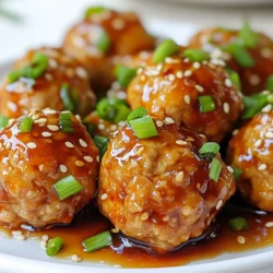 For the base of the meatballs, you will need: - 1 lb ground turkey - 1/2 cup panko bread crumbs - 1 large egg These ingredients create a tasty and tender meatball. Ground turkey is lean and healthy. Panko adds a nice crunch. The egg helps bind everything together. Next, we add flavor with: - 1/4 cup finely chopped green onions - 2 cloves garlic, minced - 1/4 cup grated carrot The green onions bring a fresh taste. Garlic adds depth with its rich aroma. Grated carrot gives sweetness and moisture, making the meatballs soft. For the teriyaki sauce, gather: - 1/4 cup soy sauce - 2 tablespoons honey - 1 tablespoon sesame oil - 1 tablespoon fresh ginger, grated - Salt and pepper to taste - Sesame seeds for garnish The soy sauce is salty and savory. Honey adds sweetness that balances the salt. Sesame oil gives a nutty flavor. Grated ginger adds warmth and spice. Don’t forget sesame seeds for a crunchy finish! {{ingredient_image_1}} To start, grab a large bowl. In it, mix 1 pound of ground turkey with 1/2 cup of panko bread crumbs. Add 1/4 cup of finely chopped green onions and 2 minced garlic cloves. Then, include 1/4 cup of grated carrot. This adds sweetness and color. Next, crack in 1 large egg. Season everything with salt and pepper to taste. Use your hands to mix the ingredients well. You want a uniform mixture, so ensure everything is combined. Now, preheat your oven to 400°F (200°C). After mixing, shape the turkey mixture into 1-inch meatballs. Place the meatballs on a baking sheet lined with parchment paper. Make sure they have space between them. This helps them cook evenly. Drizzle half of the teriyaki sauce over the meatballs. This adds flavor while they bake. Put the baking sheet in the oven and bake for 18-20 minutes. The meatballs are done when their internal temperature hits 165°F (74°C). Once the meatballs are baked, move them to a saucepan. Pour the remaining teriyaki sauce over them. Heat on low for 2-3 minutes. This allows the meatballs to soak up the sauce. Stir gently to coat each meatball well. Afterward, they are ready to serve. Garnish them with sesame seeds and more green onions if you like. Enjoy your delicious teriyaki turkey meatballs! To keep your meatballs moist, use ground turkey with some fat. A mix of dark and light meat works well. Add panko bread crumbs and egg, as they trap moisture. Also, do not overmix the meat. This can make the meatballs tough. Form them gently and keep them round. Accurate measuring is key to great meatballs. Use a dry measuring cup for panko and vegetables. For liquids like soy sauce and honey, use a liquid measuring cup. When measuring sticky ingredients, spray the cup with cooking oil first. This helps them slide out easily. Preheat your oven to 400°F (200°C) for best results. Bake your meatballs for 18-20 minutes. Use a meat thermometer to check the internal temperature. It should reach 165°F (74°C). If you want, you can simmer them in sauce for a few minutes after baking. This step adds flavor and keeps them juicy. Pro Tips Use a Meat Thermometer: Ensure your meatballs are cooked to a safe internal temperature of 165°F (74°C) for the best texture and safety. Chill the Mixture: If the turkey mixture feels too sticky, chill it in the fridge for about 15 minutes before forming the meatballs for easier handling. Experiment with Flavor: Feel free to add other ingredients like chopped bell peppers or cilantro to the meatball mixture for added flavor and texture. Make Ahead: You can prepare the meatballs in advance and freeze them. Bake from frozen, adding a few extra minutes to the cooking time. {{image_2}} If you want to switch up the meat, ground chicken works well. It has a similar flavor and texture. You can also use ground pork for a richer taste. If you prefer beef, lean ground beef is a great choice too. Each option will give you a unique flavor while keeping the dish fun. You can easily change the teriyaki sauce. Try adding a splash of rice vinegar for a tangy kick. If you want more spice, add some red pepper flakes. You can also use a store-bought teriyaki sauce if you’re short on time. For a sweeter sauce, increase the honey amount. Each tweak can change the taste and make it exciting. To make these meatballs vegetarian or vegan, use lentils or chickpeas instead of turkey. Mash them up and mix with the same bread crumbs and veggies. For a vegan sauce, combine soy sauce, maple syrup, and garlic. This way, you can enjoy the same flavors while keeping it plant-based. After enjoying your teriyaki turkey meatballs, let them cool down. Place any leftovers in an airtight container. Store them in the fridge for up to four days. This keeps the flavors intact and the meatballs fresh. Freezing is a great way to save time. First, let the meatballs cool completely. Arrange them in a single layer on a baking sheet. Freeze them for an hour until firm. Then, transfer the meatballs to a freezer bag. They can stay frozen for up to three months. Just label the bag with the date for easy tracking. To reheat the meatballs, you have a few options. For a quick method, use the microwave. Place them on a microwave-safe plate, cover, and heat for about one to two minutes. If you prefer a crispy texture, reheat in an oven set to 350°F (175°C). Bake them for about ten minutes. This will warm them through while keeping them tasty. Enjoy your meal! Yes, you can use regular ground meat. Beef or chicken works well. Both options will change the flavor. Turkey is leaner, which makes it a great choice. You can adjust the cooking time based on the meat used. Always check that the meatballs reach 165°F (74°C) for safety. Teriyaki turkey meatballs pair well with many sides. Here are some ideas: - Steamed rice or fried rice - Stir-fried vegetables - Asian slaw with a light dressing - Noodles tossed in sesame oil - A fresh cucumber salad These sides add color and flavor to your meal. They balance the sweet and savory taste of the meatballs. To make teriyaki turkey meatballs gluten-free, swap soy sauce for tamari. Tamari is a gluten-free soy sauce alternative. Use gluten-free panko bread crumbs instead of regular ones. Check the labels on all products to be sure they are gluten-free. With these swaps, you can enjoy the same great flavor. These teriyaki turkey meatballs are easy and fun to make. You learned about key ingredients, mixing, and baking steps. I shared tips to keep meatballs moist and precise measurements for success. We explored tasty variations and storage tips to save leftovers. Try these meatballs with your favorite sides or adapt them to fit your needs. Enjoy your cooking adventure!