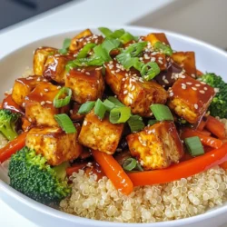 - 14 oz firm tofu, pressed and diced - 1 red bell pepper, sliced - 1 cup broccoli florets - 1 carrot, julienned - 3 green onions, chopped - 2 cloves garlic, minced - 1 tablespoon fresh ginger, grated - 2 tablespoons vegetable oil - 2 tablespoons cornstarch - ¼ cup homemade teriyaki sauce - Sesame seeds for garnish - Cooked rice or quinoa for serving - For tofu, you can use tempeh or seitan. Both give a nice texture. - Swap veggies to your liking. Try snap peas or zucchini for a change. - Use gluten-free soy sauce to make the teriyaki sauce gluten-free. This keeps the flavor but makes it safe for gluten-sensitive folks. {{ingredient_image_1}} Start by making your teriyaki sauce. In a bowl, combine the following: - ¼ cup soy sauce - 2 tablespoons brown sugar - 1 tablespoon rice vinegar - 1 teaspoon sesame oil - 1 teaspoon cornstarch Whisk these ingredients together until smooth. This sauce will add great flavor. Set it aside for later. Next, we need to prepare the tofu. Press the tofu for about 15 minutes. This removes extra moisture. Once pressed, cut the tofu into bite-sized cubes. Now, coat the diced tofu with 2 tablespoons of cornstarch in a bowl. Toss gently until each piece is covered. This step helps the tofu get crispy when cooked. Heat 1 tablespoon of vegetable oil in a large skillet or wok over medium-high heat. Once the oil is hot, add the coated tofu cubes. Cook for about 5-7 minutes. Turn the tofu occasionally until it looks golden and crispy. When done, remove the tofu and set it aside. In the same skillet, add another tablespoon of oil. Now, toss in the sliced red bell pepper, broccoli florets, and julienned carrot. Sauté these vegetables for about 4-5 minutes. You want them tender but still bright and crunchy. Next, add the minced garlic and grated ginger. Cook for an additional minute until you smell that delicious aroma. Return the crispy tofu to the skillet. Pour the teriyaki sauce over the mixture. Toss everything together to coat well. Cook for another 2-3 minutes until the sauce thickens slightly. Finally, stir in the chopped green onions. Give it one last toss before you take it off the heat. Serve your stir fry hot over cooked rice or quinoa. Don’t forget to sprinkle sesame seeds on top for a nice finish! Tofu can be soft and soggy if you don’t press it. Pressing is key. It removes extra water. This helps the tofu get crispy when cooked. Press the tofu for about 15 minutes. Use a clean towel and a heavy object. Once pressed, cut it into bite-sized cubes. For even cooking, coat the tofu in cornstarch. Toss the cubes well until they are covered. This coating makes a crunchy crust. Cook the tofu in a hot pan. Use medium-high heat and don’t overcrowd the pan. Cook until golden brown, about 5-7 minutes. To boost the flavor, you can add extra seasonings. Try a splash of soy sauce or a hint of chili flakes. These can add depth and heat to your dish. Timing is also crucial. Add garlic and ginger after the veggies are soft. This way, they release their flavor without burning. Cook them for just one minute. This brings out the best taste without losing the fresh notes. For a beautiful plate, use deep bowls. Arrange the colorful veggies and crispy tofu nicely. Garnish with green onions and sesame seeds. This adds a nice pop of color and crunch. Serve your stir fry over rice or quinoa. Both options soak up the sauce well. Quinoa adds a nutty flavor, while rice is classic. Enjoy your meal hot for the best taste and texture! Pro Tips Press your tofu well: Ensure you press the tofu for at least 15 minutes to remove excess moisture. This step helps achieve a firmer texture and better crispiness when cooked. Coat evenly with cornstarch: Toss the diced tofu in cornstarch until evenly coated. This creates a crispy outer layer that enhances the overall texture of the dish. Don’t overcrowd the pan: When frying the tofu, make sure not to overcrowd the skillet. Cook in batches if necessary to allow for even cooking and crispiness. Customize your veggies: Feel free to substitute or add any seasonal vegetables you have on hand. Snap peas, bok choy, or zucchini would work wonderfully in this stir fry. {{image_2}} You can switch the tofu for tempeh or seitan. Both have unique flavors and textures. Tempeh is made from fermented soybeans. It adds a nutty taste and is packed with protein. Seitan is made from wheat gluten. It has a chewy texture that many find similar to meat. If you prefer meat, chicken or shrimp work well too. Chicken adds a mild flavor that absorbs the sauce. Shrimp cooks quickly, bringing a sweet taste to your stir fry. Both protein options can make your meal more filling. Feel free to swap in seasonal vegetables. For spring, use snap peas or asparagus. In summer, add zucchini or bell peppers. Fall brings great options like Brussels sprouts. Winter vegetables, like carrots and kale, also shine in this dish. You can also use frozen vegetables. They are quick and easy. Just make sure to thaw them before cooking. They may lose some crunch, but they still taste great. Want more heat? Try adding chili paste or sriracha for spicy teriyaki sauce. You can adjust the spice level to suit your taste. This gives your dish an exciting kick. If you’re short on time, store-bought teriyaki sauce is an option. Just be sure to check the label for added sugars. Some brands have lower sodium options, too. You can still enjoy a tasty meal without all the fuss. To store your Teriyaki Tofu Stir Fry, let it cool first. Place it in an airtight container. This helps keep the flavors fresh. Your leftovers will stay good in the fridge for 3 to 4 days. If you want to keep it longer, consider freezing. When reheating, I recommend using a skillet. Heat it over medium heat. Add a splash of water or oil to help with steam. This keeps the tofu crispy. Avoid using a microwave because it can make the tofu soggy. Stir frequently until heated through. You can freeze this stir fry for up to 3 months. Place it in a freezer-safe container. When you are ready to eat, thaw it overnight in the fridge. For quick thawing, use the microwave on defrost mode. After thawing, reheat in a skillet for the best texture. Enjoy your tasty meal again! Yes, Teriyaki Tofu Stir Fry is vegan. The main ingredients are plant-based. - Tofu: This is a great source of protein. - Vegetables: Red bell pepper, broccoli, carrot, and green onions add color and nutrients. - Teriyaki sauce: Made with soy sauce, brown sugar, rice vinegar, sesame oil, and cornstarch. This dish is healthy and full of flavor! Yes, you can make this dish gluten-free. The key is to use gluten-free soy sauce. - Look for tamari: This is a popular gluten-free soy sauce. - Check labels: Some brands offer gluten-free options. By swapping the soy sauce, you can enjoy this dish without gluten. Making homemade teriyaki sauce is simple and quick. Here’s how: 1. Combine ¼ cup soy sauce (or tamari) in a bowl. 2. Add 2 tablespoons brown sugar. 3. Mix in 1 tablespoon rice vinegar. 4. Stir in 1 teaspoon sesame oil. 5. Finally, add 1 teaspoon cornstarch. Whisk until smooth. This sauce adds a tasty sweet and salty flavor to your stir fry! In this post, we covered how to make a delicious teriyaki tofu stir fry. You learned about the main ingredients, optional additions, and easy substitutions. I guided you through step-by-step instructions for preparing the sauce, tofu, and vegetables. I shared tips for the best results and discussed variations to suit your taste. Finally, we talked about storing and reheating your dish. This stir fry is not only tasty but also adaptable. Enjoy experimenting with flavors and ingredients in your cooking journey!