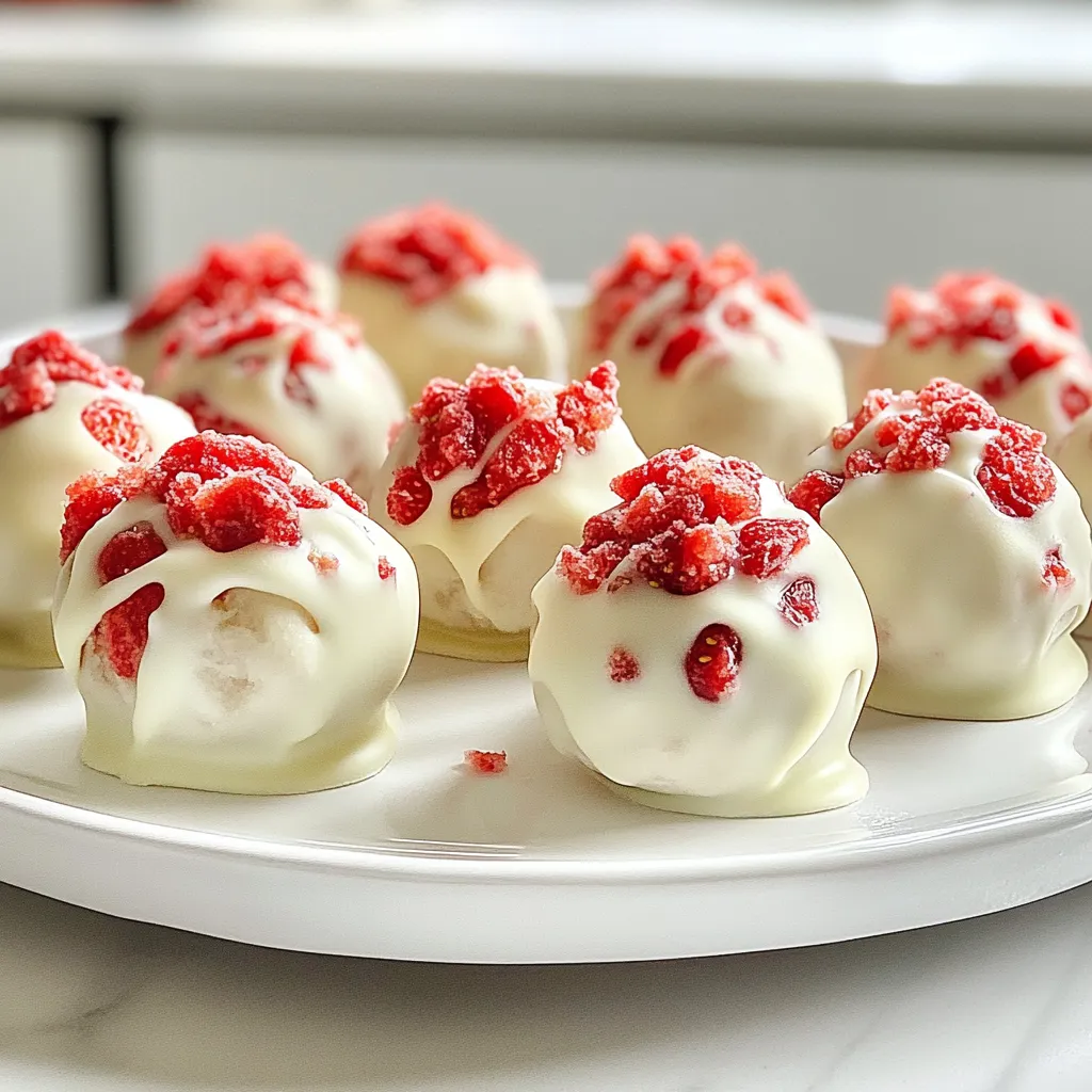 To make Strawberry Shortcake Truffles, you need a few simple ingredients. Each one adds to the flavor and texture. Here’s what you should gather: - Fresh Strawberries - Vanilla Cake Crumbs - Cream Cheese - Powdered Sugar - Vanilla Extract - White Chocolate Chips - Coconut Oil - Freeze-Dried Strawberries for Coating Fresh strawberries are key. They bring a sweet, juicy burst to each truffle. Vanilla cake crumbs add a light and fluffy base. Cream cheese gives a rich, creamy texture. Powdered sugar sweetens the mix without being grainy. Vanilla extract enhances the overall flavor. White chocolate chips provide a smooth coating. Coconut oil helps the chocolate melt evenly and adds a hint of coconut. Freeze-dried strawberries give a crunchy, fruity finish. Having these ingredients ready makes the process smooth and fun. You’ll enjoy making these delightful treats! {{ingredient_image_1}} - Combining Strawberries and Other Ingredients Start by taking your fresh strawberries. Chop them into small bits. In a large bowl, mix the chopped strawberries with cake crumbs, cream cheese, powdered sugar, and vanilla extract. Use a spatula to blend everything well. You want to see no lumps! - Achieving the Right Dough-Like Consistency Keep mixing until you form a sticky, dough-like consistency. This is key for shaping the truffles later. If it's too wet, add a bit more cake crumbs. If it's too dry, a splash of cream cheese can help. - Importance of Refrigeration for Firmness Cover the bowl with plastic wrap and place it in the fridge. Chill the mixture for about 30 minutes. This step is important! It helps the mixture firm up, making it easier to roll into balls. - Rolling into Balls Once chilled, take the mixture out. Scoop about a tablespoon of the mixture. Roll it gently between your hands to form a ball. Place each truffle on a parchment-lined baking sheet. Make sure they don’t touch! - Melting White Chocolate and Dipping Process In a microwave-safe bowl, add white chocolate chips and coconut oil. Heat in the microwave in 30-second bursts. Stir well in between each burst. Keep heating until the chocolate is smooth and creamy. - Adding Freeze-Dried Strawberry Coating Dip each truffle into the melted chocolate. Let any extra chocolate drip off. Immediately roll the truffle in crushed freeze-dried strawberries. This adds a fruity touch and a nice crunch. Place the coated truffles back on the parchment. Let them set at room temperature, or chill them briefly to speed up the hardening process. To make great strawberry shortcake truffles, you need fresh strawberries. Look for berries that are bright red. They should feel firm and have a sweet smell. Avoid any berries with soft spots or mold. If you can, buy organic strawberries. They have better flavor and are safer to eat. A smooth chocolate coating makes your truffles look nice. First, use quality white chocolate chips for the best taste. When melting the chocolate, use a microwave. Heat it in 30-second bursts. Stir in between each burst to prevent burning. Add coconut oil to help the chocolate flow better. This will give you a nice, smooth finish. Presenting your truffles well makes them even more special. Use a pretty plate or a gift box. You can even add a few whole strawberries for color. Store your truffles in an airtight container. Keep them in the fridge to stay fresh. They can last up to a week, but I doubt they will last that long! Pro Tips Use Fresh Strawberries: For the best flavor, always opt for fresh, ripe strawberries. They will enhance the taste and texture of your truffles. Chill the Mixture: Refrigerating the truffle mixture for at least 30 minutes makes it easier to roll into balls and helps them hold their shape when dipped in chocolate. Melting Chocolate Tips: When melting white chocolate, do it slowly in 30-second intervals to prevent burning. Stir well between each interval until smooth. Coating Options: While crushed freeze-dried strawberries are delicious, you can also use crushed graham crackers or chopped nuts for a different flavor and texture. {{image_2}} You can create many tasty variations of strawberry shortcake truffles. Try using chocolate cake crumbs instead of vanilla. This change gives a rich, deep chocolate flavor. You can mix in other fruits too. Blueberries or raspberries add a fun twist. Even lemon zest can brighten the truffles. Think about adding some almond extract for a nutty taste. You can blend flavors to make it your own! You can switch up the coating for your truffles. Instead of crushed freeze-dried strawberries, try crushed nuts. Chopped almonds or hazelnuts add a crunchy texture. You could also use graham cracker crumbs for a classic shortcake feel. For a fun twist, try rolling them in cocoa powder or coconut flakes. These options will give each bite a unique flair. If you need vegan truffles, swap the cream cheese for a plant-based option. Use coconut cream or vegan cream cheese instead. For a gluten-free version, ensure your cake crumbs are gluten-free. You can use almond flour or gluten-free cake mixes. This way, everyone can enjoy your delicious truffles without worry. You can store your strawberry shortcake truffles in two ways: refrigeration or freezing. If you plan to eat them soon, keep them in the fridge. They stay fresh for about a week when chilled. Place them in an airtight container to keep out moisture. If you want to save some for later, freezing is a great option. Just make sure they are fully set before freezing. This helps them keep their shape and texture. How long can they last? When stored correctly in the fridge, truffles can last up to one week. In the freezer, they can last for about three months. The key is to make sure they stay airtight. This prevents freezer burn and keeps them tasting fresh. To keep your truffles fresh, use an airtight container. This helps keep out air and moisture. If you stack them, place parchment paper between layers to avoid sticking. When ready to eat, let them sit at room temperature for a few minutes. This will help soften them for the best taste and texture. Yes, you can use frozen strawberries. However, they may change the texture. When strawberries freeze, they release water as they thaw. This can make your truffles a bit soggy. To avoid this, drain any excess water after thawing. You might need to add more cake crumbs to maintain the right consistency. To prevent chocolate from seizing, use good quality chocolate. Also, ensure your bowl and utensils are dry. Water can cause chocolate to clump. Heat the chocolate slowly in the microwave. Stir often while melting. If your chocolate does seize, add a tiny bit of vegetable oil to smooth it out. You can find ready-made truffles at specialty candy shops or gourmet stores. Some well-known brands also offer them online. Check stores like Whole Foods, Trader Joe's, or local bakeries. They often have unique flavors or seasonal treats to try. Making strawberry shortcake truffles is simple and fun. We started with fresh strawberries and a mix of tasty ingredients. You learned how to prepare the strawberry mixture, chill it, and form the truffles. You also explored flavor twists and ways to store them. In the end, enjoy these treats at home or share them with friends. With a bit of practice, you can impress everyone with your skills. So, roll up your sleeves and create your own delicious truffles today!