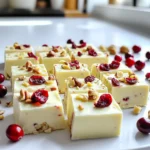 To make this fudge, you need a few key ingredients. Here’s what you will need: - 2 cups white chocolate chips - 1 (14-ounce) can sweetened condensed milk - 1 teaspoon vanilla extract - 1 ½ cups dried cranberries, roughly chopped - ½ cup chopped walnuts or pistachios (optional) - 1 pinch salt These ingredients create a rich and creamy fudge. The white chocolate gives it a sweet taste, while the cranberries add a tart touch. The salt balances the flavors. You can customize your fudge for fun. Here are some tasty ideas: - Add a sprinkle of sea salt on top. - Mix in some orange zest for a citrus kick. - Swap in dried cherries or apricots for a flavor twist. - Use almonds or pecans instead of walnuts or pistachios. These add-ins can change the fudge’s taste and texture. Feel free to get creative! If you need to swap ingredients, you have options. Here are some ideas: - Use white chocolate bars instead of chips. Just chop them up. - Replace sweetened condensed milk with coconut milk. This option is great for dairy-free fudge. - For a nut-free version, leave out the nuts. These substitutions can help you make fudge that fits your needs. Enjoy experimenting with your ingredients! First, you need to get your pan ready. Take an 8-inch square baking pan. Line it with parchment paper. Let the paper hang over the sides. This makes it easy to lift out the fudge later. Spray the parchment lightly with non-stick cooking spray. This step helps the fudge not stick. Next, we melt the white chocolate. Grab a medium-sized saucepan. Add 2 cups of white chocolate chips and one can of sweetened condensed milk. Set the heat to low. Stir the mixture often. Keep stirring until the chocolate is smooth and creamy. This should take about 5 minutes. Make sure it does not burn by keeping the heat low. Now, it’s time to add flavor. Remove the pan from heat. Stir in one teaspoon of vanilla extract. Add a pinch of salt to boost the taste. Mix well. After that, fold in 1 ½ cups of chopped dried cranberries. If you like, add ½ cup of chopped walnuts or pistachios. Make sure everything is evenly mixed. Pour the fudge mixture into your prepared baking pan. Use a spatula to spread it evenly. Place the pan in the fridge for about 2 hours. This helps the fudge set and become firm. Once it’s set, lift the fudge out using the parchment paper. Place it on a cutting board. Cut it into squares or rectangles. Enjoy your delicious white chocolate cranberry fudge! When making white chocolate cranberry fudge, avoid these common mistakes: - Not Using Low Heat: Melt the chocolate on low heat. High heat can burn it. - Skipping the Salt: A pinch of salt enhances the sweet flavor. Don’t skip it. - Overmixing: Mix the cranberries and nuts gently. Overmixing can make the fudge tough. To boost flavor, try these tips: - Add Zest: A bit of orange zest can add a fresh twist. - Use Quality Chocolate: Choose high-quality white chocolate chips for the best taste. - Experiment with Extracts: Try almond or coconut extract for a unique flavor. Make your fudge look as good as it tastes: - Use a Platter: Arrange the fudge squares on a pretty platter. - Garnish: Top with extra chopped cranberries or nuts for color and texture. - Wrap for Gifts: Wrap pieces in cellophane with a ribbon for a lovely gift. {{image_2}} You can change up the nuts or fruits in this fudge. Use different nuts like almonds, pecans, or cashews. Each nut will add a new flavor and texture. If you prefer dried fruits, try cherries, blueberries, or apricots. They will give the fudge a unique taste. Just make sure to chop them to mix well in the fudge. While I love white chocolate in this recipe, you can swap it for semisweet or dark chocolate. This change will give the fudge a richer flavor. Keep in mind that using dark chocolate will make the fudge less sweet. Adjust the sweetened condensed milk if you want to balance the taste. If you want a dairy-free fudge, use dairy-free white chocolate chips. Many brands offer great options. Instead of sweetened condensed milk, use coconut milk or almond milk with a thickener like cornstarch. This will help you achieve that creamy texture. Your fudge will taste just as good without dairy! To keep your white chocolate cranberry fudge fresh, store it in an airtight container. Place parchment paper between layers to prevent sticking. Keep it in a cool, dry place away from sunlight. If it’s warm, the fridge is a good option. Just remember to let it sit at room temperature before serving. This way, it will be soft and easy to cut. When stored correctly, fudge lasts about one week at room temperature. In the fridge, it can stay fresh for up to two weeks. If you notice any change in texture or smell, it's best to toss it. The fudge may not spoil quickly, but always check before you indulge. You can freeze white chocolate cranberry fudge for longer storage. First, cut it into squares. Wrap each piece in plastic wrap tightly. Then, place them in a freezer-safe bag or container. This keeps them fresh for up to three months. When you’re ready to enjoy, just move the fudge to the fridge overnight to thaw. Enjoy the creamy goodness once again! Yes, you can use chocolate chips. They melt well and work great. Just ensure you choose good-quality white chocolate chips. They give a creamy texture. You can use coconut milk and sugar. Mix one cup of coconut milk with 1/3 cup of sugar. Cook it until it thickens. This gives a similar taste and texture. To cut the sweetness, reduce the white chocolate. Try adding a bit of unsweetened cocoa powder. You can also mix in salty nuts or sprinkle some sea salt on top. Use a sharp knife warmed under hot water. Wipe it dry before cutting. This helps the knife glide through the fudge easily. You can also spray the knife with cooking spray for extra help. You now have all the skills to make white chocolate cranberry fudge. We covered essential ingredients, fun add-ins, and easy instructions. You learned tips to avoid mistakes and ways to customize your fudge. Remember, you can swap ingredients and try different flavors. Store your fudge properly for the best taste. Get creative and enjoy sharing this treat with family and friends. Happy baking!