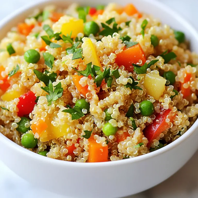 For this dish, you need 1 cup of quinoa. Rinse it well under cold water. This step removes any bitterness. You will use a mix of colorful veggies. Gather the following: - 1 medium onion, finely chopped - 4 cloves of garlic, minced - 1 carrot, diced - 1 red bell pepper, diced - 1 cup of frozen peas These vegetables add flavor and nutrition. To bring out the taste, you will need: - 3 tablespoons of olive oil - 1 teaspoon of lemon zest - 2 tablespoons of fresh lemon juice - Salt and pepper to taste - Fresh parsley, chopped for garnish The lemon zest and juice brighten the dish. The parsley adds a nice touch at the end. {{ingredient_image_1}} First, take 1 cup of rinsed quinoa. Rinse it well under cold water to remove any bitterness. In a saucepan, bring 2 cups of vegetable broth to a boil. Add the quinoa and cover the pan. Lower the heat and let it simmer for 15 minutes. The quinoa should absorb all the liquid. After cooking, remove it from heat and let it sit for 5 minutes. Fluff the quinoa with a fork before serving. In a large skillet, heat 3 tablespoons of olive oil over medium heat. Add 1 medium chopped onion. Sauté it until it turns translucent, which takes about 3 to 4 minutes. Next, stir in 4 minced garlic cloves. Cook for another 1 to 2 minutes. You want the garlic to smell great but not burn. Then, add 1 diced carrot and 1 diced red bell pepper. Sauté these vegetables for 5 minutes until they start to soften. After that, mix in 1 cup of frozen peas. Cook for another 2 to 3 minutes, stirring every so often. Now, it’s time to mix everything together. Fold the cooked quinoa into the skillet with the sautéed vegetables. Add 1 teaspoon of lemon zest and 2 tablespoons of fresh lemon juice. Stir everything well to combine. Don’t forget to season with salt and pepper to taste. Finally, remove the skillet from heat and garnish with fresh chopped parsley before serving. Enjoy your flavorful Lemon Garlic Quinoa Pilaf! To make fluffy quinoa, start with rinsed grains. Rinsing helps remove the bitter coating. Use a ratio of 1 cup quinoa to 2 cups broth. This gives great flavor and moisture. Bring the broth to a boil before adding quinoa. Cover and reduce heat to a simmer. Let it cook for about 15 minutes. Once the liquid is gone, let it sit for 5 minutes. Finally, fluff it with a fork for perfect texture. You can easily boost flavor with extra ingredients. Try adding herbs like thyme or basil. Fresh herbs add brightness and depth. You can also include nuts or seeds for crunch. Toasted almonds or pine nuts work well. For a kick, add a pinch of red pepper flakes. These small changes make a big difference in taste. If you are short on time, there are quick options. Use a rice cooker or Instant Pot for cooking quinoa. It saves time and effort. You can also prepare the veggies ahead of time. Chop them on the weekend and store in the fridge. This way, you can quickly sauté them after cooking quinoa. Keep it simple and delicious even on busy nights. Pro Tips Rinse Your Quinoa: Always rinse quinoa under cold water before cooking to remove its natural coating, called saponin, which can impart a bitter taste. Customize Your Veggies: Feel free to substitute or add your favorite vegetables. Zucchini, spinach, or mushrooms can be great additions! Make It Ahead: This pilaf can be made in advance and stored in the fridge for up to 4 days. It also freezes well for up to a month! Boost the Flavor: For an extra flavor punch, consider adding a splash of white wine to the vegetable sauté process before adding the quinoa. {{image_2}} You can boost the protein in Lemon Garlic Quinoa Pilaf easily. Think about adding cooked chicken, shrimp, or tofu. Each choice pairs well with the flavors. For chicken, use shredded rotisserie chicken. For shrimp, just sauté them until they turn pink. If you choose tofu, press it first, then cube and sauté until golden. This adds texture and keeps your meal filling. Good news! Quinoa is already gluten-free. This dish is safe for gluten-sensitive diets. If you use vegetable broth, check the label to ensure no gluten is present. You can also add gluten-free sauces for extra flavor. Tamari is a great choice if you want a soy sauce option. You can change the flavor of this pilaf with herbs and spices. Fresh herbs like basil or dill can brighten the dish. For a spicy kick, add red pepper flakes or cayenne pepper. You can also try smoked paprika for a deeper flavor. Mixing in a teaspoon of cumin or curry powder gives an interesting twist. Experiment to find your favorite blend! After you make Lemon Garlic Quinoa Pilaf, let it cool down. Place leftovers in an airtight container. Store them in the fridge for up to three days. Make sure to label the container with the date. To reheat, you can use a microwave or a stove. If using a microwave, place the pilaf in a bowl. Add a splash of water to keep it moist. Heat it for one to two minutes, stirring halfway through. If using a stove, put the pilaf in a skillet over low heat. Stir it often until it warms up. You can freeze this pilaf for later. First, let it cool completely. Then, pack it in a freezer-safe container. It can last up to three months in the freezer. When you're ready to eat, thaw it in the fridge overnight. Reheat as mentioned above. Yes, you can make Lemon Garlic Quinoa Pilaf in advance. Cooked quinoa keeps well in the fridge. Store it in an airtight container for up to five days. When you are ready to eat, just reheat it on the stove or in the microwave. If you need a substitute for quinoa, you have options. Rice is a simple choice. You can also use couscous or farro. Each grain has a different texture and taste, so pick what you enjoy most. Yes, this recipe is vegan-friendly. All the ingredients come from plants. You use vegetable broth, olive oil, and fresh veggies. This dish is perfect for those who follow a vegan diet. To add spice, consider using red pepper flakes. You can also add diced jalapeños or a dash of hot sauce. Adjust the amount based on your heat tolerance. This way, you can make your pilaf as spicy as you like! You can create a tasty and easy Lemon Garlic Quinoa Pilaf with the right ingredients. We discussed quinoa, fresh veggies, and how seasonings bring flavor to the dish. I provided simple steps for prepping, sautéing, and combining the ingredients. You learned tips for perfect quinoa and ways to add proteins or flavors. Remember, you can store leftovers and even freeze them for quick meals. This recipe is flexible and fits many diets. Explore variations to match your taste. Enjoy your cooking!