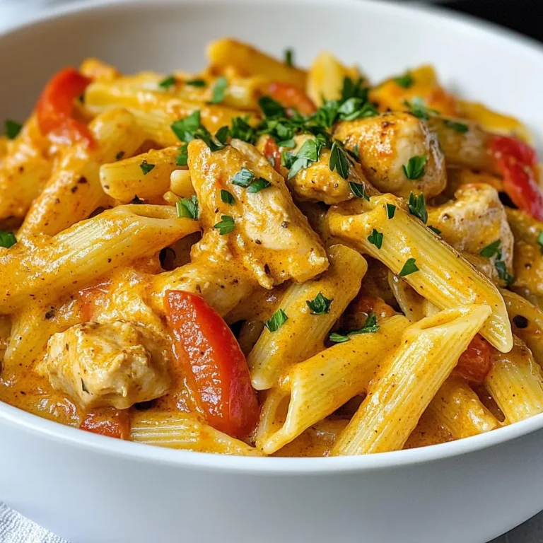 To make Creamy Cajun Chicken Penne, you will need the following main ingredients: - 12 oz penne pasta - 2 tablespoons olive oil - 1 pound chicken breast, cut into bite-sized pieces - 1 bell pepper (red or yellow), sliced - 1 small onion, diced - 3 cloves garlic, minced - 1 cup heavy cream - 1 cup chicken broth - ½ cup grated Parmesan cheese - Salt and pepper to taste These ingredients form the base of your dish. The penne pasta gives it texture, while the chicken offers protein. The bell pepper, onion, and garlic add great flavor. Next, you will need some key seasonings to elevate your dish: - 2 tablespoons Cajun seasoning Cajun seasoning is the star here. It brings heat and depth. Feel free to adjust the amount to match your spice level. Salt and pepper should be added according to your taste. Finally, let’s talk about garnishing options to make your dish pop: - Chopped parsley for garnish Chopped parsley adds a fresh touch. You can also add more grated Parmesan or a sprinkle of Cajun seasoning on top for color. This finishing touch makes your plate look even more appetizing! {{ingredient_image_1}} To start, bring a large pot of salted water to a boil. This step is key. Once it boils, add 12 oz of penne pasta. Cook it based on the package instructions until it’s al dente. This means it should be firm but not hard. When done, drain the pasta and set it aside. Next, take a large skillet and heat 2 tablespoons of olive oil over medium-high heat. Season 1 pound of chicken breast, cut into bite-sized pieces, with 2 tablespoons of Cajun seasoning, salt, and pepper. Once the oil is hot, add the chicken to the skillet. Cook it for about 5-7 minutes. You want it to be golden brown and fully cooked. When it’s done, remove the chicken from the skillet and set it aside. In the same skillet, add 1 sliced bell pepper and 1 small diced onion. Sauté these for about 3-4 minutes until they soften. This adds great flavor. After that, add 3 minced garlic cloves and cook for one more minute. The garlic will start to smell amazing. Now, lower the heat to medium. Pour in 1 cup of chicken broth and 1 cup of heavy cream. Stir everything well to combine. Bring the mixture to a gentle simmer. Let it thicken slightly for about 3-4 minutes. This will be your creamy sauce. Return the cooked chicken to the skillet. Then, add the drained penne pasta. Stir in ½ cup of grated Parmesan cheese and mix until every piece is coated in the sauce. Taste it, and adjust the seasoning with more salt and pepper if needed. Remove the skillet from heat. Before serving, garnish your dish with chopped parsley. This adds a nice touch. Serve the pasta in wide bowls. For extra flair, sprinkle more Parmesan and a bit of Cajun seasoning on top. Enjoy your creamy Cajun chicken penne! To boost flavor, use fresh spices. Fresh garlic and herbs add bright notes. You can also try smoked paprika for extra depth. A squeeze of lemon juice can lift the dish, too. Always taste your sauce before serving. Adjust salt and pepper to fit your liking. One common mistake is overcooking the pasta. Aim for al dente, as it will finish cooking in the sauce. Another mistake is not letting the sauce thicken. Simmer it well to achieve that creamy texture. Also, don’t skip the Parmesan cheese. It adds richness and ties all the flavors together. For this dish, a large skillet is key. It allows even cooking of the chicken and veggies. A pot for boiling pasta is also important. Use a good-quality knife for chopping. Lastly, a wooden spoon works well for stirring. It helps prevent scratches on your skillet, keeping it in great shape. Pro Tips Perfectly Cooked Pasta: Always cook the penne until al dente for the best texture. It will continue to cook slightly when combined with the sauce. Homemade Cajun Seasoning: For a fresher flavor, consider making your own Cajun seasoning blend with paprika, cayenne, garlic powder, and herbs. Thickening the Sauce: If you want a thicker sauce, let it simmer a bit longer or add a cornstarch slurry (1 tablespoon cornstarch mixed with 1 tablespoon water) to achieve the desired consistency. Flavor Boost with Cheese: Experiment with different cheeses! Adding a bit of cream cheese or smoked Gouda can elevate the flavor profile of your dish. {{image_2}} You can switch up the chicken for other proteins. Shrimp works great in this dish. Just sauté the shrimp until pink and tender. You can also use cooked sausage for a heartier flavor. If you prefer, try turkey breast or even tofu for a leaner option. Each choice brings its own taste and texture, making it fun to experiment. To make this dish vegetarian, skip the chicken and use extra veggies. Mushrooms add a meaty texture. Zucchini and spinach also work well. You can replace chicken broth with vegetable broth for a full flavor. Adding chickpeas can increase protein and make the dish filling. This way, you still enjoy a creamy, flavorful meal without meat. If you need a gluten-free meal, use gluten-free penne pasta. Many brands offer tasty options that hold up well in this dish. Ensure your Cajun seasoning is gluten-free too. You can also use cornstarch to thicken the sauce, if needed. These swaps keep the creamy Cajun chicken penne delicious for everyone. To store your creamy Cajun chicken penne, let it cool first. Then, transfer it to an airtight container. It will stay fresh for about three to four days in the fridge. Make sure to label the container with the date. This helps you keep track of how long it has been stored. When you're ready to enjoy your leftovers, there are a few ways to reheat them. You can use a microwave, stovetop, or oven. If using the microwave, place the pasta in a bowl and cover it with a damp paper towel. Heat it in short bursts, stirring in between, until warm. On the stovetop, add a splash of chicken broth to a skillet, then add the pasta. Stir over medium heat until heated through. If you prefer the oven, preheat it to 350°F (175°C). Place the pasta in a baking dish, cover with foil, and heat for about 15-20 minutes. You can freeze creamy Cajun chicken penne for up to three months. To do this, let the pasta cool completely. Then, portion it into freezer-safe containers or bags. Remove as much air as possible before sealing. When you're ready to eat, thaw it overnight in the fridge. Reheat it using one of the methods above for best results. You can use half-and-half or coconut milk for a lighter option. Both give a nice creaminess. If you need a dairy-free choice, try cashew cream. Just blend soaked cashews with water until smooth. Yes, you can use any pasta type you like. Bowtie, fettuccine, or spaghetti all work well. Just remember to adjust cooking times based on the pasta you choose. Cajun seasoning can vary in heat. Some mixes are mild, while others pack a punch. If you're sensitive to spice, start with a little and taste as you go. You can always add more if you like it hot! To make it dairy-free, replace heavy cream with coconut cream or a nut-based cream. Use a dairy-free cheese for the Parmesan. This keeps the dish creamy and rich without dairy. Some great sides include a green salad or garlic bread. Roasted vegetables also make a nice balance. If you want something light, try a simple cucumber salad to cool the spice. This blog post covered the key ingredients and steps to make creamy Cajun chicken penne. We looked at the main ingredients, seasoning, and garnishing. I shared tips to avoid mistakes and offered variations for protein and dietary needs. As you try this dish, remember that practice makes perfect. Enjoy experimenting with flavors and creating your own twist! Have fun cooking and savoring every bite.