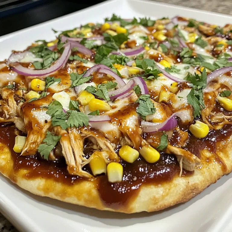 To make BBQ chicken flatbread, gather these ingredients: - 2 cups cooked chicken, shredded - 1/2 cup BBQ sauce (your favorite variety) - 4 flatbreads (store-bought or homemade) - 1 cup shredded mozzarella cheese - 1/2 cup red onions, thinly sliced - 1/2 cup corn kernels (fresh or canned) - 1/4 cup cilantro, chopped (for garnish) - 1 tablespoon olive oil - Salt and pepper to taste You can change up the cheese by using cheddar or pepper jack for extra flavor. For the chicken, try using rotisserie chicken for ease and a great taste. If you want to make it spicy, add jalapeños or hot sauce. You can also switch the flatbread for pita or naan for a different twist. Use black beans instead of corn for added protein and fiber. When picking chicken, choose breast meat that looks moist and not dried out. For the BBQ sauce, taste a few brands to find your favorite. Fresh cheese will give you the best melt, so avoid pre-shredded varieties if you can. Select flatbreads that feel soft and pliable. For veggies, look for bright colors and firm textures. Fresh cilantro should smell fragrant and green. Always check the expiration dates on canned goods and sauces to ensure freshness. {{ingredient_image_1}} 1. First, preheat your oven to 400°F (200°C). This step warms your oven for even cooking. 2. Next, take your cooked chicken and put it in a mixing bowl. Add 1/2 cup of BBQ sauce. Toss the chicken until it’s fully coated. This makes the chicken flavorful. 3. Now, grab your flatbreads. Lightly brush each one with olive oil. Season them with salt and pepper. This adds taste to the base. 4. Place the flatbreads on a baking sheet lined with parchment paper. This keeps them from sticking. 5. Evenly distribute the BBQ chicken mixture over the flatbreads. Make sure every piece gets enough chicken. 6. Sprinkle 1 cup of shredded mozzarella cheese on top of the chicken. This adds a melty, cheesy layer. 7. Add 1/2 cup of thinly sliced red onions and 1/2 cup of corn kernels on each flatbread. They give a nice crunch and sweetness. 8. Bake the flatbreads in your preheated oven for about 10-12 minutes. You want the cheese to melt and bubble. 9. Once done, take them out and let them cool for a couple of minutes. This helps with slicing. 10. Garnish with 1/4 cup of chopped cilantro before slicing them into wedges. Serve warm for the best taste. - Use fresh ingredients for the best flavor. Fresh chicken and veggies make a big difference. - Don’t overload the flatbreads with toppings. This helps them cook evenly. - Bake until the cheese is bubbly and slightly golden. This gives a nice texture. - Let the flatbreads cool slightly before slicing. This helps keep the toppings in place. - Baking sheet: For holding the flatbreads during baking. - Parchment paper: To prevent sticking and make cleanup easy. - Mixing bowl: For combining the chicken and BBQ sauce. - Brush: To apply olive oil to the flatbreads. - Knife: To slice the flatbreads after baking. - Measuring cups: For accurate ingredient amounts. To keep your BBQ chicken flatbread fresh, store it in an airtight container. This helps prevent moisture loss. If you have more than one piece, separate layers with parchment paper. This way, they won't stick together. You can keep it in the fridge for up to three days. If you want to save it for longer, consider freezing it. Wrap each flatbread in plastic wrap and then in foil. This helps keep the flavor and texture intact. Reheating flatbreads can be tricky. To get them warm without getting soggy, use the oven. Preheat your oven to 350°F (175°C). Place the flatbread on a baking sheet. Heat for about 10 minutes. Check that the cheese is melty and the flatbread is warm. You can also use a skillet. Heat it on medium-low and place the flatbread inside. Cover it with a lid for even heating. This keeps the bottom crispy and warms the toppings nicely. One common mistake is using too much BBQ sauce. This can make the flatbread soggy. Use just enough to coat the chicken well. Another mistake is not preheating the oven. This can lead to uneven cooking. Always ensure your oven is hot before baking. Lastly, don't skip the garnishing. Fresh cilantro adds flavor and a vibrant look. Remember, presentation matters! Pro Tips Use Grilled Chicken: For an extra layer of flavor, consider using grilled chicken instead of plain cooked chicken. The smoky taste will enhance your flatbreads significantly. Experiment with BBQ Sauce: Try different varieties of BBQ sauce to find your perfect match. From sweet to spicy, each type can create a unique flavor profile for your flatbreads. Add Vegetables: Incorporate more veggies like bell peppers or jalapeños for added crunch and nutrition. This will elevate the freshness of the dish. Serve with Dipping Sauce: Pair your BBQ chicken flatbreads with a side of ranch or blue cheese dressing for dipping to add a creamy element to each bite. {{image_2}} You can easily make a vegetarian flatbread. Swap the chicken for shredded jackfruit or mushrooms. Both options soak up BBQ sauce well. For a vegan choice, use plant-based cheese or skip cheese altogether. Add more veggies like bell peppers or zucchini for crunch. These swaps keep the dish tasty and filling. Explore different flavors by changing the BBQ sauce. Try a spicy or smoky sauce for a kick. You can also add fruits like pineapple or mango for sweetness. Mix in different cheeses like cheddar or gouda for a rich taste. For herbs, consider basil or mint to freshen the dish. The choices are endless, so have fun! Flatbreads come in many forms. You can use naan, pita, or even whole wheat wraps. Each option gives a unique taste and texture. For a gluten-free choice, look for flatbreads made from almond or coconut flour. Choose what fits your diet and flavor goals. The flatbread is the base, so pick one you love! To keep your BBQ Chicken Flatbread fresh, you have two great options: refrigerating or freezing. If you plan to eat leftovers within a few days, store them in the fridge. Wrap each flatbread tightly in plastic wrap or foil. Place them in an airtight container to keep moisture out. They’ll stay good for about 3-4 days. For longer storage, freezing is the way to go. Place the flatbreads in a freezer-safe bag. Squeeze out excess air before sealing. They can last up to three months in the freezer. To make your BBQ Chicken Flatbread last longer, avoid mixing toppings before storing. Keep the toppings separate until you’re ready to eat. This way, the flatbread stays crisp. You can also use parchment paper between layers if stacking. This keeps them from sticking together. Lastly, always cool your flatbreads completely before storing. This prevents moisture buildup, which can make them soggy. When you're ready to enjoy your leftovers, reheating them well is key. For the best texture, use the oven. Preheat it to 350°F (175°C). Place the flatbreads on a baking sheet for about 10-12 minutes. This warms them through and keeps them crispy. If you’re short on time, you can use the microwave. Heat them on a microwave-safe plate for 30 seconds. Check and add more time as needed. Just remember, the microwave may make the flatbread soft. Yes, you can use store-bought BBQ sauce. It saves time and still tastes great. Just choose your favorite brand. Some sauces are sweeter, while others are tangy. Experiment with different flavors to find what you like best. Great side dishes add balance to your meal. Try these options: - Coleslaw: The crunch pairs well with the flatbread. - Corn on the cob: Sweet and juicy, it complements the BBQ flavor. - Mixed greens salad: A fresh salad adds lightness to the meal. - Potato wedges: Crispy potatoes are always a hit. These sides will enhance your BBQ Chicken Flatbread experience. To change the spice level, add or reduce heat in the BBQ sauce. For mild taste, choose a sweet sauce. For heat, mix in hot sauce or chili powder. You can also add spicy toppings, like jalapeños. Taste as you go to get it just right. In this post, we explored all aspects of making BBQ Chicken Flatbread. We covered essential ingredients, cooking steps, and useful tips for a perfect dish. I shared variations to suit different tastes, along with storage info to keep your leftovers fresh. Remember, using quality ingredients and following my steps will lead to a tasty meal every time. Enjoy experimenting with flavors, and don’t hesitate to make it your own. Happy cooking!