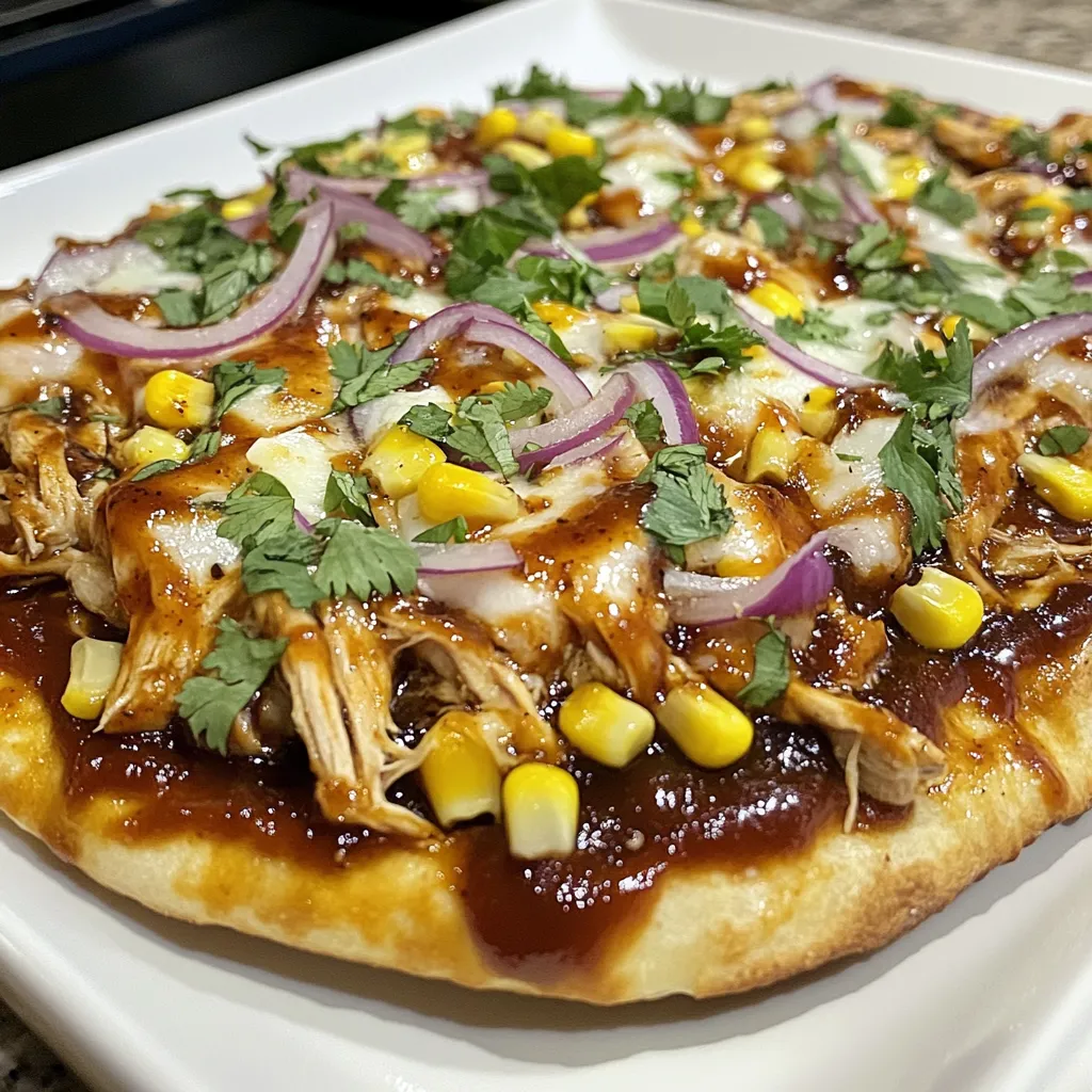 To make BBQ chicken flatbread, gather these ingredients: - 2 cups cooked chicken, shredded - 1/2 cup BBQ sauce (your favorite variety) - 4 flatbreads (store-bought or homemade) - 1 cup shredded mozzarella cheese - 1/2 cup red onions, thinly sliced - 1/2 cup corn kernels (fresh or canned) - 1/4 cup cilantro, chopped (for garnish) - 1 tablespoon olive oil - Salt and pepper to taste You can change up the cheese by using cheddar or pepper jack for extra flavor. For the chicken, try using rotisserie chicken for ease and a great taste. If you want to make it spicy, add jalapeños or hot sauce. You can also switch the flatbread for pita or naan for a different twist. Use black beans instead of corn for added protein and fiber. When picking chicken, choose breast meat that looks moist and not dried out. For the BBQ sauce, taste a few brands to find your favorite. Fresh cheese will give you the best melt, so avoid pre-shredded varieties if you can. Select flatbreads that feel soft and pliable. For veggies, look for bright colors and firm textures. Fresh cilantro should smell fragrant and green. Always check the expiration dates on canned goods and sauces to ensure freshness. {{ingredient_image_1}} 1. First, preheat your oven to 400°F (200°C). This step warms your oven for even cooking. 2. Next, take your cooked chicken and put it in a mixing bowl. Add 1/2 cup of BBQ sauce. Toss the chicken until it’s fully coated. This makes the chicken flavorful. 3. Now, grab your flatbreads. Lightly brush each one with olive oil. Season them with salt and pepper. This adds taste to the base. 4. Place the flatbreads on a baking sheet lined with parchment paper. This keeps them from sticking. 5. Evenly distribute the BBQ chicken mixture over the flatbreads. Make sure every piece gets enough chicken. 6. Sprinkle 1 cup of shredded mozzarella cheese on top of the chicken. This adds a melty, cheesy layer. 7. Add 1/2 cup of thinly sliced red onions and 1/2 cup of corn kernels on each flatbread. They give a nice crunch and sweetness. 8. Bake the flatbreads in your preheated oven for about 10-12 minutes. You want the cheese to melt and bubble. 9. Once done, take them out and let them cool for a couple of minutes. This helps with slicing. 10. Garnish with 1/4 cup of chopped cilantro before slicing them into wedges. Serve warm for the best taste. - Use fresh ingredients for the best flavor. Fresh chicken and veggies make a big difference. - Don’t overload the flatbreads with toppings. This helps them cook evenly. - Bake until the cheese is bubbly and slightly golden. This gives a nice texture. - Let the flatbreads cool slightly before slicing. This helps keep the toppings in place. - Baking sheet: For holding the flatbreads during baking. - Parchment paper: To prevent sticking and make cleanup easy. - Mixing bowl: For combining the chicken and BBQ sauce. - Brush: To apply olive oil to the flatbreads. - Knife: To slice the flatbreads after baking. - Measuring cups: For accurate ingredient amounts. To keep your BBQ chicken flatbread fresh, store it in an airtight container. This helps prevent moisture loss. If you have more than one piece, separate layers with parchment paper. This way, they won't stick together. You can keep it in the fridge for up to three days. If you want to save it for longer, consider freezing it. Wrap each flatbread in plastic wrap and then in foil. This helps keep the flavor and texture intact. Reheating flatbreads can be tricky. To get them warm without getting soggy, use the oven. Preheat your oven to 350°F (175°C). Place the flatbread on a baking sheet. Heat for about 10 minutes. Check that the cheese is melty and the flatbread is warm. You can also use a skillet. Heat it on medium-low and place the flatbread inside. Cover it with a lid for even heating. This keeps the bottom crispy and warms the toppings nicely. One common mistake is using too much BBQ sauce. This can make the flatbread soggy. Use just enough to coat the chicken well. Another mistake is not preheating the oven. This can lead to uneven cooking. Always ensure your oven is hot before baking. Lastly, don't skip the garnishing. Fresh cilantro adds flavor and a vibrant look. Remember, presentation matters! Pro Tips Use Grilled Chicken: For an extra layer of flavor, consider using grilled chicken instead of plain cooked chicken. The smoky taste will enhance your flatbreads significantly. Experiment with BBQ Sauce: Try different varieties of BBQ sauce to find your perfect match. From sweet to spicy, each type can create a unique flavor profile for your flatbreads. Add Vegetables: Incorporate more veggies like bell peppers or jalapeños for added crunch and nutrition. This will elevate the freshness of the dish. Serve with Dipping Sauce: Pair your BBQ chicken flatbreads with a side of ranch or blue cheese dressing for dipping to add a creamy element to each bite. {{image_2}} You can easily make a vegetarian flatbread. Swap the chicken for shredded jackfruit or mushrooms. Both options soak up BBQ sauce well. For a vegan choice, use plant-based cheese or skip cheese altogether. Add more veggies like bell peppers or zucchini for crunch. These swaps keep the dish tasty and filling. Explore different flavors by changing the BBQ sauce. Try a spicy or smoky sauce for a kick. You can also add fruits like pineapple or mango for sweetness. Mix in different cheeses like cheddar or gouda for a rich taste. For herbs, consider basil or mint to freshen the dish. The choices are endless, so have fun! Flatbreads come in many forms. You can use naan, pita, or even whole wheat wraps. Each option gives a unique taste and texture. For a gluten-free choice, look for flatbreads made from almond or coconut flour. Choose what fits your diet and flavor goals. The flatbread is the base, so pick one you love! To keep your BBQ Chicken Flatbread fresh, you have two great options: refrigerating or freezing. If you plan to eat leftovers within a few days, store them in the fridge. Wrap each flatbread tightly in plastic wrap or foil. Place them in an airtight container to keep moisture out. They’ll stay good for about 3-4 days. For longer storage, freezing is the way to go. Place the flatbreads in a freezer-safe bag. Squeeze out excess air before sealing. They can last up to three months in the freezer. To make your BBQ Chicken Flatbread last longer, avoid mixing toppings before storing. Keep the toppings separate until you’re ready to eat. This way, the flatbread stays crisp. You can also use parchment paper between layers if stacking. This keeps them from sticking together. Lastly, always cool your flatbreads completely before storing. This prevents moisture buildup, which can make them soggy. When you're ready to enjoy your leftovers, reheating them well is key. For the best texture, use the oven. Preheat it to 350°F (175°C). Place the flatbreads on a baking sheet for about 10-12 minutes. This warms them through and keeps them crispy. If you’re short on time, you can use the microwave. Heat them on a microwave-safe plate for 30 seconds. Check and add more time as needed. Just remember, the microwave may make the flatbread soft. Yes, you can use store-bought BBQ sauce. It saves time and still tastes great. Just choose your favorite brand. Some sauces are sweeter, while others are tangy. Experiment with different flavors to find what you like best. Great side dishes add balance to your meal. Try these options: - Coleslaw: The crunch pairs well with the flatbread. - Corn on the cob: Sweet and juicy, it complements the BBQ flavor. - Mixed greens salad: A fresh salad adds lightness to the meal. - Potato wedges: Crispy potatoes are always a hit. These sides will enhance your BBQ Chicken Flatbread experience. To change the spice level, add or reduce heat in the BBQ sauce. For mild taste, choose a sweet sauce. For heat, mix in hot sauce or chili powder. You can also add spicy toppings, like jalapeños. Taste as you go to get it just right. In this post, we explored all aspects of making BBQ Chicken Flatbread. We covered essential ingredients, cooking steps, and useful tips for a perfect dish. I shared variations to suit different tastes, along with storage info to keep your leftovers fresh. Remember, using quality ingredients and following my steps will lead to a tasty meal every time. Enjoy experimenting with flavors, and don’t hesitate to make it your own. Happy cooking!