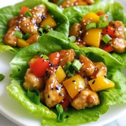 - 1 lb (450g) boneless, skinless chicken thighs, diced - 1/4 cup low-sodium soy sauce - 1/4 cup honey - 2 tablespoons rice vinegar - 1 tablespoon sesame oil - 1 tablespoon grated fresh ginger - 2 cloves garlic, minced The core of this dish is the chicken. I prefer chicken thighs for their rich flavor. They stay juicy and tender. You will mix the chicken with a tasty teriyaki sauce. This sauce includes soy sauce, honey, rice vinegar, and sesame oil. Fresh ginger and garlic add a punch of flavor. - 1/2 cup bell pepper, diced (red or yellow for color) - 1/4 cup green onions, sliced (plus extra for garnish) - 8 large lettuce leaves (Butter or Romaine) For color and crunch, add bell peppers and green onions. The bell peppers can be red or yellow. Both add sweetness and brightness. The lettuce leaves serve as your wrap. Butter lettuce is soft and easy to fold. Romaine is crisp and sturdy. Choose what you like best! - 1/2 teaspoon black sesame seeds - Salt and pepper to taste You can sprinkle black sesame seeds for a nice look. They also add a slight crunch. Season the dish with salt and pepper to your taste. Adjust these to make it just right for you. {{ingredient_image_1}} To make the teriyaki sauce, start by mixing key ingredients. In a medium bowl, whisk together: - 1/4 cup low-sodium soy sauce - 1/4 cup honey - 2 tablespoons rice vinegar - 1 tablespoon sesame oil - 1 tablespoon grated fresh ginger - 2 cloves garlic, minced This mix creates a sweet and savory sauce. Set it aside. Next, season the chicken thighs. Dice 1 pound of boneless, skinless chicken thighs. Season them with salt and pepper. This step adds flavor to the meat. Heat a splash of olive oil in a large skillet over medium-high heat. Once hot, add the seasoned chicken thighs. Cook for about 5-7 minutes. Stir occasionally until the chicken is browned and fully cooked. Now, pour the teriyaki sauce over the chicken. Cook for another 3-4 minutes, stirring constantly. This allows the sauce to thicken slightly and coat the chicken evenly. Next, stir in 1/2 cup of diced bell pepper and 1/4 cup of sliced green onions. Cook for another 2 minutes. The peppers should be slightly tender but still crisp. Remove the skillet from heat and let it cool for a moment. To serve, take a large lettuce leaf. Spoon a generous portion of the teriyaki chicken mixture into each leaf. Garnish with extra green onions and sprinkle black sesame seeds on top if you like. Enjoy this fresh, flavorful meal! To achieve the right sauce consistency, mix the ingredients well. You want a thick but pourable sauce. Cook the chicken until it is golden and cooked through. This usually takes about 5 to 7 minutes. Stir it often to cook evenly. Pour the teriyaki sauce over the chicken and let it cook for another 3 to 4 minutes. Stir until it coats the chicken nicely. Using lettuce wraps is fun and healthy. Take a large leaf and spoon some chicken mix in the middle. Fold the sides and enjoy! You can also pair these wraps with rice or steamed veggies. They add a nice contrast and balance the meal. Spice it up by adding crushed red pepper or sriracha. A little heat makes the wraps exciting! You can also use different proteins like ground turkey or tofu. Each choice brings a new flavor to the dish. Experiment to find your favorite mix. Pro Tips Marinate for Flavor: For an even richer flavor, marinate the diced chicken in the teriyaki sauce for at least 30 minutes before cooking. Choose the Right Lettuce: Butter lettuce is a great choice for wraps as it's tender and holds the filling well, but Romaine also adds a nice crunch. Customize Your Veggies: Feel free to add other vegetables like shredded carrots or cucumbers for extra crunch and nutrition. Leftover Storage: Store any leftover filling in an airtight container in the fridge for up to 3 days, and enjoy it in salads or rice bowls. {{image_2}} You can easily make this dish vegetarian. Swap the chicken with tofu or tempeh. Both options provide great texture and soak up flavor well. Cut your tofu into small cubes. Press it first to remove water. For tempeh, slice it thin for the best bite. Use the same teriyaki sauce to keep that rich taste. If you want a low-carb meal, try using cabbage leaves. They make great wraps too! The crunch of cabbage adds a nice touch. You can also use collard greens or even Swiss chard. These greens hold fillings well and are low in carbs. For more flavor, add spices like crushed red pepper or five-spice powder. You can also mix in other sauces. A dash of sriracha brings heat. Or, drizzle some hoisin sauce for a sweeter twist. Experiment with different ingredients to find your favorite taste! Store your teriyaki chicken in an airtight container. Place it in the fridge within two hours of cooking. The chicken stays fresh for up to three days. Keep the lettuce separately to avoid sogginess. To reheat, use a skillet over medium heat. Add a splash of water or chicken broth. This keeps the chicken moist and flavorful. Stir until heated through, about five minutes. You can also use a microwave, but cover the dish. Heat in short bursts, stirring in between. For long-term storage, freeze the chicken mixture. Use a freezer-safe bag or container. It stays good for up to three months. When ready to eat, thaw in the fridge overnight. Reheat on the stove, adding a little water to keep it juicy. Avoid refreezing after it has thawed. Butter lettuce is soft and easy to fold. It has a nice, subtle flavor. Romaine is crisp and sturdy, making it great for holding in fillings. Both work well, but butter lettuce is my favorite for wraps. It hugs the filling better. If you want a crunch, choose romaine. Yes, you can. I often make the teriyaki sauce a day or two before. Store it in an airtight container in the fridge. It will stay fresh for up to a week. Just give it a good stir before you use it. This saves time when you cook. To add heat, try using sriracha or chili paste in the sauce. Start with a small amount. You can also add red pepper flakes when cooking the chicken. If you want more heat, chop fresh chili peppers and mix them into the filling. Adjust the spice to your taste! In this blog post, we explored a tasty teriyaki chicken recipe. We discussed main ingredients like chicken thighs, fresh ginger, and garlic. Next, we covered cooking steps and tips to ensure your dish shines. You can customize it by adding vegetables or switching proteins, like tofu. Don't forget about storage tips for leftovers and reheating without losing flavor. With this guide, you can make a delicious meal that impresses everyone. Enjoy your cooking adventure and feel free to experiment with your favorite flavors!