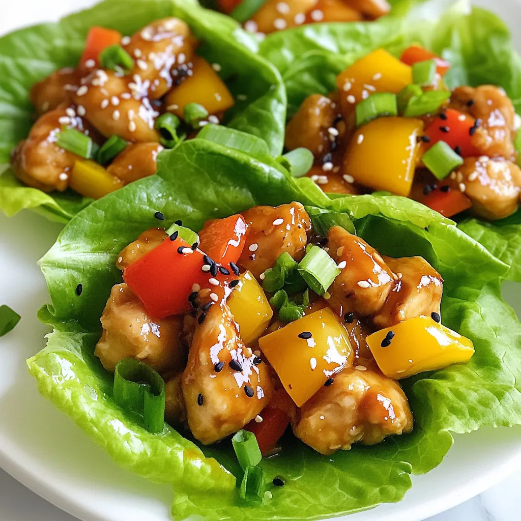 - 1 lb (450g) boneless, skinless chicken thighs, diced - 1/4 cup low-sodium soy sauce - 1/4 cup honey - 2 tablespoons rice vinegar - 1 tablespoon sesame oil - 1 tablespoon grated fresh ginger - 2 cloves garlic, minced The core of this dish is the chicken. I prefer chicken thighs for their rich flavor. They stay juicy and tender. You will mix the chicken with a tasty teriyaki sauce. This sauce includes soy sauce, honey, rice vinegar, and sesame oil. Fresh ginger and garlic add a punch of flavor. - 1/2 cup bell pepper, diced (red or yellow for color) - 1/4 cup green onions, sliced (plus extra for garnish) - 8 large lettuce leaves (Butter or Romaine) For color and crunch, add bell peppers and green onions. The bell peppers can be red or yellow. Both add sweetness and brightness. The lettuce leaves serve as your wrap. Butter lettuce is soft and easy to fold. Romaine is crisp and sturdy. Choose what you like best! - 1/2 teaspoon black sesame seeds - Salt and pepper to taste You can sprinkle black sesame seeds for a nice look. They also add a slight crunch. Season the dish with salt and pepper to your taste. Adjust these to make it just right for you. {{ingredient_image_1}} To make the teriyaki sauce, start by mixing key ingredients. In a medium bowl, whisk together: - 1/4 cup low-sodium soy sauce - 1/4 cup honey - 2 tablespoons rice vinegar - 1 tablespoon sesame oil - 1 tablespoon grated fresh ginger - 2 cloves garlic, minced This mix creates a sweet and savory sauce. Set it aside. Next, season the chicken thighs. Dice 1 pound of boneless, skinless chicken thighs. Season them with salt and pepper. This step adds flavor to the meat. Heat a splash of olive oil in a large skillet over medium-high heat. Once hot, add the seasoned chicken thighs. Cook for about 5-7 minutes. Stir occasionally until the chicken is browned and fully cooked. Now, pour the teriyaki sauce over the chicken. Cook for another 3-4 minutes, stirring constantly. This allows the sauce to thicken slightly and coat the chicken evenly. Next, stir in 1/2 cup of diced bell pepper and 1/4 cup of sliced green onions. Cook for another 2 minutes. The peppers should be slightly tender but still crisp. Remove the skillet from heat and let it cool for a moment. To serve, take a large lettuce leaf. Spoon a generous portion of the teriyaki chicken mixture into each leaf. Garnish with extra green onions and sprinkle black sesame seeds on top if you like. Enjoy this fresh, flavorful meal! To achieve the right sauce consistency, mix the ingredients well. You want a thick but pourable sauce. Cook the chicken until it is golden and cooked through. This usually takes about 5 to 7 minutes. Stir it often to cook evenly. Pour the teriyaki sauce over the chicken and let it cook for another 3 to 4 minutes. Stir until it coats the chicken nicely. Using lettuce wraps is fun and healthy. Take a large leaf and spoon some chicken mix in the middle. Fold the sides and enjoy! You can also pair these wraps with rice or steamed veggies. They add a nice contrast and balance the meal. Spice it up by adding crushed red pepper or sriracha. A little heat makes the wraps exciting! You can also use different proteins like ground turkey or tofu. Each choice brings a new flavor to the dish. Experiment to find your favorite mix. Pro Tips Marinate for Flavor: For an even richer flavor, marinate the diced chicken in the teriyaki sauce for at least 30 minutes before cooking. Choose the Right Lettuce: Butter lettuce is a great choice for wraps as it's tender and holds the filling well, but Romaine also adds a nice crunch. Customize Your Veggies: Feel free to add other vegetables like shredded carrots or cucumbers for extra crunch and nutrition. Leftover Storage: Store any leftover filling in an airtight container in the fridge for up to 3 days, and enjoy it in salads or rice bowls. {{image_2}} You can easily make this dish vegetarian. Swap the chicken with tofu or tempeh. Both options provide great texture and soak up flavor well. Cut your tofu into small cubes. Press it first to remove water. For tempeh, slice it thin for the best bite. Use the same teriyaki sauce to keep that rich taste. If you want a low-carb meal, try using cabbage leaves. They make great wraps too! The crunch of cabbage adds a nice touch. You can also use collard greens or even Swiss chard. These greens hold fillings well and are low in carbs. For more flavor, add spices like crushed red pepper or five-spice powder. You can also mix in other sauces. A dash of sriracha brings heat. Or, drizzle some hoisin sauce for a sweeter twist. Experiment with different ingredients to find your favorite taste! Store your teriyaki chicken in an airtight container. Place it in the fridge within two hours of cooking. The chicken stays fresh for up to three days. Keep the lettuce separately to avoid sogginess. To reheat, use a skillet over medium heat. Add a splash of water or chicken broth. This keeps the chicken moist and flavorful. Stir until heated through, about five minutes. You can also use a microwave, but cover the dish. Heat in short bursts, stirring in between. For long-term storage, freeze the chicken mixture. Use a freezer-safe bag or container. It stays good for up to three months. When ready to eat, thaw in the fridge overnight. Reheat on the stove, adding a little water to keep it juicy. Avoid refreezing after it has thawed. Butter lettuce is soft and easy to fold. It has a nice, subtle flavor. Romaine is crisp and sturdy, making it great for holding in fillings. Both work well, but butter lettuce is my favorite for wraps. It hugs the filling better. If you want a crunch, choose romaine. Yes, you can. I often make the teriyaki sauce a day or two before. Store it in an airtight container in the fridge. It will stay fresh for up to a week. Just give it a good stir before you use it. This saves time when you cook. To add heat, try using sriracha or chili paste in the sauce. Start with a small amount. You can also add red pepper flakes when cooking the chicken. If you want more heat, chop fresh chili peppers and mix them into the filling. Adjust the spice to your taste! In this blog post, we explored a tasty teriyaki chicken recipe. We discussed main ingredients like chicken thighs, fresh ginger, and garlic. Next, we covered cooking steps and tips to ensure your dish shines. You can customize it by adding vegetables or switching proteins, like tofu. Don't forget about storage tips for leftovers and reheating without losing flavor. With this guide, you can make a delicious meal that impresses everyone. Enjoy your cooking adventure and feel free to experiment with your favorite flavors!