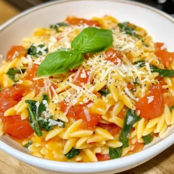 To make Creamy Tomato Spinach Orzo, you need the following ingredients: - 1 cup orzo pasta - 2 tablespoons olive oil - 3 cloves garlic, minced - 1 can (14 oz) crushed tomatoes - 2 cups vegetable broth - 2 cups fresh spinach - 1/2 cup heavy cream - 1/2 cup grated Parmesan cheese - Salt and pepper to taste - Fresh basil leaves for garnish These simple ingredients come together to create a tasty dish. You can swap some ingredients for variety or dietary needs: - Use whole wheat or gluten-free orzo for a healthier option. - Substitute the heavy cream with coconut cream for a dairy-free choice. - For a vegan option, replace Parmesan cheese with nutritional yeast. - If you don’t have spinach, try kale or Swiss chard. - Use chicken broth instead of vegetable broth for extra flavor. These swaps keep the dish fun and flexible. Creamy Tomato Spinach Orzo has several dietary benefits: - It is a vegetarian dish, making it great for meatless meals. - You can easily adjust it to be vegan with simple swaps. - Using whole grain orzo adds fiber. - This dish is free from common allergens like nuts and shellfish. Always check the labels on packaged items to ensure they meet your dietary needs. Enjoy experimenting! {{ingredient_image_1}} Start by boiling a large pot of salted water. Add 1 cup of orzo pasta to the pot. Cook it according to the package instructions until it is tender. This usually takes about 8-10 minutes. Once it is done, drain the pasta in a colander and set it aside. Make sure to keep it warm. In the same pot, heat 2 tablespoons of olive oil over medium heat. Add 3 cloves of minced garlic and sauté for 1 minute until it smells nice. Next, pour in a 14-ounce can of crushed tomatoes and 2 cups of vegetable broth. Stir this mixture and bring it to a simmer. Then, add 2 cups of fresh spinach. Cook for 3-4 minutes until the spinach wilts down. Now, reduce the heat to low. Stir in 1/2 cup of heavy cream and 1/2 cup of grated Parmesan cheese. Mix until everything is creamy and well combined. Add the cooked orzo to the sauce and stir gently. Season with salt and pepper to taste. Let it cook together for 2-3 more minutes, allowing all the flavors to blend. Finally, remove the pot from heat and serve it hot. Garnish with fresh basil leaves for a lovely touch. To cook orzo just right, use plenty of water. This helps keep the pasta from sticking. Remember to salt the water well; it adds flavor. Cook the orzo until it is al dente. This means it should have a slight bite to it. After cooking, drain it and set it aside. You can toss it with a little olive oil to prevent sticking. This simple step makes a big difference. To boost creaminess, use heavy cream, which gives a rich texture. You can also add more cheese, like Parmesan, to deepen the flavor. Mixing in some cream cheese can add extra smoothness. If you want a lighter option, try using Greek yogurt. When you stir in these ingredients, do it on low heat. This keeps the cream from curdling and allows it to blend well. Garnishing makes your dish look pretty and adds flavor. Fresh basil leaves work great; they add a nice touch. You can tear them for a rustic look or chop them finely. A sprinkle of extra Parmesan on top adds a nice finish. If you want a little kick, add a dash of crushed red pepper. This can give extra flavor without overwhelming the dish. Pro Tips Perfectly Cooked Orzo: Make sure to cook the orzo al dente, as it will continue to absorb liquid and soften when combined with the sauce. Creamy Consistency: For an extra creamy texture, whisk the heavy cream before adding it to the pot to help it blend smoothly into the sauce. Fresh Spinach Substitutes: If fresh spinach isn't available, you can use frozen spinach. Just be sure to thaw and drain it well before adding it to the dish. Flavor Enhancements: Add a pinch of red pepper flakes or a splash of balsamic vinegar for a flavor boost that complements the tomatoes beautifully. {{image_2}} You can boost the protein in Creamy Tomato Spinach Orzo easily. Try adding cooked chicken for a hearty meal. Simply shred some rotisserie chicken and stir it in when you mix the orzo. You can also use shrimp for a light touch. Just sauté shrimp in olive oil before adding them to the dish. If you prefer plant-based options, consider chickpeas or lentils. They add great texture and protein without meat. Making this dish vegetarian is simple, as the base is already meat-free. Just ensure you use vegetable broth. To make it vegan, swap the heavy cream and cheese for plant-based alternatives. Coconut cream works well for a rich flavor. Nutritional yeast can replace Parmesan cheese, giving a cheesy taste without dairy. You can also add more vegetables, like zucchini or bell peppers, for extra nutrition. To elevate the flavors, think about adding herbs and spices. Fresh basil is a great start, but you can also use thyme or oregano. A pinch of red pepper flakes will add a nice kick. For a hint of smokiness, try adding smoked paprika. If you want a fresh taste, squeeze a bit of lemon juice over the dish before serving. These enhancements make the orzo even more delicious and satisfying. Store your leftover creamy tomato spinach orzo in an airtight container. Let it cool down first. Place it in the fridge if you plan to eat it within three days. This keeps the flavors fresh and tasty. To reheat, use a skillet over medium heat. Add a splash of water or broth to keep it moist. Stir often until warmed through. You can also use the microwave. Heat it in short bursts. Stir in between to make sure it warms evenly. You can freeze creamy tomato spinach orzo for up to three months. Use a freezer-safe container and leave space for expansion. When you're ready to eat, thaw it overnight in the fridge. Reheat it in a skillet as mentioned above. Enjoy a quick meal without losing flavor! To make Creamy Tomato Spinach Orzo vegan, swap the heavy cream and Parmesan cheese. Use a plant-based cream, like coconut cream or cashew cream. For cheese, you can use nutritional yeast. It adds a cheesy flavor without milk. This way, you keep the dish creamy and tasty while making it vegan-friendly. Creamy Tomato Spinach Orzo pairs well with many dishes. You can serve it with garlic bread for a crunchy bite. A fresh green salad with lemon dressing works great, too. If you like protein, grilled chicken or shrimp complements the orzo nicely. You can also add roasted vegetables for extra flavor and nutrition. Yes! You can use different pasta shapes instead of orzo. Small shells, penne, or even fusilli work well. Just make sure to adjust the cooking time based on the pasta you choose. Follow package instructions for cooking your pasta. The creamy sauce will still taste great with any shape you pick. In this blog post, I outlined how to make Creamy Tomato Spinach Orzo. We started with the essential ingredients and shared tasty substitutions. I guided you through simple steps for cooking orzo and making a rich sauce. You learned tips for perfect cooking and ways to customize the dish with proteins or flavors. Lastly, I provided storage methods for leftovers. This dish is easy to adapt and makes a great meal. Enjoy experimenting and making it your own!