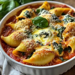 - 20 jumbo pasta shells - 2 cups fresh spinach, chopped - 1 cup mushrooms, finely diced - 1 cup ricotta cheese - 1 cup shredded mozzarella cheese (plus extra for topping) - 1/2 cup grated Parmesan cheese - 1 small onion, finely chopped - 2 cloves garlic, minced - 1 teaspoon dried oregano - 1 teaspoon dried basil - Salt and pepper to taste - 1 jar (24 oz) marinara sauce - 2 tablespoons olive oil Each ingredient plays a key role in making these stuffed shells delicious. - Jumbo pasta shells hold the rich filling and provide a nice bite. - Fresh spinach adds nutrients and a vibrant green color. - Mushrooms give a savory taste and a meaty texture. - Ricotta cheese creates a creamy base, making the filling rich. - Mozzarella cheese melts beautifully and adds flavor. - Parmesan cheese brings a sharp taste, enhancing the overall flavor. - Onion and garlic provide a tasty aroma and depth. - Dried oregano and basil add classic Italian herbs for flavor. - Salt and pepper season the dish, balancing all flavors. - Marinara sauce adds moisture and a tangy taste. - Olive oil helps cook the vegetables while adding healthy fat. You can swap ingredients for different flavors or dietary needs. - Pasta shells can be replaced with manicotti if you want a similar shape. - Spinach can be exchanged for kale or Swiss chard for variety. - Mushrooms can be left out or replaced with zucchini or bell peppers. - Ricotta cheese can be swapped for cottage cheese for a lighter option. - Mozzarella can be replaced with provolone for a different taste. - Parmesan can be omitted or replaced with nutritional yeast for a vegan option. - Marinara sauce can be switched with Alfredo or pesto for a twist. {{ingredient_image_1}} Start by preheating your oven to 375°F (190°C). Next, boil a large pot of salted water. Add the jumbo pasta shells and cook them until they are al dente. This usually takes around 9-11 minutes. When done, drain the shells and set them aside to cool. In a large skillet, heat 2 tablespoons of olive oil over medium heat. Add the finely chopped onion and sauté it for about 3-4 minutes until it turns translucent. Then, add 2 minced garlic cloves and 1 cup of finely diced mushrooms to the skillet. Cook them until the mushrooms are soft, about 5-7 minutes. Next, stir in 2 cups of chopped fresh spinach. Cook it for around 2 minutes until it wilts. Remove the skillet from the heat. In a big bowl, mix 1 cup of ricotta cheese, half of the shredded mozzarella, and half of the grated Parmesan. Add the cooked spinach and mushroom mix, along with 1 teaspoon of dried oregano, 1 teaspoon of dried basil, and salt and pepper to taste. Stir everything together until it's well combined. Spread a thin layer of marinara sauce on the bottom of a 9x13 inch baking dish. Take each cooked jumbo shell and fill it with the spinach and mushroom mixture. Place the filled shells in the baking dish with the open side facing up. Once you fill all the shells, pour the remaining marinara sauce over them. Sprinkle the rest of the mozzarella and Parmesan cheese on top. Cover the baking dish with aluminum foil and place it in the preheated oven. Bake for 25 minutes. After that, remove the foil and bake for an extra 10-15 minutes. This will make the cheese bubbly and golden. Before serving, let the dish cool for a few minutes. Serve in individual bowls, garnished with fresh basil leaves and a sprinkle of Parmesan. Enjoy your tasty spinach mushroom stuffed shells! To cook pasta shells just right, start with a large pot. Fill it with water and add a good amount of salt. The salt helps the shells taste better. Bring the water to a boil before adding the shells. Cook them until they are al dente, which means firm but not hard. This usually takes around 9 to 11 minutes. Watch them closely, as overcooked shells can break easily. Once done, drain them well and let them cool slightly. When saucing your stuffed shells, spread a thin layer of marinara sauce in the baking dish first. This helps prevent shells from sticking. After filling the shells, pour the remaining sauce over them. Add extra cheese on top for a lovely golden crust. Cover the dish with foil for the first part of baking. This keeps the shells moist. Remove the foil near the end to allow the cheese to brown. Aim for a bubbly and golden finish. For a beautiful presentation, serve stuffed shells in individual bowls. A sprinkle of fresh basil adds color and flavor. Grate some Parmesan cheese on top for a nice touch. You can also add a side salad or garlic bread. These sides make the meal feel complete. Enjoy the rich flavors and the lovely look of your dish! Pro Tips Use Fresh Ingredients: Fresh spinach and mushrooms enhance the flavor and texture of your stuffed shells, making them more vibrant and delicious. Prevent Sticking: Toss the cooked pasta shells in a little olive oil after draining to prevent them from sticking together before filling. Mix Cheeses for Depth: Combining ricotta with a variety of cheeses like mozzarella and Parmesan adds a rich flavor profile and creaminess to the filling. Let it Rest: Allow the dish to cool for a few minutes before serving to let the flavors meld and make it easier to serve without spilling. {{image_2}} You can easily change the flavors of your spinach mushroom stuffed shells. Try using different cheeses. For example, swap ricotta with cottage cheese for a lighter taste. You can also mix in some feta cheese for a tangy kick. If you want to add meat, ground turkey or chicken works great. You can even add some cooked sausage for more flavor. Don't forget to toss in extra veggies. Chopped bell peppers or zucchini can add nice texture and taste. Going vegan? No problem! Replace all dairy with plant-based options. Use vegan ricotta made from nuts or tofu. For mozzarella, try a vegan cheese that melts well. You can also skip the cheese and add more veggies or nuts for texture. For the sauce, many marinara brands are vegan, but always check the label. This way, you still enjoy a delicious meal while sticking to your diet. The sauce can change the whole dish. Instead of marinara, try alfredo sauce for a creamy touch. You can also use pesto for a fresh flavor. If you want spice, add a spicy arrabbiata sauce. For cheese, make it a four-cheese delight! Mix mozzarella, fontina, parmesan, and gorgonzola for a rich taste. These simple swaps can make your stuffed shells feel brand new every time you make them. After enjoying your spinach mushroom stuffed shells, store leftovers in an airtight container. Allow the shells to cool first. Then, place them in the fridge. They stay fresh for up to three days. To keep them tasty, try to cover the dish with plastic wrap or foil. This method helps prevent the shells from drying out. If you want to save some for later, freezing is a great idea! To freeze, let the stuffed shells cool completely. Place them in a single layer on a baking sheet. Freeze for about two hours. Once frozen, transfer the shells to a freezer-safe container. They can last up to three months in the freezer. Label the container with the date to keep track of freshness. When you’re ready to eat, reheating is easy! If frozen, let the shells thaw in the fridge overnight. To reheat, preheat your oven to 350°F (175°C). Place the shells in a baking dish and cover with foil. Heat for about 20-25 minutes or until hot. You can also microwave individual shells for a quick bite. Just make sure to check that they are heated all the way through! Stuffed shells bake for about 35-40 minutes. First, cover the dish with foil and bake for 25 minutes. Then, remove the foil and bake for another 10-15 minutes. This helps the cheese get bubbly and golden on top. Yes, you can prepare the shells in advance. Assemble the stuffed shells and store them in the fridge for up to 24 hours. When ready to cook, pour the sauce over the shells and bake as directed. This makes meal prep easy and quick! Some great sides include a fresh green salad, garlic bread, or steamed vegetables. A light Caesar salad pairs well too. These sides add balance and freshness to your meal. This article covered how to make delicious stuffed shells. We explored ingredients, their roles, and substitutions. Next, we walked through preparation, cooking, and baking steps. I shared tips for perfect pasta, saucing, and serving. You also learned fun variations and storage methods. In the end, these ideas make your cooking easier and more fun. Enjoy creating your own tasty stuffed shells!