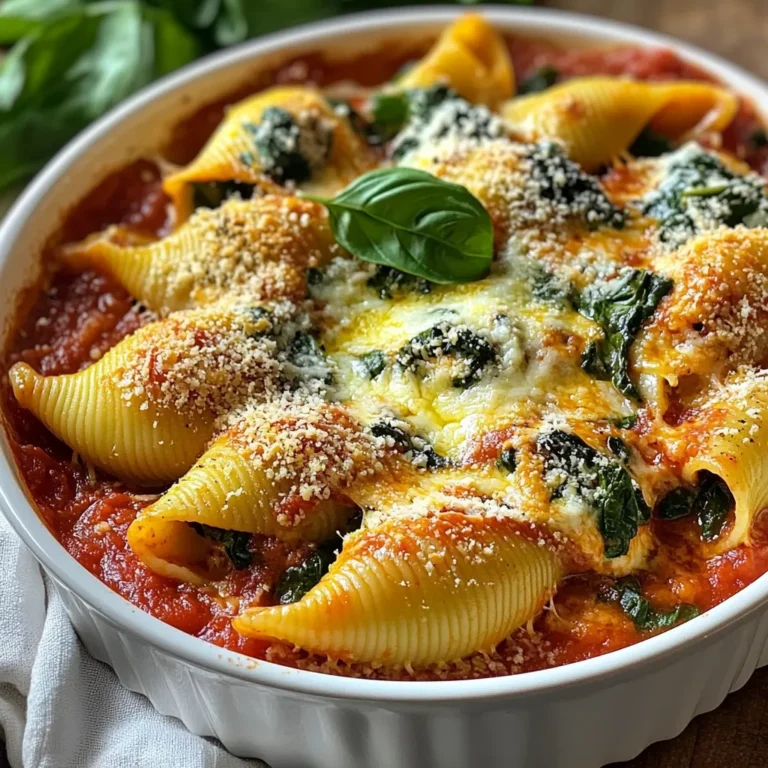 - 20 jumbo pasta shells - 2 cups fresh spinach, chopped - 1 cup mushrooms, finely diced - 1 cup ricotta cheese - 1 cup shredded mozzarella cheese (plus extra for topping) - 1/2 cup grated Parmesan cheese - 1 small onion, finely chopped - 2 cloves garlic, minced - 1 teaspoon dried oregano - 1 teaspoon dried basil - Salt and pepper to taste - 1 jar (24 oz) marinara sauce - 2 tablespoons olive oil Each ingredient plays a key role in making these stuffed shells delicious. - Jumbo pasta shells hold the rich filling and provide a nice bite. - Fresh spinach adds nutrients and a vibrant green color. - Mushrooms give a savory taste and a meaty texture. - Ricotta cheese creates a creamy base, making the filling rich. - Mozzarella cheese melts beautifully and adds flavor. - Parmesan cheese brings a sharp taste, enhancing the overall flavor. - Onion and garlic provide a tasty aroma and depth. - Dried oregano and basil add classic Italian herbs for flavor. - Salt and pepper season the dish, balancing all flavors. - Marinara sauce adds moisture and a tangy taste. - Olive oil helps cook the vegetables while adding healthy fat. You can swap ingredients for different flavors or dietary needs. - Pasta shells can be replaced with manicotti if you want a similar shape. - Spinach can be exchanged for kale or Swiss chard for variety. - Mushrooms can be left out or replaced with zucchini or bell peppers. - Ricotta cheese can be swapped for cottage cheese for a lighter option. - Mozzarella can be replaced with provolone for a different taste. - Parmesan can be omitted or replaced with nutritional yeast for a vegan option. - Marinara sauce can be switched with Alfredo or pesto for a twist. {{ingredient_image_1}} Start by preheating your oven to 375°F (190°C). Next, boil a large pot of salted water. Add the jumbo pasta shells and cook them until they are al dente. This usually takes around 9-11 minutes. When done, drain the shells and set them aside to cool. In a large skillet, heat 2 tablespoons of olive oil over medium heat. Add the finely chopped onion and sauté it for about 3-4 minutes until it turns translucent. Then, add 2 minced garlic cloves and 1 cup of finely diced mushrooms to the skillet. Cook them until the mushrooms are soft, about 5-7 minutes. Next, stir in 2 cups of chopped fresh spinach. Cook it for around 2 minutes until it wilts. Remove the skillet from the heat. In a big bowl, mix 1 cup of ricotta cheese, half of the shredded mozzarella, and half of the grated Parmesan. Add the cooked spinach and mushroom mix, along with 1 teaspoon of dried oregano, 1 teaspoon of dried basil, and salt and pepper to taste. Stir everything together until it's well combined. Spread a thin layer of marinara sauce on the bottom of a 9x13 inch baking dish. Take each cooked jumbo shell and fill it with the spinach and mushroom mixture. Place the filled shells in the baking dish with the open side facing up. Once you fill all the shells, pour the remaining marinara sauce over them. Sprinkle the rest of the mozzarella and Parmesan cheese on top. Cover the baking dish with aluminum foil and place it in the preheated oven. Bake for 25 minutes. After that, remove the foil and bake for an extra 10-15 minutes. This will make the cheese bubbly and golden. Before serving, let the dish cool for a few minutes. Serve in individual bowls, garnished with fresh basil leaves and a sprinkle of Parmesan. Enjoy your tasty spinach mushroom stuffed shells! To cook pasta shells just right, start with a large pot. Fill it with water and add a good amount of salt. The salt helps the shells taste better. Bring the water to a boil before adding the shells. Cook them until they are al dente, which means firm but not hard. This usually takes around 9 to 11 minutes. Watch them closely, as overcooked shells can break easily. Once done, drain them well and let them cool slightly. When saucing your stuffed shells, spread a thin layer of marinara sauce in the baking dish first. This helps prevent shells from sticking. After filling the shells, pour the remaining sauce over them. Add extra cheese on top for a lovely golden crust. Cover the dish with foil for the first part of baking. This keeps the shells moist. Remove the foil near the end to allow the cheese to brown. Aim for a bubbly and golden finish. For a beautiful presentation, serve stuffed shells in individual bowls. A sprinkle of fresh basil adds color and flavor. Grate some Parmesan cheese on top for a nice touch. You can also add a side salad or garlic bread. These sides make the meal feel complete. Enjoy the rich flavors and the lovely look of your dish! Pro Tips Use Fresh Ingredients: Fresh spinach and mushrooms enhance the flavor and texture of your stuffed shells, making them more vibrant and delicious. Prevent Sticking: Toss the cooked pasta shells in a little olive oil after draining to prevent them from sticking together before filling. Mix Cheeses for Depth: Combining ricotta with a variety of cheeses like mozzarella and Parmesan adds a rich flavor profile and creaminess to the filling. Let it Rest: Allow the dish to cool for a few minutes before serving to let the flavors meld and make it easier to serve without spilling. {{image_2}} You can easily change the flavors of your spinach mushroom stuffed shells. Try using different cheeses. For example, swap ricotta with cottage cheese for a lighter taste. You can also mix in some feta cheese for a tangy kick. If you want to add meat, ground turkey or chicken works great. You can even add some cooked sausage for more flavor. Don't forget to toss in extra veggies. Chopped bell peppers or zucchini can add nice texture and taste. Going vegan? No problem! Replace all dairy with plant-based options. Use vegan ricotta made from nuts or tofu. For mozzarella, try a vegan cheese that melts well. You can also skip the cheese and add more veggies or nuts for texture. For the sauce, many marinara brands are vegan, but always check the label. This way, you still enjoy a delicious meal while sticking to your diet. The sauce can change the whole dish. Instead of marinara, try alfredo sauce for a creamy touch. You can also use pesto for a fresh flavor. If you want spice, add a spicy arrabbiata sauce. For cheese, make it a four-cheese delight! Mix mozzarella, fontina, parmesan, and gorgonzola for a rich taste. These simple swaps can make your stuffed shells feel brand new every time you make them. After enjoying your spinach mushroom stuffed shells, store leftovers in an airtight container. Allow the shells to cool first. Then, place them in the fridge. They stay fresh for up to three days. To keep them tasty, try to cover the dish with plastic wrap or foil. This method helps prevent the shells from drying out. If you want to save some for later, freezing is a great idea! To freeze, let the stuffed shells cool completely. Place them in a single layer on a baking sheet. Freeze for about two hours. Once frozen, transfer the shells to a freezer-safe container. They can last up to three months in the freezer. Label the container with the date to keep track of freshness. When you’re ready to eat, reheating is easy! If frozen, let the shells thaw in the fridge overnight. To reheat, preheat your oven to 350°F (175°C). Place the shells in a baking dish and cover with foil. Heat for about 20-25 minutes or until hot. You can also microwave individual shells for a quick bite. Just make sure to check that they are heated all the way through! Stuffed shells bake for about 35-40 minutes. First, cover the dish with foil and bake for 25 minutes. Then, remove the foil and bake for another 10-15 minutes. This helps the cheese get bubbly and golden on top. Yes, you can prepare the shells in advance. Assemble the stuffed shells and store them in the fridge for up to 24 hours. When ready to cook, pour the sauce over the shells and bake as directed. This makes meal prep easy and quick! Some great sides include a fresh green salad, garlic bread, or steamed vegetables. A light Caesar salad pairs well too. These sides add balance and freshness to your meal. This article covered how to make delicious stuffed shells. We explored ingredients, their roles, and substitutions. Next, we walked through preparation, cooking, and baking steps. I shared tips for perfect pasta, saucing, and serving. You also learned fun variations and storage methods. In the end, these ideas make your cooking easier and more fun. Enjoy creating your own tasty stuffed shells!