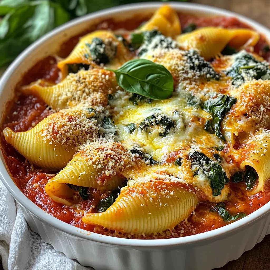 - 20 jumbo pasta shells - 2 cups fresh spinach, chopped - 1 cup mushrooms, finely diced - 1 cup ricotta cheese - 1 cup shredded mozzarella cheese (plus extra for topping) - 1/2 cup grated Parmesan cheese - 1 small onion, finely chopped - 2 cloves garlic, minced - 1 teaspoon dried oregano - 1 teaspoon dried basil - Salt and pepper to taste - 1 jar (24 oz) marinara sauce - 2 tablespoons olive oil Each ingredient plays a key role in making these stuffed shells delicious. - Jumbo pasta shells hold the rich filling and provide a nice bite. - Fresh spinach adds nutrients and a vibrant green color. - Mushrooms give a savory taste and a meaty texture. - Ricotta cheese creates a creamy base, making the filling rich. - Mozzarella cheese melts beautifully and adds flavor. - Parmesan cheese brings a sharp taste, enhancing the overall flavor. - Onion and garlic provide a tasty aroma and depth. - Dried oregano and basil add classic Italian herbs for flavor. - Salt and pepper season the dish, balancing all flavors. - Marinara sauce adds moisture and a tangy taste. - Olive oil helps cook the vegetables while adding healthy fat. You can swap ingredients for different flavors or dietary needs. - Pasta shells can be replaced with manicotti if you want a similar shape. - Spinach can be exchanged for kale or Swiss chard for variety. - Mushrooms can be left out or replaced with zucchini or bell peppers. - Ricotta cheese can be swapped for cottage cheese for a lighter option. - Mozzarella can be replaced with provolone for a different taste. - Parmesan can be omitted or replaced with nutritional yeast for a vegan option. - Marinara sauce can be switched with Alfredo or pesto for a twist. {{ingredient_image_1}} Start by preheating your oven to 375°F (190°C). Next, boil a large pot of salted water. Add the jumbo pasta shells and cook them until they are al dente. This usually takes around 9-11 minutes. When done, drain the shells and set them aside to cool. In a large skillet, heat 2 tablespoons of olive oil over medium heat. Add the finely chopped onion and sauté it for about 3-4 minutes until it turns translucent. Then, add 2 minced garlic cloves and 1 cup of finely diced mushrooms to the skillet. Cook them until the mushrooms are soft, about 5-7 minutes. Next, stir in 2 cups of chopped fresh spinach. Cook it for around 2 minutes until it wilts. Remove the skillet from the heat. In a big bowl, mix 1 cup of ricotta cheese, half of the shredded mozzarella, and half of the grated Parmesan. Add the cooked spinach and mushroom mix, along with 1 teaspoon of dried oregano, 1 teaspoon of dried basil, and salt and pepper to taste. Stir everything together until it's well combined. Spread a thin layer of marinara sauce on the bottom of a 9x13 inch baking dish. Take each cooked jumbo shell and fill it with the spinach and mushroom mixture. Place the filled shells in the baking dish with the open side facing up. Once you fill all the shells, pour the remaining marinara sauce over them. Sprinkle the rest of the mozzarella and Parmesan cheese on top. Cover the baking dish with aluminum foil and place it in the preheated oven. Bake for 25 minutes. After that, remove the foil and bake for an extra 10-15 minutes. This will make the cheese bubbly and golden. Before serving, let the dish cool for a few minutes. Serve in individual bowls, garnished with fresh basil leaves and a sprinkle of Parmesan. Enjoy your tasty spinach mushroom stuffed shells! To cook pasta shells just right, start with a large pot. Fill it with water and add a good amount of salt. The salt helps the shells taste better. Bring the water to a boil before adding the shells. Cook them until they are al dente, which means firm but not hard. This usually takes around 9 to 11 minutes. Watch them closely, as overcooked shells can break easily. Once done, drain them well and let them cool slightly. When saucing your stuffed shells, spread a thin layer of marinara sauce in the baking dish first. This helps prevent shells from sticking. After filling the shells, pour the remaining sauce over them. Add extra cheese on top for a lovely golden crust. Cover the dish with foil for the first part of baking. This keeps the shells moist. Remove the foil near the end to allow the cheese to brown. Aim for a bubbly and golden finish. For a beautiful presentation, serve stuffed shells in individual bowls. A sprinkle of fresh basil adds color and flavor. Grate some Parmesan cheese on top for a nice touch. You can also add a side salad or garlic bread. These sides make the meal feel complete. Enjoy the rich flavors and the lovely look of your dish! Pro Tips Use Fresh Ingredients: Fresh spinach and mushrooms enhance the flavor and texture of your stuffed shells, making them more vibrant and delicious. Prevent Sticking: Toss the cooked pasta shells in a little olive oil after draining to prevent them from sticking together before filling. Mix Cheeses for Depth: Combining ricotta with a variety of cheeses like mozzarella and Parmesan adds a rich flavor profile and creaminess to the filling. Let it Rest: Allow the dish to cool for a few minutes before serving to let the flavors meld and make it easier to serve without spilling. {{image_2}} You can easily change the flavors of your spinach mushroom stuffed shells. Try using different cheeses. For example, swap ricotta with cottage cheese for a lighter taste. You can also mix in some feta cheese for a tangy kick. If you want to add meat, ground turkey or chicken works great. You can even add some cooked sausage for more flavor. Don't forget to toss in extra veggies. Chopped bell peppers or zucchini can add nice texture and taste. Going vegan? No problem! Replace all dairy with plant-based options. Use vegan ricotta made from nuts or tofu. For mozzarella, try a vegan cheese that melts well. You can also skip the cheese and add more veggies or nuts for texture. For the sauce, many marinara brands are vegan, but always check the label. This way, you still enjoy a delicious meal while sticking to your diet. The sauce can change the whole dish. Instead of marinara, try alfredo sauce for a creamy touch. You can also use pesto for a fresh flavor. If you want spice, add a spicy arrabbiata sauce. For cheese, make it a four-cheese delight! Mix mozzarella, fontina, parmesan, and gorgonzola for a rich taste. These simple swaps can make your stuffed shells feel brand new every time you make them. After enjoying your spinach mushroom stuffed shells, store leftovers in an airtight container. Allow the shells to cool first. Then, place them in the fridge. They stay fresh for up to three days. To keep them tasty, try to cover the dish with plastic wrap or foil. This method helps prevent the shells from drying out. If you want to save some for later, freezing is a great idea! To freeze, let the stuffed shells cool completely. Place them in a single layer on a baking sheet. Freeze for about two hours. Once frozen, transfer the shells to a freezer-safe container. They can last up to three months in the freezer. Label the container with the date to keep track of freshness. When you’re ready to eat, reheating is easy! If frozen, let the shells thaw in the fridge overnight. To reheat, preheat your oven to 350°F (175°C). Place the shells in a baking dish and cover with foil. Heat for about 20-25 minutes or until hot. You can also microwave individual shells for a quick bite. Just make sure to check that they are heated all the way through! Stuffed shells bake for about 35-40 minutes. First, cover the dish with foil and bake for 25 minutes. Then, remove the foil and bake for another 10-15 minutes. This helps the cheese get bubbly and golden on top. Yes, you can prepare the shells in advance. Assemble the stuffed shells and store them in the fridge for up to 24 hours. When ready to cook, pour the sauce over the shells and bake as directed. This makes meal prep easy and quick! Some great sides include a fresh green salad, garlic bread, or steamed vegetables. A light Caesar salad pairs well too. These sides add balance and freshness to your meal. This article covered how to make delicious stuffed shells. We explored ingredients, their roles, and substitutions. Next, we walked through preparation, cooking, and baking steps. I shared tips for perfect pasta, saucing, and serving. You also learned fun variations and storage methods. In the end, these ideas make your cooking easier and more fun. Enjoy creating your own tasty stuffed shells!
