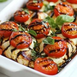To make Balsamic Glazed Caprese Chicken Bake, gather these items: - 4 boneless, skinless chicken breasts - 2 cups cherry tomatoes, halved - 8 oz fresh mozzarella cheese, sliced - 1/2 cup balsamic glaze - 2 tablespoons olive oil - 4 cloves garlic, minced - 1 teaspoon dried basil - 1 teaspoon dried oregano - Salt and pepper to taste - Fresh basil leaves for garnish Each ingredient plays a key role in this dish. Here’s how much you need: - Chicken breasts: Four pieces, around 6 oz each. - Cherry tomatoes: Two cups, about 12-15 tomatoes, depending on size. - Mozzarella cheese: Eight ounces, roughly one ball of cheese. - Balsamic glaze: Half a cup, which adds a sweet tang. - Olive oil: Two tablespoons for cooking and flavor. - Garlic: Four cloves for a bold taste. - Dried herbs: One teaspoon each of basil and oregano. - Salt and pepper: Use to your taste. - Fresh basil: A handful for garnish and fresh flavor. Using fresh ingredients makes a big difference in flavor. - Chicken: I recommend fresh, high-quality chicken breasts. Frozen ones can work, but they may not cook evenly. - Tomatoes: Fresh cherry tomatoes burst with flavor. Canned tomatoes won’t give the same taste. - Mozzarella: Fresh mozzarella is the best choice. It melts beautifully and adds creaminess. - Balsamic glaze: You can buy it, but making your own is simple and fun. Just reduce balsamic vinegar until thick. - Herbs: Fresh basil is ideal, but dried works if you’re in a pinch. Using fresh ingredients truly elevates this recipe. They bring vibrant flavors and textures that make every bite delightful. {{ingredient_image_1}} Start by preheating your oven to 400°F (200°C). While it heats, grab a large oven-safe baking dish. Drizzle 2 tablespoons of olive oil in the dish. Spread the oil evenly across the bottom. This will help the chicken not stick. Now, take 4 boneless, skinless chicken breasts. Season each side with salt, pepper, 1 teaspoon of dried basil, and 1 teaspoon of dried oregano. Place the chicken in the baking dish. Scatter 2 cups of halved cherry tomatoes around the chicken. This adds flavor and color. In a small bowl, mix 4 cloves of minced garlic with half of the balsamic glaze. Pour this mixture over the chicken and tomatoes. It gives the dish a rich taste. Bake in the oven for 25 minutes. After 25 minutes, carefully take the dish out of the oven. Now, top each chicken breast with slices of fresh mozzarella cheese. This makes the dish creamy and delicious. Return the dish to the oven and bake for another 10 to 15 minutes. The chicken should be cooked through, and the cheese should melt and bubble nicely. Once your chicken is done, drizzle the rest of the balsamic glaze over everything. This adds a nice shine and extra flavor. For the final touch, garnish your dish with fresh basil leaves. They give a lovely pop of color and a fresh taste. Now, your Balsamic Glazed Caprese Chicken Bake is ready to serve! To get juicy chicken, start with fresh, high-quality chicken breasts. Always season your chicken well. Use salt and pepper, along with dried herbs like basil and oregano. This adds flavor. Make sure your oven is at the right temperature. Preheat it to 400°F (200°C). This helps cook the chicken evenly. Bake it for 25 minutes before adding cheese. This way, the chicken stays moist. Using balsamic glaze can elevate your dish. Start with a good quality glaze for the best flavor. You can make it from scratch by simmering balsamic vinegar until it thickens. This gives a rich taste. When using store-bought glaze, drizzle it on at the end. This keeps the flavor bold and fresh. A little goes a long way, so don’t overdo it. Mozzarella is classic for Caprese chicken, but you can try different cheeses. Provolone adds a nice kick. Goat cheese gives a tangy flavor that pairs well. If you like sharp cheese, try aged cheddar. Each cheese changes the taste, so feel free to experiment. Just remember to keep the cheese creamy. This helps melt and blend well with the glaze and chicken. Pro Tips Marinate for More Flavor: For an extra burst of flavor, marinate the chicken breasts in balsamic glaze and olive oil for at least 30 minutes before baking. Cheese Variations: Experiment with different types of cheese such as goat cheese or feta for a unique twist on the classic Caprese flavors. Tomato Alternatives: If cherry tomatoes are unavailable, consider using sun-dried tomatoes or diced Roma tomatoes for a different texture and taste. Serve with Sides: Pair this dish with a fresh salad or garlic bread to round out the meal and complement the Caprese flavors. {{image_2}} You can add a fresh twist to your dish by adding spinach. Start by sautéing a few cups of fresh spinach in olive oil. Once wilted, spread the spinach over the chicken before adding tomatoes and cheese. This adds a burst of color and nutrients. The spinach gives it a lovely green hue. Plus, it pairs well with the creamy mozzarella and tangy balsamic glaze. For a Mediterranean flair, consider adding olives and feta cheese. Use kalamata or green olives for a nice briny flavor. Sprinkle them on top of the chicken with the tomatoes. Add crumbled feta to enhance the taste. The salty feta and olives complement the sweet balsamic glaze perfectly. This variation creates a rich, savory dish that transports you to a sunny Mediterranean kitchen. Grilling is another fun way to enjoy this meal. Start by marinating the chicken in balsamic glaze and spices for a few hours. Then, grill the chicken until it gets those nice char marks. After grilling, top with fresh mozzarella and let it melt. This method adds a smoky flavor and makes the chicken juicy. Serve it with fresh tomatoes and drizzle extra glaze on top for a delicious finish. After cooking, let the Balsamic Glazed Caprese Chicken cool down. Place it in an airtight container. Store it in the fridge for up to three days. This dish stays tasty and fresh, perfect for quick meals. You can freeze leftovers for later use. Wrap the chicken tightly in plastic wrap, then place it in a freezer bag. It will keep well for up to three months. When ready to eat, thaw it in the fridge overnight. To reheat, preheat your oven to 350°F (175°C). Place the chicken in an oven-safe dish. Cover it with foil to keep moisture in. Heat for about 20 minutes, or until warm. You can also use a microwave for quick reheating, but it may not keep the cheese as bubbly. Yes, you can use chicken thighs instead of breasts. Thighs are juicy and full of flavor. They also stay tender during cooking. Just make sure to adjust the cooking time. Thighs may need a few extra minutes to cook through. Always check that the internal temperature reaches 165°F (75°C) for safety. If you don’t have fresh mozzarella, you can use shredded mozzarella. It melts well and tastes great. You can also try provolone or even gouda for a different flavor. For a dairy-free option, use vegan cheese shreds. These options will still give you that delicious, cheesy goodness. Making balsamic glaze at home is easy and quick. You need just balsamic vinegar and a saucepan. Pour 1 cup of balsamic vinegar into the pan. Heat it on medium until it starts to simmer. Reduce the heat to low and let it cook for about 15-20 minutes. Stir it often until it thickens and coats the back of a spoon. Let it cool before using. This glaze adds a sweet and tangy flavor to your dishes. This blog post showed you how to make a tasty balsamic glazed chicken. You learned about key ingredients, steps for cooking, and helpful tips for perfect results. I shared fun variations and storage info, plus answers to your questions. By using fresh, quality ingredients and following the steps, you can make this dish special. Enjoy exploring flavors and tweaking recipes to fit your taste. Cooking can be fun and easy!