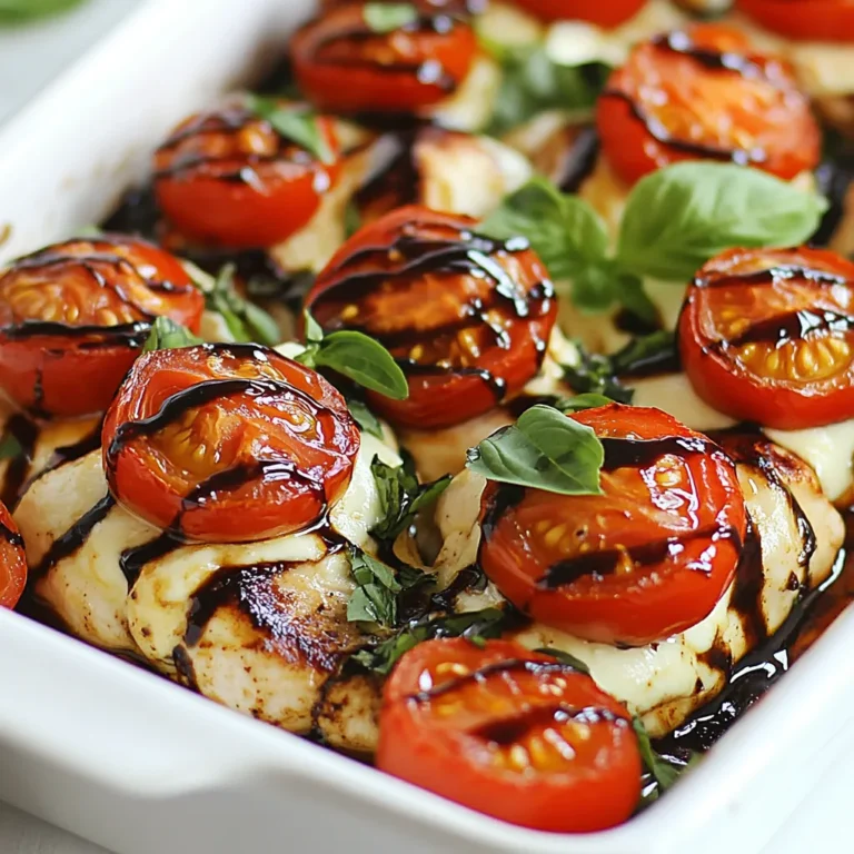 To make Balsamic Glazed Caprese Chicken Bake, gather these items: - 4 boneless, skinless chicken breasts - 2 cups cherry tomatoes, halved - 8 oz fresh mozzarella cheese, sliced - 1/2 cup balsamic glaze - 2 tablespoons olive oil - 4 cloves garlic, minced - 1 teaspoon dried basil - 1 teaspoon dried oregano - Salt and pepper to taste - Fresh basil leaves for garnish Each ingredient plays a key role in this dish. Here’s how much you need: - Chicken breasts: Four pieces, around 6 oz each. - Cherry tomatoes: Two cups, about 12-15 tomatoes, depending on size. - Mozzarella cheese: Eight ounces, roughly one ball of cheese. - Balsamic glaze: Half a cup, which adds a sweet tang. - Olive oil: Two tablespoons for cooking and flavor. - Garlic: Four cloves for a bold taste. - Dried herbs: One teaspoon each of basil and oregano. - Salt and pepper: Use to your taste. - Fresh basil: A handful for garnish and fresh flavor. Using fresh ingredients makes a big difference in flavor. - Chicken: I recommend fresh, high-quality chicken breasts. Frozen ones can work, but they may not cook evenly. - Tomatoes: Fresh cherry tomatoes burst with flavor. Canned tomatoes won’t give the same taste. - Mozzarella: Fresh mozzarella is the best choice. It melts beautifully and adds creaminess. - Balsamic glaze: You can buy it, but making your own is simple and fun. Just reduce balsamic vinegar until thick. - Herbs: Fresh basil is ideal, but dried works if you’re in a pinch. Using fresh ingredients truly elevates this recipe. They bring vibrant flavors and textures that make every bite delightful. {{ingredient_image_1}} Start by preheating your oven to 400°F (200°C). While it heats, grab a large oven-safe baking dish. Drizzle 2 tablespoons of olive oil in the dish. Spread the oil evenly across the bottom. This will help the chicken not stick. Now, take 4 boneless, skinless chicken breasts. Season each side with salt, pepper, 1 teaspoon of dried basil, and 1 teaspoon of dried oregano. Place the chicken in the baking dish. Scatter 2 cups of halved cherry tomatoes around the chicken. This adds flavor and color. In a small bowl, mix 4 cloves of minced garlic with half of the balsamic glaze. Pour this mixture over the chicken and tomatoes. It gives the dish a rich taste. Bake in the oven for 25 minutes. After 25 minutes, carefully take the dish out of the oven. Now, top each chicken breast with slices of fresh mozzarella cheese. This makes the dish creamy and delicious. Return the dish to the oven and bake for another 10 to 15 minutes. The chicken should be cooked through, and the cheese should melt and bubble nicely. Once your chicken is done, drizzle the rest of the balsamic glaze over everything. This adds a nice shine and extra flavor. For the final touch, garnish your dish with fresh basil leaves. They give a lovely pop of color and a fresh taste. Now, your Balsamic Glazed Caprese Chicken Bake is ready to serve! To get juicy chicken, start with fresh, high-quality chicken breasts. Always season your chicken well. Use salt and pepper, along with dried herbs like basil and oregano. This adds flavor. Make sure your oven is at the right temperature. Preheat it to 400°F (200°C). This helps cook the chicken evenly. Bake it for 25 minutes before adding cheese. This way, the chicken stays moist. Using balsamic glaze can elevate your dish. Start with a good quality glaze for the best flavor. You can make it from scratch by simmering balsamic vinegar until it thickens. This gives a rich taste. When using store-bought glaze, drizzle it on at the end. This keeps the flavor bold and fresh. A little goes a long way, so don’t overdo it. Mozzarella is classic for Caprese chicken, but you can try different cheeses. Provolone adds a nice kick. Goat cheese gives a tangy flavor that pairs well. If you like sharp cheese, try aged cheddar. Each cheese changes the taste, so feel free to experiment. Just remember to keep the cheese creamy. This helps melt and blend well with the glaze and chicken. Pro Tips Marinate for More Flavor: For an extra burst of flavor, marinate the chicken breasts in balsamic glaze and olive oil for at least 30 minutes before baking. Cheese Variations: Experiment with different types of cheese such as goat cheese or feta for a unique twist on the classic Caprese flavors. Tomato Alternatives: If cherry tomatoes are unavailable, consider using sun-dried tomatoes or diced Roma tomatoes for a different texture and taste. Serve with Sides: Pair this dish with a fresh salad or garlic bread to round out the meal and complement the Caprese flavors. {{image_2}} You can add a fresh twist to your dish by adding spinach. Start by sautéing a few cups of fresh spinach in olive oil. Once wilted, spread the spinach over the chicken before adding tomatoes and cheese. This adds a burst of color and nutrients. The spinach gives it a lovely green hue. Plus, it pairs well with the creamy mozzarella and tangy balsamic glaze. For a Mediterranean flair, consider adding olives and feta cheese. Use kalamata or green olives for a nice briny flavor. Sprinkle them on top of the chicken with the tomatoes. Add crumbled feta to enhance the taste. The salty feta and olives complement the sweet balsamic glaze perfectly. This variation creates a rich, savory dish that transports you to a sunny Mediterranean kitchen. Grilling is another fun way to enjoy this meal. Start by marinating the chicken in balsamic glaze and spices for a few hours. Then, grill the chicken until it gets those nice char marks. After grilling, top with fresh mozzarella and let it melt. This method adds a smoky flavor and makes the chicken juicy. Serve it with fresh tomatoes and drizzle extra glaze on top for a delicious finish. After cooking, let the Balsamic Glazed Caprese Chicken cool down. Place it in an airtight container. Store it in the fridge for up to three days. This dish stays tasty and fresh, perfect for quick meals. You can freeze leftovers for later use. Wrap the chicken tightly in plastic wrap, then place it in a freezer bag. It will keep well for up to three months. When ready to eat, thaw it in the fridge overnight. To reheat, preheat your oven to 350°F (175°C). Place the chicken in an oven-safe dish. Cover it with foil to keep moisture in. Heat for about 20 minutes, or until warm. You can also use a microwave for quick reheating, but it may not keep the cheese as bubbly. Yes, you can use chicken thighs instead of breasts. Thighs are juicy and full of flavor. They also stay tender during cooking. Just make sure to adjust the cooking time. Thighs may need a few extra minutes to cook through. Always check that the internal temperature reaches 165°F (75°C) for safety. If you don’t have fresh mozzarella, you can use shredded mozzarella. It melts well and tastes great. You can also try provolone or even gouda for a different flavor. For a dairy-free option, use vegan cheese shreds. These options will still give you that delicious, cheesy goodness. Making balsamic glaze at home is easy and quick. You need just balsamic vinegar and a saucepan. Pour 1 cup of balsamic vinegar into the pan. Heat it on medium until it starts to simmer. Reduce the heat to low and let it cook for about 15-20 minutes. Stir it often until it thickens and coats the back of a spoon. Let it cool before using. This glaze adds a sweet and tangy flavor to your dishes. This blog post showed you how to make a tasty balsamic glazed chicken. You learned about key ingredients, steps for cooking, and helpful tips for perfect results. I shared fun variations and storage info, plus answers to your questions. By using fresh, quality ingredients and following the steps, you can make this dish special. Enjoy exploring flavors and tweaking recipes to fit your taste. Cooking can be fun and easy!