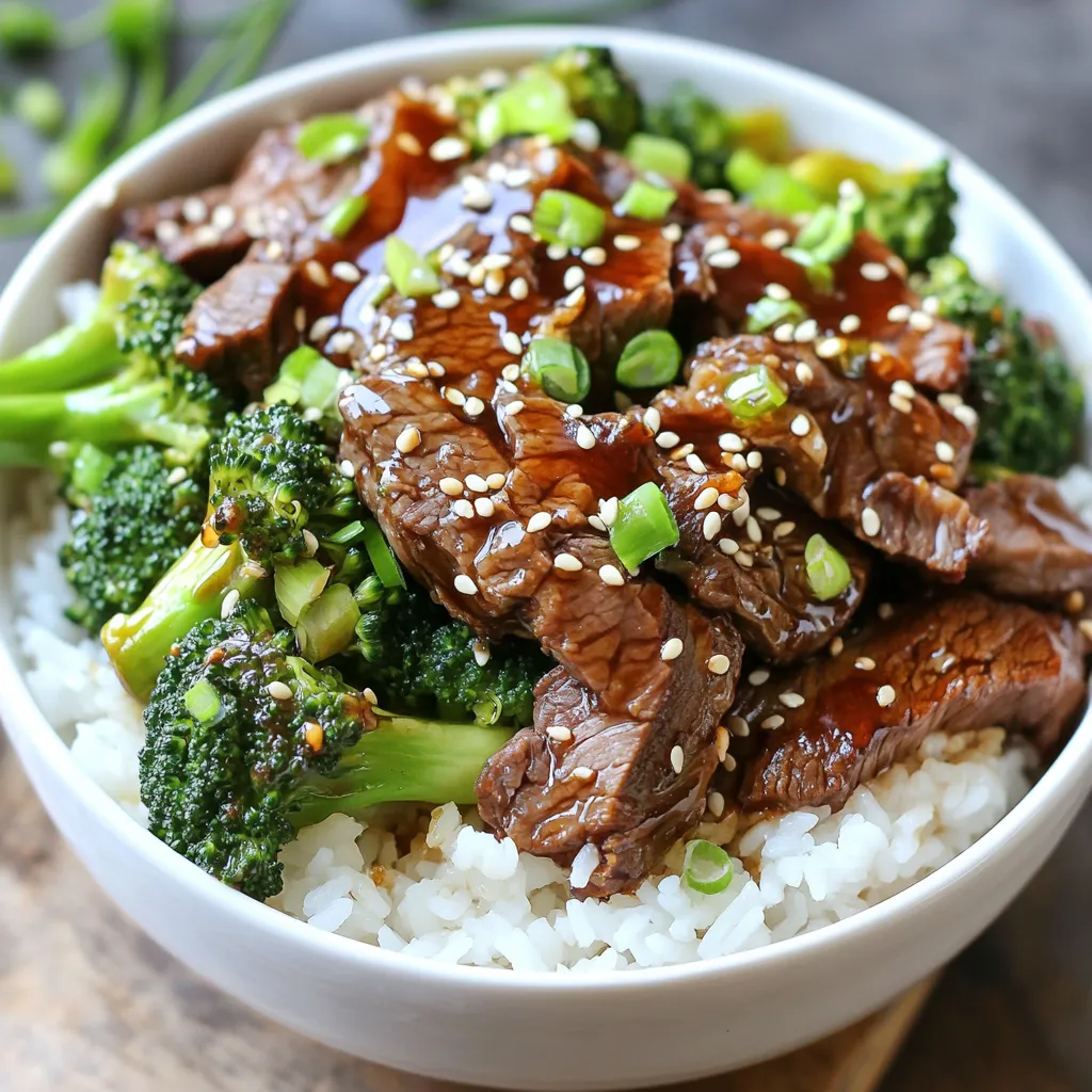 - 1 lb flank steak, sliced thinly against the grain - 2 cups broccoli florets - 2 cups cooked jasmine rice Flank steak is a great choice. It has rich flavor and tender texture. Slice it thinly against the grain. This gives you juicy bites. Broccoli florets add crunch and color. They also bring vitamins to the dish. Jasmine rice serves as the perfect base. Its nutty aroma complements the steak and broccoli. - 1/2 cup low-sodium soy sauce - 1/4 cup honey or maple syrup - 1 tablespoon sesame oil - 1 tablespoon olive oil - 2 cloves garlic, minced - 1 tablespoon fresh ginger, grated - 1 teaspoon cornstarch mixed with 2 tablespoons water - Salt and pepper to taste The sauce is key to this dish. Soy sauce is salty and savory. Honey or maple syrup adds sweetness. This balance creates great flavor. Sesame oil gives a nutty finish. Olive oil helps to cook the steak. Garlic and ginger add depth to the sauce. The cornstarch thickens the sauce, making it stick to the meat and veggies. Remember to season with salt and pepper for taste. - Sesame seeds - Green onions, sliced Garnishes make the dish pop. Sesame seeds add crunch and a nice look. They also give a slight nutty flavor. Green onions add freshness and a bit of spice. Toss them on just before serving for the best taste. {{ingredient_image_1}} To make the teriyaki sauce, start by whisking together key ingredients. In a small bowl, mix: - 1/2 cup low-sodium soy sauce - 1/4 cup honey or maple syrup - 1 tablespoon sesame oil - 2 cloves minced garlic - 1 tablespoon grated fresh ginger This simple blend creates a sweet and savory sauce. Make sure to taste it. If you want more sweetness, add a bit more honey or syrup. For a saltier flavor, increase the soy sauce. Balance is key for a great teriyaki sauce. Next, heat 1 tablespoon of olive oil in a large skillet or wok over medium-high heat. Add the thinly sliced flank steak. Season it with salt and pepper. Cook for about 3-4 minutes. You want the steak to be browned and cooked to your liking. Avoid overcrowding the pan. Searing the meat this way gives it a nice texture and flavor. Once done, remove the steak and set it aside. In the same skillet, add 2 cups of broccoli florets. Stir-fry them for 2-3 minutes. The goal is to keep the color bright and vibrant. This step is important because it helps lock in the nutrients. The broccoli should be tender yet still crisp. If it starts to lose its color, you’ve cooked it too long. After the broccoli is ready, pour the teriyaki sauce over it. Bring the mixture to a simmer. Let it bubble for about 1 minute. This helps the flavors meld together. Now, add the cornstarch mixed with 2 tablespoons of water. Stir well to thicken the sauce. It should coat the broccoli nicely. Finally, return the cooked steak to the skillet. Toss everything together for about a minute. This ensures the steak and broccoli are well-coated in sauce. Your dish is now ready to serve! To get tender steak, always slice against the grain. Slicing this way breaks up the muscle fibers, making it easier to chew. Choosing the right cut of meat is also key. I recommend flank steak for its great flavor and tenderness when cooked properly. For perfect broccoli, aim for a cooking time of just 2-3 minutes. This keeps the broccoli crisp and vibrant. If you want to mix things up, try using snap peas or bell peppers instead. Both add a nice crunch and color. If you have dietary needs, you can swap honey for maple syrup in the teriyaki sauce. This keeps the sweetness but makes it vegan. For convenience, store-bought teriyaki sauce works too, but be sure to check the label for added sugars. Homemade sauce allows for more control over flavors and ingredients. Pro Tips Rest the Steak: Allow the cooked steak to rest for a few minutes before slicing. This helps retain its juices, making for a more flavorful bite. Use Fresh Ingredients: Fresh garlic and ginger will elevate the flavor of your teriyaki sauce. Avoid pre-minced products for the best taste. Broccoli Cooking Time: Make sure not to overcook the broccoli. It should be bright green and slightly tender to retain its nutrients and crunch. Customize Your Bowl: Feel free to add other veggies like bell peppers or snap peas for extra color and nutrition. Adjust the teriyaki sauce quantity as needed. {{image_2}} You can switch the steak for chicken or tofu. Chicken gives a lighter taste. Tofu is great for a plant-based option. Both soak up the teriyaki sauce well. Seafood lovers can try shrimp in this bowl. Shrimp cooks fast and adds a sweet flavor. Just toss it in for a quick finish. If you want a change from jasmine rice, try brown rice or quinoa. These grains add more fiber and nutrients. They also have a nutty flavor. For a low-carb option, use cauliflower rice. It's light and lets the steak shine. Just sauté it lightly for a good texture. To enhance the taste, add spices like red pepper flakes or black pepper. These give some heat and depth. Fresh herbs like cilantro or basil can also brighten the dish. Want to mix in more sauces? Try hoisin or sriracha for a twist. These sauces can create unique flavors you’ll love. To keep your teriyaki steak and broccoli fresh, store it in an airtight container. Place it in the fridge right after cooling. Your leftovers can stay good for up to three days. This helps keep the flavors tasty and the texture nice. When you reheat your dish, use the microwave or a skillet. If using a microwave, heat it in short bursts. Stir in between to avoid hot spots. When using a skillet, add a splash of water to keep it moist. For reheating jasmine rice, sprinkle a little water before heating. This helps the rice regain its fluffy texture. If you want to freeze portions, place them in freezer-safe bags or containers. Make sure to remove as much air as possible. Your meal can last in the freezer for up to three months. To thaw, simply place it in the fridge overnight. You can also use the microwave for quick thawing. To make teriyaki sauce, you need a few simple ingredients. Gather: - 1/2 cup low-sodium soy sauce - 1/4 cup honey or maple syrup - 1 tablespoon sesame oil - 2 cloves garlic, minced - 1 tablespoon fresh ginger, grated To prepare, whisk together all these ingredients in a bowl. This sauce is sweet and savory. It adds great flavor to your steak and broccoli. Yes, you can use frozen broccoli. However, it may change the texture. Frozen broccoli can become softer and mushier when cooked. If you prefer crisp broccoli, fresh is better. If you use frozen, cook it for a shorter time to keep some crunch. You can serve many sides with these bowls. Here are a few ideas: - Steamed jasmine rice - Quinoa for a nutty flavor - A simple green salad - Edamame for extra protein These sides complement the dish well and complete your meal. This recipe is a balanced meal. It includes protein from steak and fiber from broccoli. Each serving has healthy fats from olive and sesame oil. By using low-sodium soy sauce, you reduce salt intake. Overall, this dish is nutritious and supports a healthy diet. This blog post covered how to make a delicious Teriyaki Steak and Broccoli Bowl. We discussed the main ingredients, sauces, and garnishes. You learned step-by-step instructions for preparing the sauce, cooking the steak, and stir-frying the broccoli. I shared tips for achieving the best texture and flavor, as well as variations to suit your taste. Finally, we explored storage options and answered common questions. You now have the tools to create a tasty and satisfying meal that you can enjoy. Dig in and share your cooking success with others!