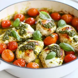 When it comes to making Pesto Chicken Caprese Skillet, having the right ingredients is key. Here’s what you need: - Chicken Breasts: 2 boneless, skinless chicken breasts work best. - Basil Pesto: Use 1 cup of fresh basil pesto for rich flavor. - Cherry Tomatoes: Grab 1 cup of cherry tomatoes, halved for sweetness. - Fresh Mozzarella Balls: 1 cup of fresh mozzarella balls adds creaminess. - Olive Oil: Use 2 tablespoons of olive oil for cooking. - Seasonings: Salt and pepper are essential to enhance the taste. - Garnish: Fresh basil leaves will brighten up the dish. These ingredients come together to create a meal that's not just tasty but also colorful and appealing. You can find most of these at your local store. Using fresh ingredients makes a big difference in flavor and texture. Enjoy cooking this vibrant dish! {{ingredient_image_1}} Seasoning and Initial Cooking Start by heating olive oil in a large skillet over medium-high heat. While it heats, season both sides of the chicken breasts with salt and pepper. Once the oil is hot, add the chicken. Cook each side for about 5-7 minutes until it becomes golden brown. Checking Internal Temperature To ensure your chicken is safe to eat, check the internal temperature. It should reach 165°F (75°C). This step is key for juicy and safe chicken. Once cooked, remove the chicken from the skillet and set it aside on a plate. Sautéing Cherry Tomatoes In the same skillet, add the halved cherry tomatoes. Sauté them for about 2-3 minutes. You want them to soften and release some juices. This adds flavor to your dish. Adding Pesto and Mozzarella Lower the heat and return the chicken to the skillet. Spread the fresh basil pesto evenly over the chicken. This will infuse the chicken with a rich, herby flavor. Next, top the chicken with fresh mozzarella balls. Final Cooking Steps Cover the skillet with a lid. Let it cook for another 3-4 minutes. This allows the cheese to melt and bubble nicely. The aroma will be mouthwatering. Before serving, garnish with fresh basil leaves for a pop of color and taste. - Ensuring Chicken is Juicy To keep chicken juicy, use boneless, skinless chicken breasts. Season them with salt and pepper before cooking. Heat olive oil in the skillet until hot. Cook the chicken for 5-7 minutes on each side. Make sure the internal temperature is 165°F (75°C). Let the chicken rest for a few minutes after cooking. This will help keep the juices inside. - Melting Cheese Perfectly For perfect melted cheese, use fresh mozzarella balls. After adding the pesto, place the mozzarella on top. Cover the skillet with a lid. This traps heat and helps the cheese melt evenly. Cook for another 3-4 minutes. You want the cheese bubbly and gooey. - Presentation Ideas To serve, you can keep the skillet on the table. Or, transfer the dish to a serving plate. Drizzle extra pesto on top for color. Add fresh basil leaves as a garnish. This makes the dish look fresh and inviting. - Pairing with Side Dishes Pair your Pesto Chicken Caprese Skillet with garlic bread. This adds a nice crunch and flavor. You can also serve it with a side salad. A light salad with vinaigrette complements the dish well. This gives a fresh taste that balances the rich flavors. Pro Tips Use Fresh Ingredients: Fresh basil, ripe tomatoes, and high-quality mozzarella elevate the flavors of this dish. Always choose the best ingredients for the best results. Don’t Overcook the Chicken: Use a meat thermometer to ensure your chicken is perfectly cooked at 165°F (75°C). Overcooking can lead to dry, tough meat. Customize the Pesto: Feel free to add nuts, garlic, or different herbs to your pesto for a personalized touch. Homemade pesto can make this dish even more special. Serve with a Side: Pair this dish with a side of garlic bread or a fresh salad to balance the richness of the skillet and create a well-rounded meal. {{image_2}} You can change the protein in this dish. Shrimp cooks fast and tastes great. Tofu is a good choice too. It absorbs flavors well. You can use any protein you like based on your taste. You can also try different pesto options. If you want a twist, use sun-dried tomato pesto. It adds a rich flavor. Another option is arugula pesto for a peppery kick. These swaps can make the dish unique every time. Adding spinach or arugula can boost the dish. These greens add color and nutrition. You can stir them in with the tomatoes. They cook quickly and keep their crunch. Incorporating nuts is another fun idea. Pine nuts are great for a creamy taste. Walnuts add a hearty crunch. Just toss them in before serving. This extra texture will surprise your taste buds. To keep your Pesto Chicken Caprese Skillet fresh, store leftovers in the fridge. Use an airtight container. This helps keep the flavors and moisture in. Leftovers can last for up to three days. Label the container with the date for easy tracking. When reheating, aim to keep the chicken juicy and the cheese melty. The best method is using a skillet. Heat it on low, adding a splash of olive oil. Place the chicken back in the skillet and cover it. This helps trap steam. Cook for about 5 minutes until warm. You can also use a microwave. Put the chicken on a plate, cover it, and heat for one minute. Check to make sure it's hot all the way through. The best way to cook chicken breasts is to use a skillet. Start by heating olive oil over medium-high heat. Season the chicken with salt and pepper. Cook the chicken for 5-7 minutes on each side. Make sure the internal temperature reaches 165°F (75°C). This ensures the chicken is juicy and cooked well. Yes, you can use store-bought pesto. It saves time and still tastes great. Look for a brand with fresh ingredients. This keeps the flavor close to homemade pesto. Just spread it over the chicken as you would with homemade. You can serve this dish with various sides. Toasted garlic bread is a great choice. A simple green salad pairs well, too. You could also serve it with pasta or rice. These sides soak up the delicious pesto and sauce. The dish lasts about 3-4 days in the fridge. Make sure to store it in an airtight container. Reheat it gently on the stove or in the microwave. Enjoy it again without losing too much flavor! In this blog post, we explored making a delicious Pesto Chicken Caprese Skillet. We covered all the key ingredients, from chicken breasts to fresh basil. The step-by-step instructions made the cooking process clear and easy. I shared tips for juicy chicken and perfect cheese melts. Don't forget about fun variations you can try! Lastly, I provided storage and reheating tips for leftovers. Cooking can be simple and fun. Try this recipe, and enjoy a tasty meal with loved ones.