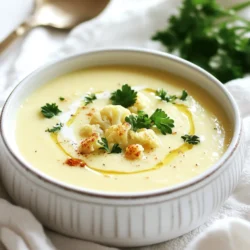 To make this soup, you need a few key items. Here’s what you will need: - 1 large head of cauliflower, chopped into florets - 2 tablespoons olive oil - 1 large onion, diced - 3 cloves garlic, minced - 4 cups vegetable broth - 1 cup heavy cream or coconut cream for a dairy-free option - 1 teaspoon ground cumin - 1 teaspoon smoked paprika - Salt and pepper to taste These ingredients work together to create a rich and creamy flavor. The roasted cauliflower brings a sweet taste. The spices add warmth and depth. You can enhance your soup with some simple garnishes. Here are some ideas: - Fresh parsley for a pop of color - Chives for a mild onion flavor - A drizzle of olive oil for richness - Croutons for added crunch These extras make the soup even more fun to eat. They also add visual appeal. If you have dietary needs, don't worry! You can easily swap some ingredients. Here are some options: - Use coconut cream instead of heavy cream for a dairy-free version. - Swap vegetable broth with chicken broth if you prefer. - Use garlic powder instead of fresh garlic if you’re out. These substitutions keep the soup delicious while catering to your needs. Enjoy making it your own! {{ingredient_image_1}} Start by washing the head of cauliflower. You want it clean and fresh. Next, chop it into bite-sized florets. This helps them roast evenly. Grab a large onion and dice it finely. Dice it small so it cooks fast. Mince three cloves of garlic. The garlic will add lots of flavor. Preheat your oven to 425°F (220°C). This high heat gives the cauliflower a nice brown color. Place the chopped florets on a baking sheet. Drizzle one tablespoon of olive oil over them. Sprinkle salt and pepper to taste. Toss the florets until they are well-coated. Roast the cauliflower for 25 to 30 minutes. Stir halfway through to ensure even cooking. You want it golden brown and tender. In a large pot, heat the remaining tablespoon of olive oil over medium heat. Add the diced onion and cook for about 5 to 7 minutes. You want it soft and translucent. Now, add the minced garlic, ground cumin, and smoked paprika. Sauté for about 2 minutes until it smells great. When the cauliflower is ready, add it to the pot along with 4 cups of vegetable broth. Bring the mixture to a boil. Then, lower the heat and let it simmer for about 10 minutes. This step allows the flavors to blend. Now it’s time to blend! Use an immersion blender to puree the soup until it’s smooth. If you don’t have one, transfer the soup to a blender in batches. Be careful, as it will be hot! If you used a blender, pour the soup back into the pot. Stir in one cup of heavy cream or coconut cream. Heat it through and season with salt and pepper to taste. Serve your creamy roasted cauliflower soup hot. Garnish with fresh parsley or chives for a pop of color. Enjoy! To make your soup creamy, use heavy cream or coconut cream. Both options give a rich flavor. Blend the soup until it is smooth and velvety. If you want a lighter soup, add more broth. For a thick texture, use less broth. The secret is to roast the cauliflower until golden. This caramelization adds depth to the flavor and texture. One mistake is overcooking the cauliflower. It should be tender but not mushy. If you skip roasting, you miss out on great flavor. Another common error is not seasoning enough. Always taste your soup before serving. Adjust salt and pepper as needed. Lastly, avoid blending the soup too early. Let it cool slightly to prevent splatters. Add warm spices like cumin and smoked paprika. They bring warmth and depth to the soup. You can also add a squeeze of lemon juice for brightness. Fresh herbs, like parsley or chives, make great garnishes. They add color and fresh flavor. Experiment with toppings like croutons or a drizzle of olive oil. This adds texture and makes the soup even more inviting. Pro Tips Roast for Flavor: Roasting the cauliflower brings out its natural sweetness and adds depth to the soup's flavor. Blend for Creaminess: For an ultra-smooth texture, blend the soup thoroughly. An immersion blender works great for this! Adjust Consistency: If the soup is too thick, simply add more vegetable broth or cream to reach your desired consistency. Garnish for Freshness: Fresh herbs like parsley or chives not only add color but also enhance the soup's flavor profile. {{image_2}} You can easily make this soup dairy-free or vegan. Use coconut cream instead of heavy cream. This change still gives you a rich, creamy texture. You can also use almond milk or soy milk for a lighter option. Both choices keep the soup smooth and delicious. Feel free to add other veggies to the soup. Carrots or sweet potatoes add sweetness and color. You can also toss in some celery for crunch. If you want more flavor, add spices like turmeric or coriander. These spices offer a unique twist to the classic taste. To spice things up, add crushed red pepper flakes or diced jalapeños. You can also try adding a splash of hot sauce for extra heat. For a smoky flavor, increase the smoked paprika. You could even add some chipotle peppers in adobo sauce. This adds both heat and a deep, smoky taste. Enjoy experimenting with these variations! Store leftover creamy roasted cauliflower soup in an airtight container. Make sure it is cool before sealing. Keep it in the fridge for up to three days. Always check for any signs of spoilage before eating. If you see mold or a bad smell, it’s best to throw it away. You can freeze this soup for later use. Pour it into freezer-safe containers. Leave some space at the top, as the soup will expand when it freezes. Label each container with the date. It will stay fresh for up to three months. When you're ready to eat, just thaw it in the fridge overnight. To reheat the soup, use a pot on the stove over medium heat. Stir it often to heat evenly. If the soup is too thick, add a splash of water or broth. You can also use a microwave. Place it in a microwave-safe bowl and cover it loosely. Heat in short bursts, stirring in between. This keeps it from getting too hot in one spot. Enjoy your warm bowl of comfort! Yes, you can use frozen cauliflower. It saves time and is easy to find. Just make sure to thaw it before roasting. You may need to adjust the roasting time since frozen cauliflower can release more water. It’s best to roast it until it is tender and slightly golden for great flavor. To thicken the soup without cream, use extra cauliflower. Blend more roasted cauliflower into the soup for a thick texture. You can also use cooked potatoes or white beans. Both options add creaminess without using dairy. Remember to blend well for a smooth finish. This soup pairs well with crusty bread or a fresh salad. A simple green salad adds crunch and color. You can also serve it with grilled cheese for a classic combo. If you want something special, try adding roasted nuts on top for extra flavor. This blog post covered the delicious journey of making creamy roasted cauliflower soup. You learned about essential ingredients, helpful tips, and variations to suit your taste. We discussed how to store any leftovers and answered common questions. Remember, you can make this soup your own by trying different flavors and textures. With the right steps, you’ll create a comforting bowl that everyone will love. Enjoy making this soup and share your creations!