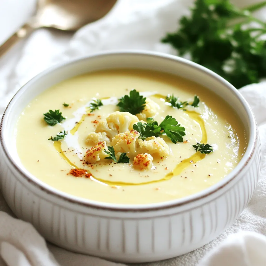 To make this soup, you need a few key items. Here’s what you will need: - 1 large head of cauliflower, chopped into florets - 2 tablespoons olive oil - 1 large onion, diced - 3 cloves garlic, minced - 4 cups vegetable broth - 1 cup heavy cream or coconut cream for a dairy-free option - 1 teaspoon ground cumin - 1 teaspoon smoked paprika - Salt and pepper to taste These ingredients work together to create a rich and creamy flavor. The roasted cauliflower brings a sweet taste. The spices add warmth and depth. You can enhance your soup with some simple garnishes. Here are some ideas: - Fresh parsley for a pop of color - Chives for a mild onion flavor - A drizzle of olive oil for richness - Croutons for added crunch These extras make the soup even more fun to eat. They also add visual appeal. If you have dietary needs, don't worry! You can easily swap some ingredients. Here are some options: - Use coconut cream instead of heavy cream for a dairy-free version. - Swap vegetable broth with chicken broth if you prefer. - Use garlic powder instead of fresh garlic if you’re out. These substitutions keep the soup delicious while catering to your needs. Enjoy making it your own! {{ingredient_image_1}} Start by washing the head of cauliflower. You want it clean and fresh. Next, chop it into bite-sized florets. This helps them roast evenly. Grab a large onion and dice it finely. Dice it small so it cooks fast. Mince three cloves of garlic. The garlic will add lots of flavor. Preheat your oven to 425°F (220°C). This high heat gives the cauliflower a nice brown color. Place the chopped florets on a baking sheet. Drizzle one tablespoon of olive oil over them. Sprinkle salt and pepper to taste. Toss the florets until they are well-coated. Roast the cauliflower for 25 to 30 minutes. Stir halfway through to ensure even cooking. You want it golden brown and tender. In a large pot, heat the remaining tablespoon of olive oil over medium heat. Add the diced onion and cook for about 5 to 7 minutes. You want it soft and translucent. Now, add the minced garlic, ground cumin, and smoked paprika. Sauté for about 2 minutes until it smells great. When the cauliflower is ready, add it to the pot along with 4 cups of vegetable broth. Bring the mixture to a boil. Then, lower the heat and let it simmer for about 10 minutes. This step allows the flavors to blend. Now it’s time to blend! Use an immersion blender to puree the soup until it’s smooth. If you don’t have one, transfer the soup to a blender in batches. Be careful, as it will be hot! If you used a blender, pour the soup back into the pot. Stir in one cup of heavy cream or coconut cream. Heat it through and season with salt and pepper to taste. Serve your creamy roasted cauliflower soup hot. Garnish with fresh parsley or chives for a pop of color. Enjoy! To make your soup creamy, use heavy cream or coconut cream. Both options give a rich flavor. Blend the soup until it is smooth and velvety. If you want a lighter soup, add more broth. For a thick texture, use less broth. The secret is to roast the cauliflower until golden. This caramelization adds depth to the flavor and texture. One mistake is overcooking the cauliflower. It should be tender but not mushy. If you skip roasting, you miss out on great flavor. Another common error is not seasoning enough. Always taste your soup before serving. Adjust salt and pepper as needed. Lastly, avoid blending the soup too early. Let it cool slightly to prevent splatters. Add warm spices like cumin and smoked paprika. They bring warmth and depth to the soup. You can also add a squeeze of lemon juice for brightness. Fresh herbs, like parsley or chives, make great garnishes. They add color and fresh flavor. Experiment with toppings like croutons or a drizzle of olive oil. This adds texture and makes the soup even more inviting. Pro Tips Roast for Flavor: Roasting the cauliflower brings out its natural sweetness and adds depth to the soup's flavor. Blend for Creaminess: For an ultra-smooth texture, blend the soup thoroughly. An immersion blender works great for this! Adjust Consistency: If the soup is too thick, simply add more vegetable broth or cream to reach your desired consistency. Garnish for Freshness: Fresh herbs like parsley or chives not only add color but also enhance the soup's flavor profile. {{image_2}} You can easily make this soup dairy-free or vegan. Use coconut cream instead of heavy cream. This change still gives you a rich, creamy texture. You can also use almond milk or soy milk for a lighter option. Both choices keep the soup smooth and delicious. Feel free to add other veggies to the soup. Carrots or sweet potatoes add sweetness and color. You can also toss in some celery for crunch. If you want more flavor, add spices like turmeric or coriander. These spices offer a unique twist to the classic taste. To spice things up, add crushed red pepper flakes or diced jalapeños. You can also try adding a splash of hot sauce for extra heat. For a smoky flavor, increase the smoked paprika. You could even add some chipotle peppers in adobo sauce. This adds both heat and a deep, smoky taste. Enjoy experimenting with these variations! Store leftover creamy roasted cauliflower soup in an airtight container. Make sure it is cool before sealing. Keep it in the fridge for up to three days. Always check for any signs of spoilage before eating. If you see mold or a bad smell, it’s best to throw it away. You can freeze this soup for later use. Pour it into freezer-safe containers. Leave some space at the top, as the soup will expand when it freezes. Label each container with the date. It will stay fresh for up to three months. When you're ready to eat, just thaw it in the fridge overnight. To reheat the soup, use a pot on the stove over medium heat. Stir it often to heat evenly. If the soup is too thick, add a splash of water or broth. You can also use a microwave. Place it in a microwave-safe bowl and cover it loosely. Heat in short bursts, stirring in between. This keeps it from getting too hot in one spot. Enjoy your warm bowl of comfort! Yes, you can use frozen cauliflower. It saves time and is easy to find. Just make sure to thaw it before roasting. You may need to adjust the roasting time since frozen cauliflower can release more water. It’s best to roast it until it is tender and slightly golden for great flavor. To thicken the soup without cream, use extra cauliflower. Blend more roasted cauliflower into the soup for a thick texture. You can also use cooked potatoes or white beans. Both options add creaminess without using dairy. Remember to blend well for a smooth finish. This soup pairs well with crusty bread or a fresh salad. A simple green salad adds crunch and color. You can also serve it with grilled cheese for a classic combo. If you want something special, try adding roasted nuts on top for extra flavor. This blog post covered the delicious journey of making creamy roasted cauliflower soup. You learned about essential ingredients, helpful tips, and variations to suit your taste. We discussed how to store any leftovers and answered common questions. Remember, you can make this soup your own by trying different flavors and textures. With the right steps, you’ll create a comforting bowl that everyone will love. Enjoy making this soup and share your creations!