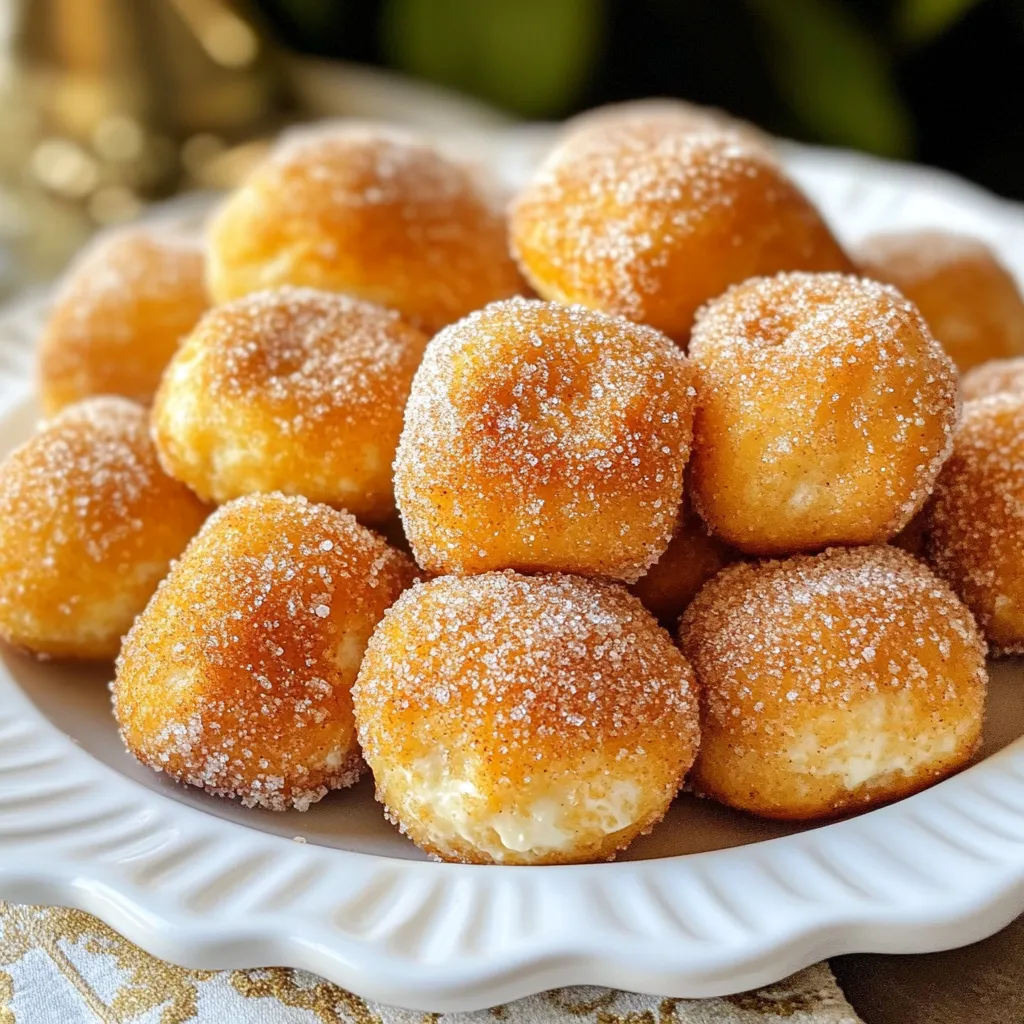 - 1 ½ cups warm water (110°F to 115°F) - 2 tablespoons granulated sugar - 1 packet (2 ¼ teaspoons) active dry yeast - 4 cups all-purpose flour - ¾ teaspoon salt - ½ cup baking soda (for boiling) - ½ cup unsalted butter, melted - ½ cup granulated sugar (for coating) - 2 teaspoons ground cinnamon These ingredients come together to create soft, fluffy bites. The warm water helps activate the yeast, which makes the dough rise. The granulated sugar adds sweetness and helps with browning. The all-purpose flour gives structure, while salt enhances flavor. The baking soda plays a key role when boiling the pretzel bites. It gives them that classic pretzel texture. Unsalted butter adds rich flavor and a nice glaze. For the final touch, the cinnamon sugar coating makes these bites irresistible. Mix the sugar with cinnamon for a sweet finish that pairs well with the warm pretzels. {{ingredient_image_1}} 1. Start by mixing 1 ½ cups of warm water with 2 tablespoons of granulated sugar in a large bowl. You want the water to be between 110°F and 115°F. This range helps activate the yeast. 2. Sprinkle 1 packet of active dry yeast over the water and sugar mixture. Let it sit for about 5 minutes. You will see it become frothy. This means your yeast is alive and ready. 1. Now, add 4 cups of all-purpose flour and ¾ teaspoon of salt to your yeast mixture. Stir until a dough starts to form. 2. Transfer the dough to a floured surface. Knead it with your hands for about 5 minutes. You need it to feel smooth and elastic. 1. Place your kneaded dough in a greased bowl. Cover it with a clean kitchen towel. Let it rise in a warm place for about 1 hour. It should double in size. 2. After it rises, punch the dough down and turn it out onto a floured surface. Divide it into small pieces, about 1 inch each. Roll each piece into a small ball. 3. In a large pot, bring about 10 cups of water to a boil. Add ½ cup of baking soda to the boiling water. Carefully drop your pretzel bites into the water. Boil them for about 30 seconds on each side. Use a slotted spoon to transfer them back to the parchment-lined baking sheet. 1. Preheat your oven to 425°F (220°C). 2. Brush the boiled pretzel bites with ½ cup of melted unsalted butter. Then, sprinkle them with your cinnamon sugar mix. Combine ½ cup of granulated sugar with 2 teaspoons of ground cinnamon in a small bowl. 3. Bake the pretzel bites in the preheated oven for 12-15 minutes. They should turn golden brown. 4. Let them cool slightly before serving. Enjoy these warm, fluffy treats! To make great pretzel bites, the dough must be just right. Aim for a smooth, elastic texture. If the dough is too sticky, add a bit more flour. You want it to hold its shape but not be dry. Knead your dough for about five minutes. Use a floured surface and push the dough with your palms. Fold it over, then push again. This builds strength in the dough. Boiling your pretzel bites is key to their flavor and texture. The baking soda adds a nice golden color. It also gives that classic pretzel taste. Bring about 10 cups of water to a boil and add ½ cup of baking soda. Drop the pretzel bites in for 30 seconds on each side. This step helps them puff up nicely when baking. These treats are great on their own, but dips can enhance the fun! Pair them with cream cheese or warm chocolate sauce. You can also serve them with a side of caramel sauce for a sweet twist. Try adding a sprinkle of sea salt for a salty-sweet treat. Enjoy experimenting with your favorite flavors! Pro Tips Use the Right Temperature: Make sure your water is between 110°F to 115°F to activate the yeast properly without killing it. Knead Thoroughly: Knead the dough for at least 5 minutes until it is smooth and elastic, which helps develop the gluten for a better texture. Boiling is Key: Don’t skip the boiling step! The baking soda bath gives the pretzel bites their signature flavor and chewy texture. Keep an Eye on Baking Time: Watch your pretzel bites closely as they bake; ovens can vary and you want them to be golden brown but not overdone. {{image_2}} You can make your cinnamon sugar pretzel bites even more fun! Try a chocolate or Nutella dipping sauce. This adds a rich taste that pairs well with the sweetness. Just melt the chocolate or use Nutella straight from the jar. You can also add toppings like sea salt. The salt balances the sweet flavor and brings out the cinnamon. Just sprinkle a pinch on top after baking for a tasty twist. Pretzel bites are great, but you can try different shapes too! You can make pretzel knots for a fun look. Just twist the dough into knots before boiling. Mini pretzel shapes are also a hit. Use smaller pieces of dough to form tiny pretzels. They are perfect for kids or as a snack for parties. If you need a gluten-free option, you can use different flours. Almond flour or a gluten-free blend works well. Just remember to check the package for the right amount. Follow the same steps, and you'll still enjoy these tasty bites! To keep your cinnamon sugar pretzel bites fresh, follow these tips: - Let them cool completely before storing. - Place them in an airtight container. - Keep the container in the fridge for up to four days. This helps maintain their soft texture and sweet flavor. When it’s time to enjoy leftovers, reheating is key. Here are the best methods: - Use an oven preheated to 350°F (175°C). - Place pretzel bites on a baking sheet. - Bake for about 5-7 minutes until warm. This method keeps them crisp and avoids sogginess. You can also use a microwave, but limit the time to 10-15 seconds. This prevents them from getting too soft. Enjoy your snack with a warm, fresh taste! Homemade cinnamon sugar pretzel bites can last about 2 to 3 days at room temperature. To keep them fresh, store them in an airtight container. This helps prevent them from drying out. If you notice them getting hard, you can warm them briefly in the oven. Just heat them at 350°F for a few minutes to soften. Yes, you can freeze cinnamon sugar pretzel bites! First, let them cool completely. Then, place them in a single layer on a baking sheet and freeze for about an hour. After that, transfer them to a freezer-safe bag or container. They can last up to 3 months in the freezer. To thaw, just take them out and let them sit at room temperature for about 30 minutes. You can also warm them in the oven for a few minutes. If you don’t have yeast, you can use baking powder as a quick alternative. Use about 2 teaspoons of baking powder for every packet of yeast. Mix it into the dry ingredients. Keep in mind that the texture might change a bit. The bites will be softer, but they will still taste great! Absolutely! Cinnamon sugar pretzel bites are perfect for kids. They are fun to eat and not too hard to make. Just watch out for the hot water when boiling. You can also serve them with dipping sauces like chocolate or cream cheese frosting. Kids will love these tasty treats! You learned how to make tasty cinnamon sugar pretzel bites. We covered each step, from mixing warm water with yeast to boiling and baking the dough. I shared tips for perfecting your bites and serving ideas to enjoy with friends. Pretzel bites are fun to make and easy to share. Experiment with flavors and shapes to find your favorite. With these methods, you’ll impress everyone with your homemade treats. Enjoy your baking!