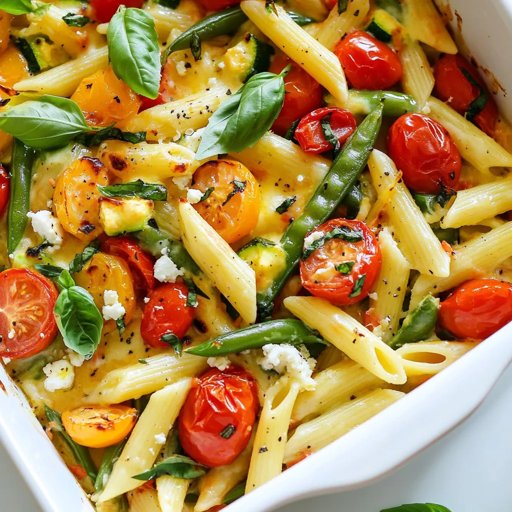 To create Baked Feta Pasta Primavera, you need the right mix of fresh ingredients. Here’s what you will need: - 200g pasta (penne or fusilli) - 200g feta cheese - 1 cup cherry tomatoes, halved - 1 zucchini, sliced into half-moons - 1 bell pepper, diced (any color) - 1 cup green beans, trimmed and cut into 1-inch pieces - 3 cloves garlic, minced - 4 tablespoons olive oil - 1 teaspoon dried oregano - Salt and pepper, to taste - Fresh basil, for garnish - Grated parmesan cheese (optional) Each ingredient plays a key role in bringing this dish to life. The pasta serves as the base, while the feta cheese adds creaminess and tang. Fresh vegetables like zucchini and bell pepper provide color and crunch. Garlic boosts the flavor, and olive oil helps everything roast nicely. The dried oregano adds a touch of warmth. You can mix and match your veggies based on what you have. Always go for the freshest ingredients to enhance taste. This dish is not only vibrant but also packed with nutrients. Enjoy the process of gathering these ingredients; it’s a big part of the fun! {{ingredient_image_1}} - Preheat the oven to 400°F (200°C). - In a large baking dish, combine 1 cup of halved cherry tomatoes, 1 sliced zucchini, 1 diced bell pepper, and 1 cup of green beans. - Drizzle the vegetables with 2 tablespoons of olive oil. Add 1 teaspoon of dried oregano, salt, and pepper. Toss well to coat. - Place 200g of feta cheese in the center of the baking dish, surrounded by the veggies. - Drizzle the feta with the remaining 2 tablespoons of olive oil. - Bake in the oven for about 25-30 minutes. The veggies should be tender, and the feta should be golden and slightly melted. - While the baking happens, cook 200g of pasta (penne or fusilli) per the package instructions. Aim for al dente. Drain the pasta and set aside. - Once the feta and veggies are done, remove the dish from the oven. Use a fork to mash the feta and mix it with the roasted vegetables. This creates a creamy sauce. - Add the cooked pasta to the dish and toss everything together. Ensure the pasta is well-coated in the feta and veggies. - Adjust the seasoning with more salt and pepper if needed. Serve hot, garnished with fresh basil and grated parmesan cheese if you like. To get perfectly roasted vegetables, follow these steps: - Cut vegetables into equal sizes. This helps them cook evenly. - Toss them with olive oil, salt, and pepper before baking. This adds flavor. - Roast them at 400°F (200°C) for 25-30 minutes. Check for tenderness. When baking feta, here’s what to do: - Place the feta in the center of the veggies. This allows it to melt nicely. - Drizzle olive oil on top. This helps it become creamy. - Bake until golden. You want it to be warm but not too runny. Garnish your dish with fresh basil. It adds color and a nice flavor. You can also use grated parmesan cheese on top for extra richness. For side dishes, consider fresh salad or crusty bread. They pair well with the pasta. Enjoy your colorful meal! Pro Tips Use High-Quality Feta: Opt for a good quality feta cheese, preferably packed in brine, for a creamier texture and richer flavor. Customize Your Veggies: Feel free to swap in your favorite vegetables or whatever is in season to make this dish your own. Don’t Overcook the Pasta: Cook the pasta just until al dente, as it will continue to soften when mixed with the hot feta and vegetables. Garnish for Freshness: Fresh basil not only adds color but also enhances the flavor, so don’t skip this step! {{image_2}} You can change up the veggies based on what is fresh. In spring, try asparagus. In winter, use broccoli or cauliflower. Summer calls for eggplant or bell peppers. Each veggie adds its own taste and color. You can also switch the cheese. If you want a lighter flavor, use goat cheese. Cream cheese can work too, giving a rich, creamy texture. Feta is salty and tangy, but other cheeses can make it special in their own way. For a vegan version, replace feta with a plant-based cheese. You can also mash silken tofu with lemon juice for a creamy texture. This keeps the dish rich and tasty. If you need gluten-free pasta, choose a brand made from rice or chickpeas. These alternatives cook well and taste great. You can enjoy this dish without gluten and still have a wonderful meal. To keep your Baked Feta Pasta Primavera fresh, store it in an airtight container. This helps prevent moisture loss and keeps flavors intact. Place it in the fridge within two hours of cooking. It stays tasty for about 3 to 4 days. If you want to keep it longer, consider freezing. For the best reheating results, use an oven or a stovetop. Preheat your oven to 350°F (175°C). Place the pasta in a baking dish, cover it with foil, and heat for about 15-20 minutes. Stir halfway through to warm evenly. If using the stovetop, add a splash of water in a pan. Heat on low, stirring gently until warm. This helps maintain the creamy texture of the feta and veggies. To boost flavor, add fresh herbs like thyme or rosemary. You can also mix in olives or capers for a salty kick. A splash of lemon juice before serving brightens the dish. Yes, you can prep this dish ahead of time. Chop your veggies and mix them with olive oil and seasoning. You can store them in the fridge for up to a day. Just bake and cook the pasta when ready to serve. Freezing is an option, but it may change the texture. Bake the dish, then let it cool. Portion it into airtight containers and freeze. To reheat, thaw overnight and bake until heated through. Penne or fusilli works great because they hold sauce well. Other pasta types like rotini or farfalle can also be good choices. The key is to use pasta that captures those tasty bits of feta and veggies. In this article, we explored a simple Baked Feta Pasta Primavera. We covered the main ingredients like pasta, feta, and fresh veggies. I shared step-by-step instructions to help you bake the dish perfectly. You also learned tips for serving, variations, and ways to store leftovers. Remember, this dish is flexible. You can swap ingredients based on what you have or enjoy. I hope you feel inspired to create this tasty meal soon. Enjoy cooking and sharing with others!