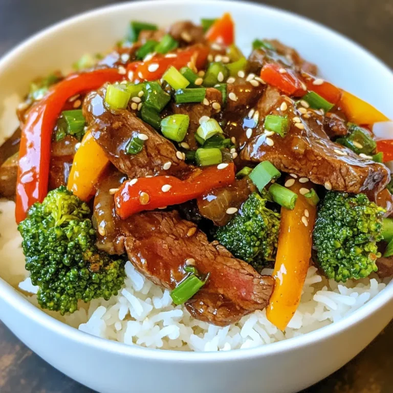 To make a tasty Sesame Garlic Beef Stir Fry, gather these key ingredients: - 1 lb (450g) flank steak, thinly sliced against the grain - 2 tablespoons sesame oil - 4 cloves garlic, minced - 1 inch ginger, grated - 1 bell pepper (red or yellow), thinly sliced - 1 cup broccoli florets - 2 carrots, julienned - 3 tablespoons soy sauce (low-sodium if preferred) - 1 tablespoon rice vinegar - 1 tablespoon honey - 2 tablespoons sesame seeds - 3 green onions, chopped (for garnish) - Cooked jasmine rice or noodles (for serving) These ingredients work together to create a flavorful dish. The flank steak gives the stir fry its protein. The sesame oil adds a rich taste, while garlic and ginger bring warmth and depth. Fresh veggies like bell pepper, broccoli, and carrots add color and crunch. You can add your own twist to this recipe. Here are some ideas: - For heat, add red pepper flakes or sliced chili peppers. - Swap flank steak for chicken or tofu for a different protein. - Use snow peas or snap peas instead of broccoli for variety. - Try different bell pepper colors for a fun look. These optional ingredients allow you to customize the dish to your liking. Feel free to experiment and make it your own! This stir fry is not just tasty; it’s also healthy. Here’s a quick look at the nutrition: - Protein: The flank steak offers lean protein, which helps build muscle. - Vitamins: The bell pepper and broccoli are rich in vitamins A and C. - Fiber: Carrots and broccoli add fiber to help with digestion. Each serving provides a balanced meal. Pair it with jasmine rice or noodles for carbs. This dish is perfect for a fulfilling lunch or dinner. {{ingredient_image_1}} First, slice the flank steak thinly against the grain. This step helps the meat stay tender. In a medium bowl, mix the sliced beef with 1 tablespoon of sesame oil, minced garlic, and grated ginger. These flavors will soak into the meat. Let the beef marinate for at least 20 minutes. This waiting time allows the flavors to blend well. While the beef marinates, prepare your veggies. Heat the remaining tablespoon of sesame oil in a large skillet or wok over medium-high heat. Add the bell pepper, broccoli, and carrots. Stir-fry these vegetables for about 3-4 minutes. You want them tender but still crisp. Once done, remove them from the pan and set them aside. This keeps your veggies fresh and colorful. In the same skillet, add the marinated beef in a single layer. Let it cook without stirring for about 2-3 minutes. This gives the beef a nice sear. After that, stir-fry for another 2-3 minutes. Cook it until it reaches your desired doneness. While the beef cooks, mix the soy sauce, rice vinegar, and honey in a small bowl. Once the beef is ready, pour the sauce over it. Stir to combine everything well. Now, return the sautéed vegetables to the skillet. Toss everything together, letting it heat for another minute. This step ensures the flavors mix together. Finally, sprinkle sesame seeds over the stir-fry and mix well. Serve the dish over cooked jasmine rice or noodles. Top it with chopped green onions for a fresh finish. Enjoy your homemade sesame garlic beef stir fry! To make your beef tender, choose flank steak. It has great flavor and texture. Slice the meat thinly against the grain. This helps break down the muscle fibers. Marinate the beef for at least 20 minutes. Use sesame oil, garlic, and ginger for a tasty mix. The marinade adds flavor and helps tenderize the beef. For a colorful stir fry, add bell peppers, broccoli, and carrots. These veggies bring crunch and nutrients. Red or yellow bell peppers are sweet and bright. Broccoli adds a nice bite. Carrots give a hint of sweetness. You can also add snap peas or mushrooms for more variety. Choose vegetables you love for a personal touch. Timing is key in stir-frying. Heat your skillet or wok well before adding ingredients. Cook the veggies for 3-4 minutes until they are tender-crisp. Remove them from the pan so they don't overcook. Add the beef next. Let it sear for 2-3 minutes before stirring. This gives it a nice crust. Once the beef is done, mix everything back together. Heat for just one more minute to combine flavors. Enjoy your meal hot and fresh! Pro Tips Marinate for Flavor: Letting the beef marinate longer than 20 minutes, if possible, enhances the flavor and tenderness of the meat. High Heat is Key: Cooking on medium-high heat helps to sear the beef quickly, locking in juices and creating a nice crust. Veggie Variations: Feel free to add other vegetables like snap peas, mushrooms, or bok choy to customize the stir-fry to your taste. Perfecting the Sauce: Adjust the sauce ingredients to your preference; add more honey for sweetness or soy sauce for a saltier flavor. {{image_2}} You can easily turn this dish into a vegetarian or vegan meal. Instead of beef, use tofu or tempeh. These options soak up flavors well and add protein. For a deeper taste, marinate the tofu with soy sauce and sesame oil before cooking. Add more veggies like snap peas, mushrooms, or zucchini for color and crunch. You can also use a plant-based soy sauce for a vegan-friendly dish. Making this recipe gluten-free is simple. Use tamari instead of regular soy sauce. Tamari has a rich taste and works well in stir-fries. Ensure all your other ingredients are gluten-free, too. Most sesame oils and rice vinegars are gluten-free, but check labels to be sure. Serve over rice or gluten-free noodles to keep the dish satisfying. If you want to switch up the protein, try chicken or shrimp. Thinly slice chicken breast and follow the same steps. For shrimp, use peeled and deveined shrimp. Cook them for just a couple of minutes until they turn pink. You can even mix proteins, using half beef and half chicken for a fun twist. Each option brings its own unique flavor and texture to the stir-fry. To keep your Sesame Garlic Beef Stir Fry fresh, store leftovers in an airtight container. Make sure to let it cool before sealing. This helps to prevent condensation inside the container. You can keep it in the fridge for up to three days. When you’re ready to enjoy your leftovers, reheat them on the stove. Heat a skillet over medium heat and add a splash of water or oil. This helps keep the beef and veggies moist. Stir gently until everything is hot. You can also use a microwave, but stir halfway through to heat evenly. If you want to save some for later, you can freeze your stir fry. Place cooled portions in freezer-safe bags or containers. Squeeze out as much air as possible to avoid freezer burn. You can freeze it for up to three months. When ready to eat, thaw it overnight in the fridge and reheat as mentioned above. Storing and reheating correctly helps you enjoy this dish multiple times without losing flavor or texture! The best cut of beef for stir fry is flank steak. It is tender and has great flavor. Slice it thinly against the grain for the best results. You can also use sirloin or ribeye if you prefer. These cuts cook quickly and stay juicy. Yes, you can prepare this dish in advance. Marinate the beef and chop the veggies ahead of time. Store them in the fridge until you are ready to cook. You can also cook the stir fry and refrigerate it for up to three days. Just reheat it before serving. Serve this stir fry over cooked jasmine rice or noodles. Both options soak up the sauce well. You can also add a side of sliced cucumbers or a simple salad for freshness. This will balance the meal and add crunch. This recipe is mild and not very spicy. The garlic and ginger add flavor without heat. If you want more spice, add red pepper flakes or sliced chili peppers. You can also try a dash of sriracha for some extra kick. Adjust it to your taste for the perfect spice level. You learned about sesame garlic beef stir fry, its key ingredients, and how to prep it. We discussed tips for tender beef and the best veggies. I shared variations to fit different diets and how to store leftovers well. This dish is quick and easy for any meal. Experiment with flavors or proteins to make it your own. Now you can enjoy this tasty recipe anytime!