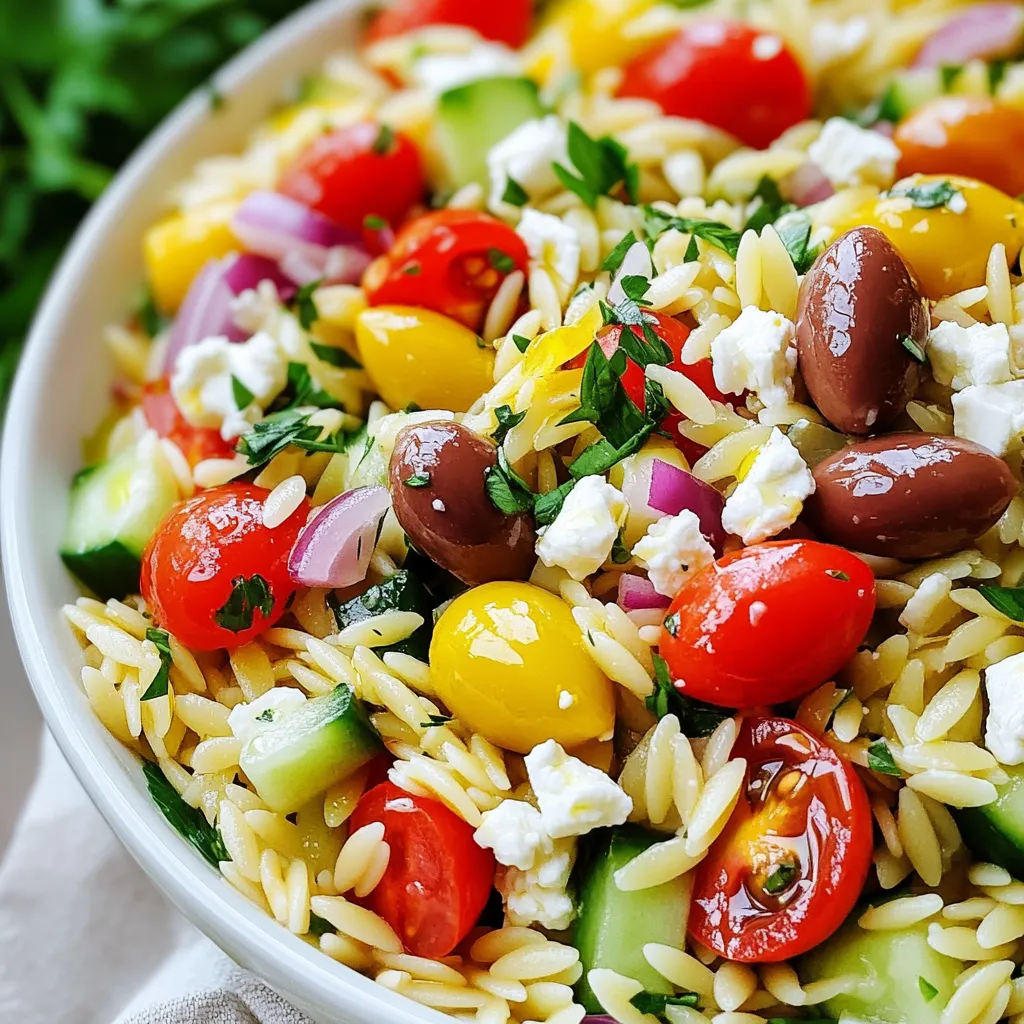 For a vibrant Greek orzo salad, you need simple, fresh ingredients. This salad shines with the following: - 1 cup orzo pasta - 2 cups water - 1 cup cherry tomatoes, halved - 1 cucumber, diced - 1/2 red onion, finely chopped - 1/2 cup kalamata olives, pitted and sliced - 1/2 cup feta cheese, crumbled - 1/4 cup olive oil - 2 tablespoons fresh lemon juice - 1 teaspoon dried oregano - Salt and pepper to taste - Fresh parsley, chopped, for garnish Each ingredient adds a layer of flavor. The orzo pasta serves as the base, giving a nice chewy texture. The fresh vegetables bring color and crunch. The feta cheese adds creaminess, while kalamata olives give a briny kick. You may already have some of these staples in your pantry. Here’s what you need: - Olive oil: A key ingredient for the dressing. - Dried oregano: This herb gives that classic Mediterranean taste. - Salt and pepper: Essential for seasoning. These staples help create a simple yet tasty dressing that complements the salad. Want to jazz up your Greek orzo salad? Consider these optional ingredients: - Bell peppers: Add diced red or yellow bell peppers for color and sweetness. - Avocado: Creamy avocado can enhance the texture and flavor. - Artichoke hearts: These can add a unique taste and extra nutrition. Feel free to mix and match these optional ingredients to suit your taste. This salad is very flexible, so you can get creative! {{ingredient_image_1}} To start, gather your ingredients. You’ll need 1 cup of orzo pasta and 2 cups of water. First, pour 2 cups of water into a medium saucepan. Bring the water to a boil over high heat. Once boiling, add the orzo pasta. Cook it for about 8 to 10 minutes. The pasta should be al dente, firm but not hard. When it's ready, drain the orzo in a colander. Rinse it under cold water to stop the cooking process. This helps keep it from getting mushy. While the orzo cooks, you can chop the veggies. Take 1 cup of cherry tomatoes and cut them in half. Next, dice 1 cucumber. It should be small enough to mix in easily. Then, finely chop 1/2 of a red onion. This will add a nice crunch and strong flavor. For the olives, slice 1/2 cup of kalamata olives. Lastly, crumble 1/2 cup of feta cheese. This will give the salad a creamy touch. You can set all these ingredients aside in a bowl. Now, it’s time to bring everything together. In a large bowl, combine your cooled orzo with the chopped veggies. Add the cherry tomatoes, cucumber, red onion, and sliced olives. Then, sprinkle the crumbled feta cheese on top. In a small bowl, whisk together 1/4 cup of olive oil, 2 tablespoons of fresh lemon juice, and 1 teaspoon of dried oregano. Season with salt and pepper to taste. Pour this dressing over your salad mixture. Toss everything gently to coat all the ingredients well. For a final touch, chop some fresh parsley and sprinkle it on top. This salad is now ready to serve! To cook orzo perfectly, follow these steps closely. First, bring 2 cups of water to a boil. This is the key to a good texture. Add 1 cup of orzo pasta to the boiling water. Stir it gently to prevent sticking. Cook it for about 8 to 10 minutes until it is al dente. Al dente means it should be firm but not hard. After cooking, drain the orzo and rinse it under cold water. This cools it down and stops the cooking process. Greek Orzo Salad is great for many occasions. You can serve it as a light lunch or a side dish at dinner. Pair it with grilled chicken or fish for a hearty meal. You can also serve it at picnics or potlucks. If you want to make it more filling, add some cooked shrimp or chickpeas. This salad is also great on its own, served cold or at room temperature. Fresh herbs can elevate your Greek Orzo Salad. I love using parsley for its bright taste. You can also try fresh dill or mint for a unique twist. Chop the herbs finely and mix them in right before serving. This helps to keep their vibrant flavor. You can also add a sprinkle of fresh basil for an extra pop of flavor. Fresh herbs not only taste great but also add a nice color to your dish. Pro Tips Cook Orzo to Perfection: Always cook orzo until it is al dente for the best texture in your salad. Overcooked orzo can become mushy. Fresh Ingredients Matter: Use fresh vegetables and herbs for enhanced flavor. Quality ingredients make a noticeable difference in the final dish. Chill for Flavor: Allow the salad to chill in the refrigerator for at least 30 minutes. This helps the flavors meld beautifully together. Customize Your Salad: Feel free to add your favorite vegetables or proteins, such as bell peppers or grilled chicken, to make the salad more filling. {{image_2}} You can make Greek Orzo Salad a vegetarian delight. Start by adding more vegetables. Try bell peppers for crunch or artichoke hearts for a unique taste. You can also swap feta cheese with a vegan version. Adding chickpeas boosts protein and fiber without meat. Toss in some spinach or arugula for added greens. These changes keep the dish fresh and exciting. If you want more protein, try adding grilled chicken or shrimp. These options work well with the salad's flavors. You can also use canned tuna for a quick boost. For a plant-based option, add lentils or beans. They bring in protein and make the salad filling. Each choice adds a new layer to your Greek Orzo Salad. The dressing can change the entire taste of your salad. While olive oil and lemon juice are classic, you can mix it up. Try balsamic vinegar for sweetness or yogurt for creaminess. You could even add a spicy kick with a dash of hot sauce. Experiment with herbs like basil or dill to give your dressing a twist. Each dressing brings a new flavor profile to your Greek Orzo Salad. To keep your Greek Orzo Salad fresh, store it in an airtight container. This helps prevent moisture loss and keeps flavors intact. Place it in the fridge within two hours of making it. The salad can stay good for about three days. If you notice any watery liquid, drain it before serving. Freezing Greek Orzo Salad is not ideal, as the texture can change. However, if you must freeze it, do so without the dressing. Place the orzo and veggies in a freezer-safe bag. Remove as much air as you can. You can freeze it for up to two months. When ready to eat, thaw in the fridge overnight. To refresh your salad, let it sit at room temperature for about 15 minutes. If it seems dry, add a splash of olive oil or lemon juice. You can also toss in extra fresh parsley for a bright flavor. Avoid reheating, as it won’t taste as fresh. Enjoy it cold for the best taste! Feta cheese is the classic choice for Greek Orzo Salad. It adds a rich, salty flavor. The creamy texture pairs well with the fresh veggies and orzo. You can also use goat cheese for a tangy twist. If you want something milder, try mozzarella. Each cheese will change the taste slightly, so pick what you love. Yes, you can make Greek Orzo Salad ahead of time! It keeps well in the fridge for up to two days. Making it early allows the flavors to blend nicely. Just remember to leave the dressing off until you're ready to serve. This keeps the salad fresh and crunchy. If you can't find orzo, use other small pasta shapes. Ditalini, couscous, or even quinoa work well as substitutes. Each option gives the salad a unique taste and texture. Just make sure to cook them according to their package instructions. This way, you'll get the right bite every time. In this article, we covered how to make a tasty Greek Orzo Salad. We looked at key ingredients, cooking steps, and tips for the best flavor. I shared ideas for variations and how to store your salad the right way. Remember, this dish is flexible; you can adapt it to your taste. Whether you want it vegetarian or protein-packed, it works for any meal. Try it out and enjoy a fresh, vibrant dish that impresses!