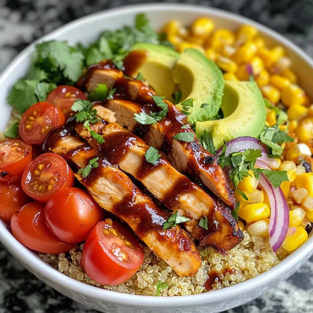 To make BBQ chicken quinoa bowls, gather these main ingredients: - 1 cup quinoa, rinsed - 2 cups water or chicken broth - 2 boneless, skinless chicken breasts - 1 cup BBQ sauce (preferably homemade or low-sugar variety) - 1 cup cherry tomatoes, halved - 1 avocado, sliced - 1 cup corn (fresh or frozen) - 1 cup black beans, drained and rinsed - 1/2 cup red onion, thinly sliced - 1/4 cup fresh cilantro, chopped - Salt and pepper to taste - Olive oil for grilling These ingredients create a tasty, balanced meal. You can boost the flavor by adding some optional ingredients: - Bell peppers, diced - Jalapeños, sliced for heat - Cheese, like feta or cheddar - Lime wedges for a zesty touch Feel free to mix and match based on your taste. Each ingredient offers unique health benefits: - Quinoa: High in protein and fiber. - Chicken: Lean protein that builds muscle. - Avocado: Packed with healthy fats and vitamins. - Black beans: Great source of fiber and iron. - Corn: Provides carbohydrates for energy. - Tomatoes: Full of antioxidants like lycopene. These ingredients not only taste great but also keep you healthy. {{ingredient_image_1}} To start, rinse the quinoa in cold water. This step removes any bitter taste. Next, bring water or chicken broth to a boil in a saucepan. Add the rinsed quinoa, then reduce the heat to low. Cover the pan and let it simmer for about 15 minutes. The quinoa is ready when all the liquid is absorbed. After cooking, remove it from heat and let it sit for 5 minutes. Finally, fluff the quinoa with a fork. This makes it light and fluffy. While the quinoa cooks, season the chicken breasts with salt and pepper. Heat olive oil in a grill pan or skillet over medium-high heat. Cook each chicken breast for about 6 to 7 minutes on each side. You want them to be fully cooked and no longer pink inside. Once done, generously brush BBQ sauce on each piece. Let the sauce caramelize for a minute. After that, slice the chicken into strips. Now it’s time to build your bowls! Start with a layer of cooked quinoa as the base. On top of that, add sliced BBQ chicken. Next, scatter halved cherry tomatoes, sliced avocado, corn, black beans, and red onion over the quinoa. Each ingredient adds color and flavor. Drizzle any leftover BBQ sauce over the top. Finally, sprinkle fresh cilantro for a burst of flavor. Enjoy your delicious BBQ chicken quinoa bowls! To cook quinoa well, rinse it first. Rinsing helps remove bitter flavors. Use a ratio of 2 cups of water or chicken broth to 1 cup of quinoa. Bring it to a boil, then lower the heat. Cover and let it simmer for about 15 minutes. Once all the liquid is gone, let it sit for 5 minutes. Fluff it with a fork for a light and airy texture. You want full flavor in your chicken. Start with good seasoning. Use salt and pepper generously. Olive oil helps keep the chicken moist. Grill the chicken over medium-high heat. Cook for about 6-7 minutes on each side. After it's cooked, brush on BBQ sauce. Let it sit for a minute to caramelize. This step adds a tasty glaze that makes each bite special. When you assemble your bowl, create layers. Start with the fluffy quinoa as the base. Arrange the sliced BBQ chicken on top. Add colorful toppings like cherry tomatoes, avocado, and corn. This not only looks great but also adds flavor variety. Don’t forget the black beans and red onion for extra texture. Finish with a drizzle of BBQ sauce and a sprinkle of fresh cilantro. This makes your BBQ Chicken Quinoa Bowl both beautiful and delicious! Pro Tips Perfectly Cooked Quinoa: To achieve fluffy quinoa, make sure to rinse it thoroughly before cooking to remove any bitterness from the saponins. This will enhance the flavor and texture of your dish. Chicken Marinade: For an extra layer of flavor, marinate the chicken breasts in a mixture of olive oil, garlic, and lime juice for at least 30 minutes before cooking. This will result in tender, juicy chicken. BBQ Sauce Options: Feel free to experiment with different types of BBQ sauces, such as spicy, sweet, or smoky varieties. A homemade sauce can elevate the dish, but make sure to choose one that complements the other ingredients. Fresh Toppings: Add a variety of fresh toppings like diced bell peppers, jalapeños, or feta cheese for an exciting twist. This will not only enhance the flavor but also add vibrant color to your bowls. {{image_2}} You can easily switch up this dish. For a vegetarian option, replace the chicken with grilled tofu or tempeh. These options soak up flavors well. Season them with salt and pepper, just like the chicken. Cook them until golden brown. For a vegan twist, use a plant-based BBQ sauce. This sauce adds great taste without any animal products. Get creative with your toppings! You can add fresh spinach or kale for extra greens. Pickled jalapeños bring heat if you like spice. For a crunch, try adding nuts or seeds. Sunflower seeds or chopped walnuts work well. Chopped bell peppers add color and sweetness. The more toppings, the more fun your bowls will be! Don't limit yourself to BBQ sauce! Try a zesty lime vinaigrette for a fresh kick. A honey mustard sauce gives a sweet and tangy flavor. You can also use a spicy chipotle sauce for a smoky taste. Each sauce changes the whole dish. Mix and match to find your favorite flavors! To store your BBQ Chicken Quinoa Bowls, let them cool first. Use airtight containers. Divide the bowls into single servings for easy access. Keep them in the fridge for up to four days. This keeps the flavors fresh and tasty. When you're ready to eat, take a bowl out of the fridge. You can reheat in the microwave. Cover it with a damp paper towel to prevent drying. Heat for one to two minutes, checking often. Stir halfway through for even heating. You can also reheat on the stove over low heat. Add a splash of water if it seems dry. Meal prep makes life easier. Cook a big batch of quinoa at once. Store it in the fridge for up to five days. Grill several chicken breasts and glaze them with BBQ sauce. Slice them and keep in the fridge for quick meals. You can also prep the veggies ahead of time. Just chop the tomatoes, onions, and avocado. Store them in separate containers for added crunch. This way, you can build a fresh bowl each day. Yes, you can use brown rice. Brown rice has a different texture and cooking time. Cook brown rice for about 40-50 minutes. Adjust the water to rice ratio as needed. The best BBQ sauce is one you love. I suggest homemade or low-sugar sauces. These options keep the meal healthy and tasty. Try sauces with a mix of sweet and tangy flavors for balance. To make this recipe gluten-free, choose gluten-free BBQ sauce. Quinoa is naturally gluten-free, so it works well. Ensure all other ingredients, like canned beans, are also gluten-free. Yes, you can make these bowls ahead of time. Prepare the quinoa and chicken in advance. Store them separately in the fridge. Assemble the bowls just before serving for the best flavor and freshness. BBQ chicken quinoa bowls are tasty, healthy meals you can customize. We covered all the key points: main and optional ingredients, cooking steps, and storage tips. Remember, you can switch ingredients for different diets, like vegetarian or vegan options. With easy tips to boost flavor, your bowls will impress. Use the FAQs to address common questions and ensure a smooth cooking experience. Enjoy making and sharing your BBQ chicken quinoa bowls!
