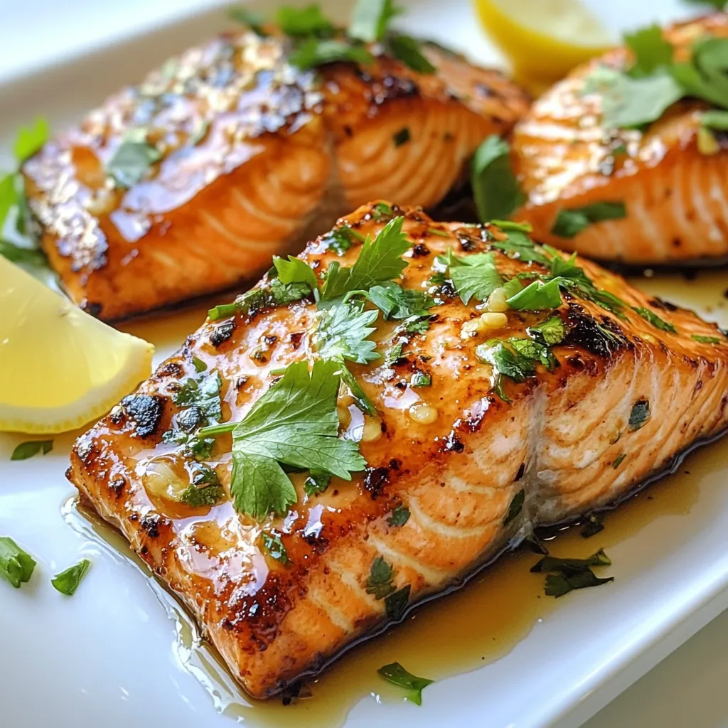 - 4 salmon fillets (6 oz each) - 2 tablespoons honey - 1-2 fresh jalapeños, finely chopped - 2 tablespoons soy sauce - 1 tablespoon olive oil - 2 cloves garlic, minced - 1 teaspoon ginger, grated - Salt and pepper to taste - Fresh cilantro or green onions for garnish - Lemon wedges for serving To make Jalapeño Honey Salmon, gather these simple ingredients. Start with four salmon fillets. Each should weigh about six ounces. You want fresh fish for the best taste. Next, grab two tablespoons of honey. This will add a sweet touch. Then, find one or two fresh jalapeños. Chop them finely. You can adjust the heat level by choosing how many to use. Next, you need two tablespoons of soy sauce. It brings a rich, salty flavor. Add one tablespoon of olive oil. This helps to keep the fish moist. Get two cloves of garlic and mince them finely. Garlic adds a nice aroma. You’ll also need one teaspoon of grated ginger for a hint of spice. Don’t forget salt and pepper to taste. These will enhance all the flavors. For garnishing, pick fresh cilantro or green onions. They add color and freshness. Lastly, prepare lemon wedges for serving. Lemon complements fish perfectly and adds brightness. With these ingredients ready, you are well on your way to a tasty meal. Enjoy the process of making this dish! {{ingredient_image_1}} First, grab a small bowl. In it, whisk together these items: - 2 tablespoons honey - 1-2 fresh jalapeños, finely chopped - 2 tablespoons soy sauce - 1 tablespoon olive oil - 2 cloves garlic, minced - 1 teaspoon ginger, grated - Salt and pepper to taste Mix until everything combines well. This marinade brings sweet and spicy flavors that make the salmon shine. Now, take your salmon fillets and place them in a shallow dish or a resealable bag. Pour the marinade over the salmon. Make sure each piece is well coated. Cover the dish or seal the bag. Let it sit in the fridge for 30 minutes. This step helps the fish absorb all the great flavors. Preheat your grill or broiler to medium-high heat. If you’re using a grill, lightly oil the grates to stop sticking. After 30 minutes, take the salmon out of the marinade, but save the marinade for later. Place the fillets on the grill or under the broiler. Cook for about 5-6 minutes on each side. Brush the salmon with the reserved marinade while it cooks. It’s done when the salmon flakes easily with a fork. Cooking times may change depending on thickness. After cooking, let the salmon rest for a couple of minutes. Serve it with fresh cilantro or green onions and lemon wedges on the side. Enjoy your flavorful grilled delight! To cook salmon just right, aim for a medium-high heat. This helps to keep it juicy. Cook each side for 5-6 minutes. The salmon is ready when it flakes easily with a fork. To avoid sticking, oil the grill grates lightly before cooking. This simple step makes a big difference. If you like spice, use two jalapeños. For a milder flavor, start with one. Always taste your marinade before adding it to the salmon. This way, you can adjust the heat to your liking. Remember, you can always add more spice later, but you can't take it out! Want to jazz up your salmon? Try adding herbs like dill or parsley. A pinch of smoked paprika can add depth. You can also mix in lime juice for a zesty twist. Experiment with flavors that you love. Cooking is all about making it personal and fun! Pro Tips Marination Time Matters: Allowing the salmon to marinate for at least 30 minutes enhances the flavor absorption, but if you have more time, letting it sit for up to 2 hours will deepen the taste even further. Heat Control: Ensure your grill or broiler is preheated to the right temperature. Medium-high heat is ideal for achieving that perfect sear while keeping the salmon moist. Check for Doneness: Salmon should be cooked until it flakes easily with a fork. Use a meat thermometer to check for an internal temperature of 145°F for optimal doneness. Garnish for Freshness: Adding fresh herbs like cilantro or green onions not only enhances the presentation but also adds a burst of freshness that complements the spicy-sweet flavor of the dish. {{image_2}} You can swap salmon for other fish or chicken. Try tilapia, trout, or even shrimp. Each protein offers a unique taste. Chicken works well too, especially thighs for extra juiciness. Just keep the marinade the same. Adjust the cooking time based on your choice. Fish usually takes less time, while chicken may need longer. You can change the marinade for new flavors. Use citrus juices like lime or orange instead of honey. They add a bright zest that pairs well with fish. If you want a different sweetener, try maple syrup or agave nectar. Each option gives a distinct taste and complements the heat of jalapeños. Pair your jalapeño honey salmon with fresh sides. A simple salad with mixed greens works great. You could also serve it with grilled vegetables or rice. Quinoa adds a nice nutty flavor and is healthy too. For a creamy touch, try a side of avocado or a light yogurt sauce. These sides enhance the dish and balance the heat nicely. To store leftovers, use an airtight container. Glass or plastic containers work well. Make sure the salmon is cool before sealing. This keeps the fish fresh longer. Store the container in the fridge. Leftover salmon stays good for up to three days. When reheating, aim to keep the salmon moist. The best method is using an oven. Preheat your oven to 275°F (135°C). Place the salmon on a baking sheet. Cover it with foil to trap moisture. Heat for about 15 minutes. You can also use a microwave but be careful. Heat it in short bursts to prevent drying out. To freeze salmon, wrap it tightly in plastic wrap. Then, place it in a freezer bag. Remove as much air as possible. This helps prevent freezer burn. When you’re ready to eat it, thaw in the fridge overnight. This method keeps the salmon juicy and tasty. Never thaw salmon at room temperature, as this can harm its quality. Jalapeño Honey Salmon is a tasty dish that combines sweet and spicy flavors. It features salmon fillets marinated in a mix of honey, jalapeños, soy sauce, garlic, and ginger. The honey gives a nice sweetness, while the jalapeños add heat. This dish offers a perfect balance that makes it a crowd-pleaser. When grilled, the salmon becomes flaky and tender, with a beautiful caramelized exterior. You should marinate salmon for about 30 minutes. This time allows the flavors to soak in without overpowering the fish. If you leave it longer, the texture may change. Just place salmon in the marinade and let it chill in the fridge. Make sure each piece is well-coated for the best flavor. Yes, you can use frozen salmon. Just thaw it in the fridge overnight before cooking. Pat it dry to remove excess moisture. This helps the marinade stick better and ensures even cooking. If you cook frozen salmon, adjust the cooking time to ensure it cooks through. Always check that it flakes easily with a fork before serving. This blog covered making Jalapeño Honey Salmon step-by-step. You learned about the ingredients, marinade, cooking tips, and variations. Remember, marinating enhances flavor and adjusts spice levels to your taste. Explore different proteins and side dishes to mix things up. Storing and reheating tips ensure you enjoy leftovers too. With these easy steps, you can cook a delicious meal that impresses everyone. Enjoy your cooking adventure with this vibrant dish!