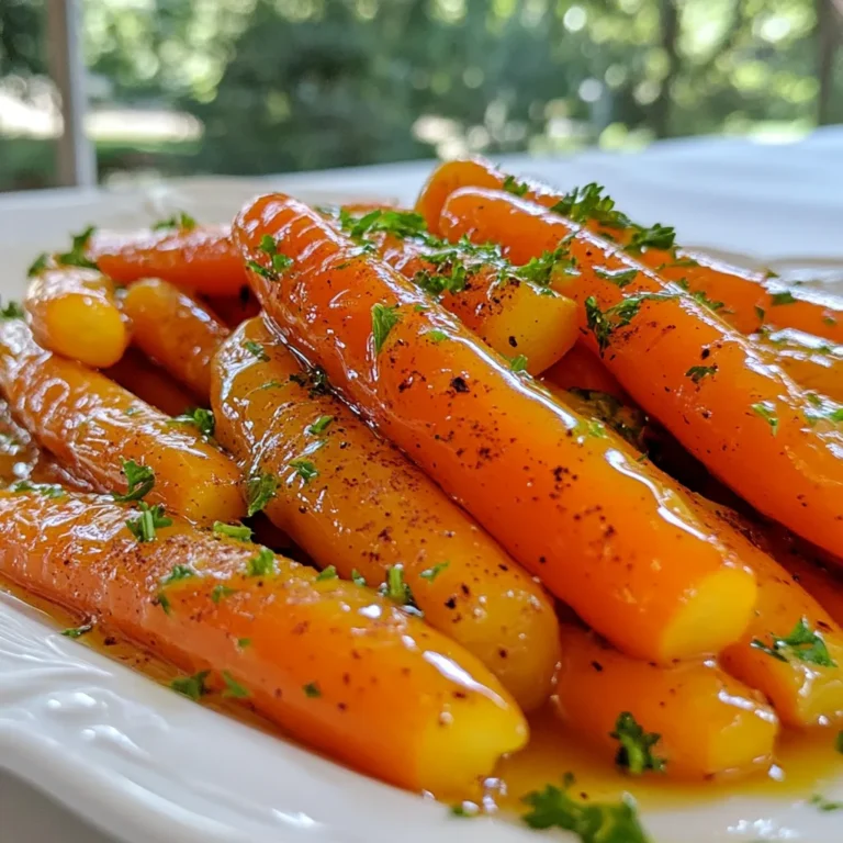 - 1 pound baby carrots or regular carrots - 1/4 cup pure maple syrup - 2 tablespoons unsalted butter - 1 tablespoon olive oil - 1/2 teaspoon salt - 1/4 teaspoon black pepper - 1/2 teaspoon ground cinnamon - 1 tablespoon fresh parsley, chopped (for garnish) I love using baby carrots for this dish. They are sweet and tender. If you use regular carrots, just peel and cut them into sticks. This keeps them even for cooking. The maple syrup gives a rich sweetness that pairs well with the carrots. Unsalted butter adds a creamy texture. Olive oil helps the butter melt smoothly. Salt and black pepper balance the flavors. Ground cinnamon adds warmth and spice. Lastly, fresh parsley makes a bright garnish. This dish looks great on your table. Each ingredient plays a role in making these carrots shine. Gather these ingredients, and let’s make a tasty side! {{ingredient_image_1}} When you choose carrots, you can use baby carrots or regular carrots. Baby carrots are easy; just rinse them and leave them whole. For regular carrots, peel them first. Then, cut them into uniform sticks. This helps them cook evenly. If they are not the same size, some will cook faster than others. Grab a large skillet for this dish. I like using a non-stick skillet. This way, the carrots won’t stick. Melt 2 tablespoons of unsalted butter and 1 tablespoon of olive oil together over medium heat. Wait until the butter is fully melted before moving on. This mix gives a rich flavor to the carrots. Once the butter and oil melt, add the carrots to the skillet. Make sure to stir them well, so they get coated in the butter and oil. Spread them out evenly in the pan. This helps them cook properly. Stir them occasionally to cook all sides evenly. In a small bowl, mix 1/4 cup of pure maple syrup, 1/2 teaspoon of salt, 1/4 teaspoon of black pepper, and 1/2 teaspoon of ground cinnamon. This glaze will add a sweet and spicy flavor to the carrots. Proper seasoning is key, so don’t skip this step! Pour the maple glaze over the carrots and stir to coat them well. Cover the skillet and let them cook for about 8-10 minutes. Stir occasionally. You want them to be tender but still a bit crisp. After that, remove the lid and let the glaze simmer for another 3-5 minutes. This thickens the glaze and makes it perfect. Once the carrots are at your desired tenderness and the glaze is thickened, take the skillet off the heat. Chop some fresh parsley for garnish. Sprinkle it on top of the carrots for a nice touch. This adds both color and a fresh flavor to the dish. Serve the carrots warm and enjoy their sweet taste! When choosing carrots, look for bright color and firm texture. Avoid carrots that feel soft or have dark spots. For the best taste, consider organic carrots. They often have more flavor and fewer chemicals. Conventional carrots are fine too, but wash them well. Make this dish your own by adding spices or herbs. Consider a pinch of nutmeg for warmth. Or try fresh thyme for a herby twist. If you want less sugar, use honey instead of maple syrup. Agave syrup is another good choice. Use a sharp knife for cutting your carrots. A cutting board will keep your counter safe. For cooking, a large non-stick skillet works best. It helps prevent the carrots from sticking and burning. Make sure you have a good spatula for stirring. This will help you mix the glaze evenly. Pro Tips Choose Fresh Carrots: Opt for fresh, vibrant carrots for the best flavor and texture. They should be firm to the touch and free of blemishes. Customize the Sweetness: Adjust the amount of maple syrup according to your taste. For a less sweet glaze, use a little less syrup or add a splash of lemon juice for balance. Don’t Overcook: Keep an eye on the cooking time; you want the carrots to be tender but still slightly crisp. Overcooking can make them mushy. Try Different Herbs: Experiment with garnishing your carrots with different herbs like thyme or dill instead of parsley for a unique flavor twist. {{image_2}} You can swap maple syrup for honey. Honey gives a sweet twist. Use the same amount, 1/4 cup. Keep an eye on the cooking time. Honey may caramelize quicker. Check your carrots after 6-8 minutes. You want them tender but not mushy. Mixing carrots with parsnips or potatoes works great. Cut them to the same size as the carrots. This helps them cook evenly. Parsnips take about the same time as carrots. If you add potatoes, cut them smaller. They may need a few extra minutes to cook through. Always taste to check doneness. Nuts add a nice crunch to your dish. Try walnuts or pecans for flavor. Chop the nuts coarsely and add them in the last few minutes of cooking. This keeps them crunchy. Stir them in when the glaze starts to thicken. Cook for an extra 2-3 minutes. Enjoy the texture and taste! To store leftovers, place the cooled carrots in an airtight container. This helps keep them fresh. You can also wrap them tightly in plastic wrap. They will stay good for about 3 to 5 days in the fridge. Always remember to check for any off smells before eating. The best way to reheat maple glazed carrots is on the stovetop. Use a skillet over low heat. This helps keep the glaze smooth. Add a splash of water if the glaze seems too thick. Stir often to ensure even heating. You can also use a microwave, but be careful. Heat in short bursts, stirring in between, to avoid drying them out. Yes, you can use frozen carrots. However, the texture may change. Frozen carrots often lose some crunch and can become mushy. Fresh carrots give a sweeter taste and a better bite. If you choose frozen, cook them for a shorter time to keep some firmness. To thicken the glaze, you can use a few methods. First, let it cook longer without a lid. This helps reduce moisture. You can also add a bit of cornstarch mixed with water. Stir this into the glaze as it cooks. Another option is to add more maple syrup, which will enhance the flavor too. Maple glazed carrots pair well with many dishes. Try serving them with roast chicken or pork. They also complement grilled steak nicely. For a veggie option, serve with quinoa or a green salad. These sides balance the sweet flavor of the carrots. To make more servings, simply double the recipe. Use 2 pounds of carrots and adjust the glaze accordingly. You may need a larger skillet or two pans. Just ensure that the carrots cook evenly. Keep an eye on the cooking time, as it may vary with larger batches. In summary, we explored how to make delicious maple glazed carrots using simple ingredients and techniques. From selecting the best carrots to ensuring perfect glaze consistency, each step helps you create a tasty side dish. You can customize this recipe with spices, other veggies, or nuts for more flavor. Whether serving just a few or a large crowd, these carrots impress. Try these tips and enjoy a sweet, savory addition to your meals.