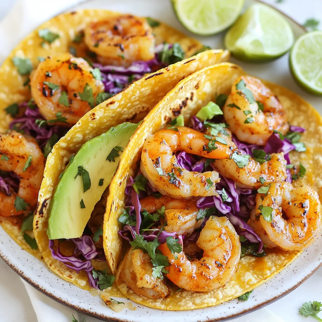 - 1 pound shrimp, peeled and deveined - 2 tablespoons olive oil - 1 tablespoon chili powder - 1 teaspoon cumin - 1 teaspoon garlic powder - ½ teaspoon cayenne pepper (adjust to taste) - Salt and pepper to taste - 8 small corn tortillas - 1 cup shredded red cabbage - 1 avocado, sliced - Fresh cilantro, for garnish - Lime wedges, for serving The ingredients for spicy shrimp tacos are simple but full of flavor. Start with one pound of shrimp. Make sure they are peeled and deveined. This saves time and makes them easy to cook. Next, you need two tablespoons of olive oil. This helps the shrimp cook and adds a nice taste. Then, grab one tablespoon of chili powder. This will bring the heat! You will also need one teaspoon each of cumin and garlic powder. These spices add depth and warmth to the dish. Cayenne pepper is next. Use half a teaspoon, but feel free to adjust based on your taste. Don't forget salt and pepper to make everything pop. For the tacos, you will need eight small corn tortillas. They should be soft and warm. Then, add one cup of shredded red cabbage. It gives a nice crunch and color. One avocado, sliced, adds creaminess that balances the spice. Garnish with fresh cilantro. It adds a burst of freshness. Finally, serve with lime wedges. A squeeze of lime brightens the flavors. These ingredients come together quickly. In just thirty minutes, you can make a delicious meal that everyone will love. {{ingredient_image_1}} First, grab a large bowl. Add the shrimp, olive oil, chili powder, cumin, garlic powder, cayenne pepper, salt, and pepper. Mix everything well. I like to toss the shrimp gently until every piece is coated in spices. This makes sure each bite is full of flavor. Next, heat a skillet over medium-high heat. Once it’s hot, add the shrimp in a single layer. Cook them for about 2 to 3 minutes on each side. You’ll know they’re done when they turn pink and opaque. This is key; perfectly cooked shrimp are juicy and tender. Now it’s time to warm the corn tortillas. In the same skillet, place the tortillas for about 30 seconds on each side. This softens them and makes them easy to fold. You want them warm and pliable, not crispy. Let’s build those tacos! Start with a few shrimp on each tortilla. Then, pile on some shredded red cabbage and slices of avocado. This adds crunch and creaminess. For the final touch, sprinkle fresh cilantro on top. Serve with lime wedges on the side. This adds a bright burst of flavor. Enjoy your beautiful, tasty tacos! To make sure your shrimp are cooked just right, look for a few signs. The shrimp should turn pink and opaque. When you cook them, don’t overcrowd the pan. This keeps the shrimp from steaming. Cook them in batches if needed. You can adjust the spice levels by changing the cayenne pepper. If you like it milder, use less cayenne. For more heat, add a pinch more. Taste the shrimp before serving to find your perfect flavor. Serve your spicy shrimp tacos with some fresh sides. A simple corn salad pairs well and adds sweetness. You can also make a side of black beans for protein. For drinks, a cold cerveza is great with these tacos. If you prefer non-alcoholic, try a lime soda. The tartness complements the spicy shrimp nicely. Pro Tips Use Fresh Shrimp: Fresh shrimp will give your tacos the best flavor and texture. If using frozen, ensure they're fully thawed and patted dry before seasoning. Adjust Spice Levels: Customize the heat by adjusting the amount of cayenne pepper or adding a dash of hot sauce to the shrimp mixture. Warm Tortillas Properly: Warming tortillas in the skillet adds a slight char and enhances their flavor, making them more pliable for wrapping. Garnish Generously: Fresh cilantro and lime juice are essential for brightening the flavors; don’t skip them for the best taste experience. {{image_2}} You can switch shrimp for other proteins. Chicken works well and cooks fast. Tofu is a great choice for a plant-based meal too. Just make sure to cut it into small pieces or cubes. You can also play with spices. Try adding smoked paprika for a deeper flavor. You might like fresh jalapeños for extra heat. For toppings, consider adding diced tomatoes or corn. These add crunch and brightness to your tacos. If you need a gluten-free meal, choose corn tortillas. They are soft and flavorful. You can find them in most stores. Just make sure they are labeled gluten-free. For a vegan option, use tofu or a mix of black beans and corn. Replace the shrimp with your chosen protein. You can also skip the cheese and use avocado instead. This makes a creamy and satisfying taco. To keep your spicy shrimp tacos fresh, store leftovers in an airtight container. This helps prevent drying out and keeps flavors intact. Place the shrimp and toppings in separate containers. This way, the tortillas stay soft, and the shrimp do not get soggy. How long do leftovers last? You can store them in the fridge for up to three days. After that, the shrimp may lose quality and taste. Always check for any off smells before eating. When it’s time to enjoy leftovers, reheat shrimp gently. The best method is to use a skillet over low heat. This keeps the shrimp juicy and helps maintain their texture. Avoid microwaving, as it can make shrimp tough. For tortillas, warm them on the skillet for a few seconds. This will keep them soft and pliable. You can also cover them with a damp paper towel if using a microwave. This adds a little moisture back into the tortillas. Enjoy your tasty meal again! I recommend using medium to large shrimp for tacos. They hold their shape well and provide a great bite. Look for fresh or frozen shrimp that are peeled and deveined. If you can, choose wild-caught shrimp for a better taste. Yes, you can prepare some parts ahead of time. Cook the shrimp and store them in the fridge. You can also shred the cabbage and slice the avocado. Just warm the shrimp and tortillas right before serving. To adjust the heat, change the amount of cayenne pepper. If you want less spice, use less cayenne. If you love heat, add more. You can also add hot sauce to each taco for an extra kick. These tacos go great with several sides. Try serving them with: - Mexican rice - Black beans - Grilled corn - A fresh salad Each side adds flavor and helps balance the spice. Spicy shrimp tacos can be a healthy meal. Shrimp are low in calories and high in protein. Using fresh veggies like cabbage and avocado adds fiber and nutrients. Just watch the amount of oil and added salt to keep it healthy. These spicy shrimp tacos are easy to make and taste great. I shared the list of ingredients, detailed steps for cooking, and tips for serving. You can even try different proteins or toppings. Remember to store leftovers well to keep them fresh. Enjoy every bite, knowing you made a fun dish that everyone can love. Dive into this recipe and make your next meal special!