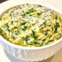 For this creamy spinach orzo, you will need the following items: - 1 cup orzo pasta - 2 cups fresh spinach, chopped - 1 tablespoon olive oil - 1 small onion, finely diced - 2 cloves garlic, minced - 1/2 cup heavy cream - 1/2 cup vegetable broth - 1/2 cup grated Parmesan cheese - Salt and pepper to taste - 1/4 teaspoon nutmeg (optional) - Fresh parsley, chopped, for garnish This recipe makes four servings. It is great for a family meal or a cozy dinner. You can easily adjust the amounts based on how many people you serve. For a creamy dish, keep the ratio of pasta to sauce the same. If you want a lighter meal, add more spinach and less pasta. For dietary needs, you can make some tweaks: - To make it gluten-free, swap orzo with gluten-free pasta. - For a vegan option, use coconut cream and nutritional yeast instead of cheese. Using fresh ingredients makes a big difference in flavor. Fresh spinach gives this dish a vibrant taste and color. Look for bright green, crisp leaves. Choose a good quality Parmesan cheese for the best creaminess. Grating it yourself can also boost flavor. Olive oil should be extra virgin for a rich taste. Fresh garlic and onion add depth to the dish, so pick the freshest ones you can find. {{ingredient_image_1}} 1. Start by boiling salted water in a large pot. 2. Add 1 cup of orzo pasta and cook for 8-10 minutes. 3. Drain the orzo and set it aside. 4. In the same pot, heat 1 tablespoon of olive oil over medium heat. 5. Add 1 small diced onion. Sauté for 3-4 minutes until it is soft. 6. Stir in 2 minced garlic cloves. Cook for 1 minute until it smells great. 7. Add 2 cups of chopped fresh spinach. Sauté for 2-3 minutes until it wilts. 8. Pour in 1/2 cup of vegetable broth and let it simmer gently. 9. Next, stir in 1/2 cup of heavy cream. Mix it well. 10. Add the cooked orzo back into the pot. Stir to combine. 11. Fold in 1/2 cup of grated Parmesan cheese. Season with salt, pepper, and nutmeg. 12. Cook for another 2-3 minutes until everything is hot. 13. Remove from heat and sprinkle with fresh chopped parsley before serving. - Always use salted water for boiling the orzo. It helps add flavor. - Stir the orzo while it cooks. This prevents it from sticking together. - Check for doneness a minute before the package time ends. You want it al dente, not mushy. - Prepare all your ingredients before you start cooking. This saves time. - Keep the heat at medium to avoid burning the onions and garlic. - Serve immediately for the best creamy texture. If you wait too long, it may thicken up. When cooking creamy spinach orzo, avoid overcooking the orzo. This can make it mushy. Always check the package for the right cooking time. Another mistake is not draining the orzo well. Excess water can dilute the creaminess. Be sure to sauté the onion and garlic until soft. This builds a great base flavor. Also, don't skip the nutmeg. It adds a warm note that enhances the dish. A large pot is key for boiling the orzo. Use a good strainer to drain it easily. A wooden spoon works well for mixing ingredients. A sharp knife helps chop the onion and spinach quickly. A measuring cup for the cream and broth ensures accuracy. Don't forget a cutting board for easy prep. If you have a whisk, it helps blend cream and cheese smoothly. To boost flavor, try adding more garlic. You can also mix in some sun-dried tomatoes for a tangy twist. For extra creaminess, use cream cheese along with heavy cream. Adding fresh herbs like basil or cilantro can brighten the dish. A squeeze of lemon juice at the end adds fresh zest. Lastly, top with extra Parmesan for a rich finish. Pro Tips Use Fresh Spinach: Fresh spinach adds vibrant color and flavor to the dish. If you can, avoid frozen spinach for a more appealing texture. Adjust Creaminess: For a lighter version, substitute half of the heavy cream with Greek yogurt or a plant-based cream alternative. Enhance with Herbs: Experiment with different herbs like thyme or basil to elevate the flavor profile of your creamy orzo dish. Perfect Parmesan: Use freshly grated Parmesan cheese for the best flavor and texture, as pre-grated cheese often contains anti-caking agents. {{image_2}} If you want to switch things up, try different grains. You can use quinoa or farro. Both add nice texture and flavor. You can also use rice if you prefer. Just adjust the cooking time based on the grain you choose. This way, you still get that creamy spinach goodness. Want to make this dish heartier? Add some protein! Chicken and shrimp work great. Cook the protein first, then mix it into the creamy orzo. You can use cooked diced chicken or sauté shrimp until pink. This makes the dish filling and adds tasty flavor. If you want a vegan version, swap out the heavy cream and cheese. Use coconut milk or a nut-based cream. You can add nutritional yeast to mimic that cheesy flavor. This keeps the creaminess while making it plant-based. You won’t miss the dairy! To keep your creamy spinach orzo fresh, store it in an airtight container. Let it cool to room temperature first. Then, place it in the fridge. It should stay good for about 3-4 days. If you want to keep it longer, consider freezing it. When you reheat your orzo, add a splash of vegetable broth or cream. This helps keep it creamy. Use a microwave-safe dish and cover it with a lid. Heat in short bursts. Stir between each burst to ensure even warming. You can also reheat it on the stove over low heat. If you want to freeze the orzo, do it right after cooking. Cool it first, then portion it into freezer bags. Press out as much air as possible. It can last up to 3 months in the freezer. When ready to eat, thaw it overnight in the fridge before reheating. Yes, you can use frozen spinach. It saves time and is easy to use. Just thaw and drain it well before adding to the dish. This will help avoid excess water in your creamy orzo. Frozen spinach is also packed with nutrients, making it a great option. To make creamy spinach orzo gluten-free, swap the orzo with gluten-free pasta. Look for brands that offer gluten-free options. Cook it according to package directions. The rest of the recipe stays the same, so you won’t lose any flavor or creaminess. Creamy spinach orzo pairs well with grilled chicken or fish. You can also serve it with a side salad for a fresh crunch. For a hearty meal, try adding crusty bread to soak up the creamy sauce. It makes a satisfying and balanced dinner. In this blog post, we explored making creamy spinach orzo. We discussed essential ingredients, cooking steps, and tips to avoid mistakes. Using fresh spinach and quality cheese enhances your dish. Adding proteins or trying alternative grains can diversify your meals. Remember to store leftovers properly to keep them creamy. These tips ensure you enjoy this dish with confidence. Happy cooking!