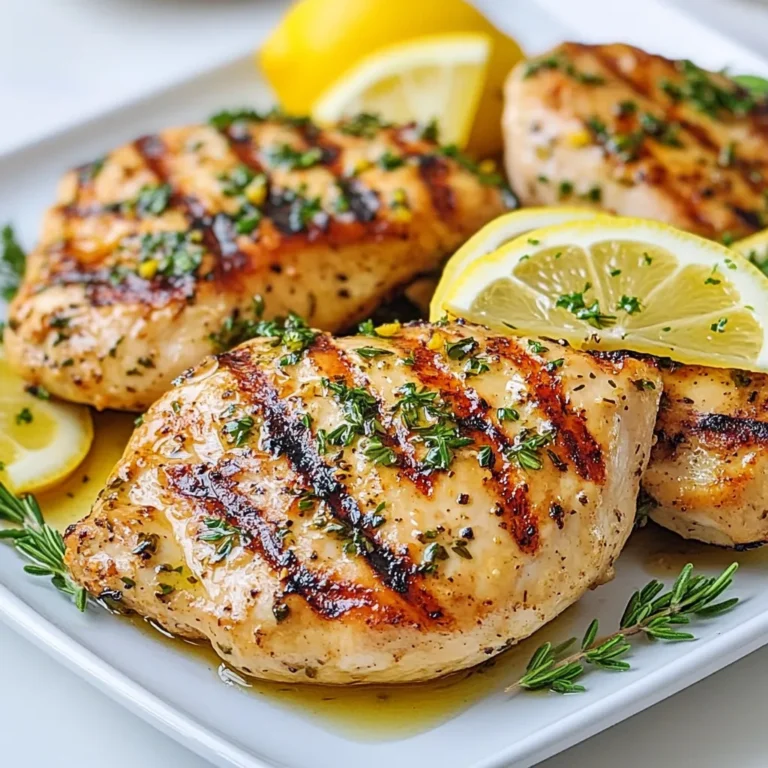 - 4 boneless, skinless chicken breasts - 3 tablespoons olive oil - Zest of 2 lemons - 1/4 cup fresh lemon juice - 3 cloves garlic, minced - 1 tablespoon fresh rosemary, chopped - 1 tablespoon fresh thyme, chopped - 1 tablespoon fresh parsley, chopped - Salt and pepper to taste - Lemon slices, for garnish You need good quality chicken for this dish. Boneless, skinless breasts work best. The marinade is what makes this dish burst with flavor. Olive oil adds richness. Fresh lemon juice brightens the taste. Lemon zest gives it an extra punch. Garlic adds warmth. Rosemary, thyme, and parsley bring fresh herb notes. Salt and pepper help balance all the flavors. - 1 teaspoon red pepper flakes for heat - 1 teaspoon honey for sweetness - 1 tablespoon Dijon mustard for tang If you like a kick, add red pepper flakes. Honey can balance the tartness of the lemon. Want a bit of a tang? A touch of Dijon mustard works great. - Mixing bowl - Plastic wrap - Grill or grill pan - Meat thermometer - Tongs You need a mixing bowl to make the marinade. Plastic wrap keeps everything fresh while marinating. A grill or grill pan is key for that delicious char. A meat thermometer helps ensure your chicken is safe to eat. Tongs make flipping the chicken easy and safe on the hot grill. {{ingredient_image_1}} First, grab a large mixing bowl. Add 3 tablespoons of olive oil. Next, add the zest of 2 lemons. Then, pour in 1/4 cup of fresh lemon juice. Now, add 3 cloves of minced garlic. Toss in 1 tablespoon each of chopped rosemary, thyme, and parsley. Finally, season with salt and pepper to taste. Mix this all together well. You want a smooth blend that coats the chicken nicely. Take your chicken breasts and add them to the marinade. Make sure each piece is well coated. Cover the bowl with plastic wrap. Place it in the fridge for at least 30 minutes. If you have more time, let it marinate for up to 2 hours. This step adds great flavor to the chicken. Start by preheating your grill to medium-high heat, about 400°F. Once hot, remove the chicken from the marinade. Let any extra marinade drip off. Discard the leftover marinade to keep things safe. Place the chicken on the grill and cook for 6-7 minutes on each side. You want the inside to reach 165°F. Look for nice grill marks as a sign it's done. After grilling, let the chicken rest for 5 minutes. This helps the juices stay inside. Serve garnished with lemon slices and fresh herbs. Enjoy your meal! Grilling chicken can seem tough, but it is simple with the right steps. First, always start with fresh chicken. It tastes better and stays juicy. Next, use a good marinade. Our lemon herb mix packs flavor. Remember to let your chicken sit in it for at least 30 minutes. This helps the flavors soak in. Keep your grill hot, around 400°F. This keeps the chicken from sticking. To get those perfect grill marks, place the chicken on the grill in a diagonal line. Let it cook without moving it for about 6-7 minutes. When you flip it, turn it 90 degrees to create a crosshatch pattern. This not only looks great but also gives a nice sear. You can take our lemon herb marinade to the next level. Try adding some honey for sweetness. A touch of Dijon mustard gives it a nice kick. For a spicy twist, mix in some crushed red pepper flakes. These small changes can make a big difference in flavor. Pro Tips Marinate Longer for Flavor: Allow the chicken to marinate for up to 2 hours to enhance the flavor. The longer it marinates, the more infused the chicken will be with the lemon and herb goodness. Perfect Grill Marks: To achieve those beautiful grill marks, avoid moving the chicken around too much while it cooks. Let it sit undisturbed for the first 6-7 minutes on each side. Check for Doneness: Use a meat thermometer to ensure the chicken reaches an internal temperature of 165°F (75°C). This guarantees it's safely cooked while remaining juicy. Rest Before Serving: Always let the grilled chicken rest for at least 5 minutes after cooking. This helps retain the juices, making each bite tender and flavorful. {{image_2}} You can easily change the herbs in this recipe. Instead of rosemary, thyme, and parsley, try using basil, oregano, or dill. Each herb gives a new taste. Basil adds a sweet, fresh flavor. Oregano gives a warm touch. Dill brings a light, bright taste. Mix and match to find your favorite combo! If you like heat, add some spice to the chicken. Try adding red pepper flakes to the marinade. You can also use minced jalapeños or hot sauce. Start with a small amount. You can always add more if you want extra heat. This way, you control how spicy your dish gets. You can also cook this chicken in the oven or on the stovetop. For the oven, preheat to 400°F (200°C). Place the chicken on a baking sheet and bake for 20-25 minutes. For stovetop cooking, heat a skillet over medium-high heat. Add a bit of olive oil and cook the chicken for about 6-7 minutes per side. Both methods give great flavor! You can store leftover grilled chicken in the fridge. Place it in an airtight container. It will stay good for up to four days. Make sure the chicken is cool before sealing it. This helps keep it fresh and tasty. If you want to freeze grilled chicken, wrap it well. Use plastic wrap or aluminum foil. Then, place it in a freezer bag. This method protects the chicken from freezer burn. It can last up to three months in the freezer. When ready to eat, thaw it in the fridge overnight. When reheating grilled chicken, keep it moist. Place it in a pan with a splash of water. Cover it with a lid to trap steam. Heat it on low until warm, about 10 minutes. This keeps the chicken juicy and tender. Avoid using high heat, as it can dry out the meat. You should marinate the chicken for at least 30 minutes. For more flavor, try marinating up to 2 hours. This time lets the chicken soak up all the tasty herbs and lemon juice. A longer marinate gives a deeper flavor. However, don't exceed 2 hours. The acid in the lemon juice can make the chicken tough. Yes, you can use chicken thighs! Thighs are juicy and full of flavor. They cook well on the grill and stay moist. Just adjust the cooking time. Thighs may need a few extra minutes to reach 165°F. Use the same marinade for a tasty dish. Lemon Herb Grilled Chicken pairs great with many sides. Here are some ideas: - Grilled vegetables like zucchini and bell peppers - A fresh green salad with lemon vinaigrette - Roasted potatoes or sweet potatoes - Rice or quinoa for a hearty side These sides balance the bright flavors of the chicken well. In this post, we covered how to create delicious lemon herb grilled chicken. We discussed key ingredients, marinating tips, and grilling techniques. You learned about variations to make the dish your own. We also included storage tips to keep your chicken fresh. Finally, I answered common questions to clear up doubts. Perfecting this dish is easy with practice. Enjoy making it your go-to recipe for any meal!