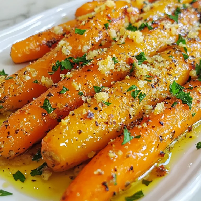 - 1 lb baby carrots - 3 tablespoons olive oil - 4 cloves garlic, minced - 1/2 teaspoon salt - 1/4 teaspoon black pepper - 1/2 teaspoon dried thyme - 1/4 cup grated Parmesan cheese - 2 tablespoons fresh parsley, chopped To make garlic Parmesan roasted carrots, you need fresh baby carrots. They are sweet and tender. The olive oil adds richness and helps the garlic stick. Minced garlic brings a bold flavor. Salt and black pepper enhance the taste. Dried thyme adds a nice herby note. Grated Parmesan cheese gives a salty kick and a creamy texture. Finally, fresh parsley adds color and freshness on top. Each ingredient plays a key role in making this dish flavorful and fun. Using quality ingredients makes a big difference. You will taste it in every bite! {{ingredient_image_1}} - Preheat the oven to 425°F (220°C). This high heat helps the carrots roast well. - In a large bowl, mix 3 tablespoons of olive oil, 4 minced garlic cloves, 1/2 teaspoon salt, 1/4 teaspoon black pepper, and 1/2 teaspoon dried thyme. Stir until combined. This garlic-oil marinade adds great flavor. - Add 1 pound of cleaned baby carrots to the bowl. Toss them in the marinade until they are all coated. This step is key for taste. - Spread the carrots on a baking sheet. Use parchment paper to avoid sticking and for easy cleanup. - Roast the carrots for 20-25 minutes. They should be tender and caramelized. Toss them halfway through to ensure even cooking. This will make them crispy and flavorful. - After roasting, take the carrots out of the oven. Immediately sprinkle 1/4 cup of grated Parmesan cheese over them. Toss gently so the cheese melts a bit. - Transfer the carrots to a serving dish. Add 2 tablespoons of fresh chopped parsley on top for a bright finish. This adds color and freshness. When making garlic Parmesan roasted carrots, choose baby carrots for a sweet crunch. They cook quickly and add great flavor. Regular carrots work too, but cut them into even sticks. Always pick fresh carrots. Look for bright colors and firm texture. Fresh ingredients make a big difference in taste. For an extra kick, add herbs like rosemary or dill. A pinch of cayenne pepper can also spice things up. If you want a cheese swap, try Pecorino Romano or nutritional yeast for a vegan option. These alternatives still bring rich flavor. Using convection settings in your oven helps carrots crisp up nicely. The hot air circulates, cooking them evenly. To avoid soggy carrots, make sure they are in a single layer on the baking sheet. Toss them halfway through to promote even roasting and caramelization. Pro Tips Choose Fresh Carrots: Select firm, vibrant baby carrots for the best flavor and texture. Fresh carrots will caramelize beautifully and provide a sweet taste. Don't Skip the Toss: Tossing the carrots halfway through roasting ensures even cooking and caramelization, resulting in a deliciously uniform texture. Experiment with Cheese: While Parmesan adds a fantastic flavor, try mixing in other cheeses like Pecorino Romano or a sprinkle of feta for a unique twist. Garnish for Color: Fresh parsley not only adds a pop of color but also a fresh flavor that complements the roasted carrots beautifully. {{image_2}} You can swap out Parmesan for other cheeses. Pecorino Romano offers a nice sharpness. For a creamier taste, try mozzarella or Gouda. Mixing multiple cheeses can add depth. A blend of Parmesan and cheddar gives a rich flavor. Be creative with your cheese choices! Balsamic vinegar can bring out the carrots' sweetness. Just drizzle a little before roasting. It will add a tangy kick. Lemon zest brightens the dish, too. Add it after roasting for a fresh burst of flavor. These additions make the dish pop, enhancing every bite. Instead of roasting, you can grill the carrots. Grilling adds a smoky flavor and nice char. Steam them for a lighter option. Steamed carrots keep more nutrients and taste fresh. Try different cooking methods to find your favorite! To keep your garlic Parmesan roasted carrots fresh, follow these tips: - Allow the carrots to cool down. - Place them in an airtight container. - Store them in the fridge for up to 3 days. Using a glass or plastic container works well. Make sure it's tight to keep out air and moisture. When you want to enjoy your leftovers, reheating is key: - For the best results, use an oven. Preheat it to 350°F (175°C). - Spread the carrots on a baking sheet. Heat for about 10 minutes. This keeps them crisp. You can use a microwave if you’re short on time. Heat in short bursts, about 30 seconds. Check often to avoid sogginess. Garlic Parmesan roasted carrots are a tasty side dish. They combine the sweet taste of carrots with garlic and Parmesan cheese. You roast the carrots in the oven until they are tender and caramelized. The garlic adds a savory touch, while the cheese gives a rich flavor. This dish is easy to make and perfect for any meal. Yes, you can use frozen carrots. However, fresh carrots give better texture and flavor. If using frozen, thaw them first and pat them dry. This step helps avoid sogginess when roasting. Adjust the cooking time since frozen carrots may take longer to roast. To make this dish vegan, skip the Parmesan cheese. You can use nutritional yeast instead. It adds a cheesy flavor without dairy. You can also try vegan cheese if you prefer. The rest of the recipe remains the same, so you won’t lose any taste. Garlic Parmesan roasted carrots pair well with many dishes. They go great with roasted chicken or grilled fish. You can also serve them with pasta or rice dishes for a complete meal. Their bright flavor complements many main courses. Carrots are done roasting when they are tender and lightly browned. You can test their doneness by piercing them with a fork. If the fork goes in easily, they are ready. Tossing them halfway through helps ensure even cooking and browning. In this post, we explored a simple way to make garlic Parmesan roasted carrots. We discussed the key ingredients and detailed steps for roasting them to perfection. I also shared useful tips for choosing carrots and enhancing flavors. Remember, you can play with different cheeses or try grilling. Store leftovers properly for later enjoyment. With these ideas, I hope you feel ready to create a tasty side dish that everyone will love. Enjoy your cooking journey!
