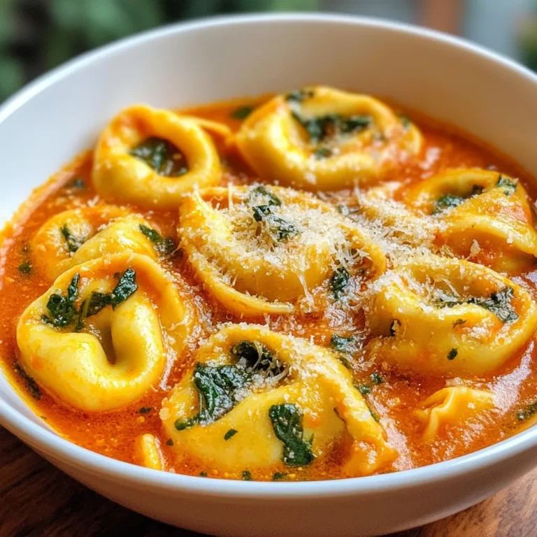 You can use fresh or frozen tortellini for this dish. I prefer cheese-filled tortellini, but spinach-filled works too. Both options bring a lovely flavor. A 9 oz package is perfect for four servings. For the sauce, gather these key items: - 1 can (14 oz) crushed tomatoes - 1 cup heavy cream - 2 cloves garlic, minced - 1 tablespoon olive oil These ingredients create a rich, creamy base. The crushed tomatoes add sweetness, while the cream brings smoothness. Seasoning is important for flavor. Use: - 1/2 teaspoon dried oregano - 1/2 teaspoon red pepper flakes (optional) - Salt and pepper to taste Garnish with 1/4 cup grated Parmesan cheese. This adds a salty kick and enhances the dish visually. {{ingredient_image_1}} First, grab a large pot. Fill it with water and add salt. Bring the water to a boil. When boiling, add your tortellini. Cook it for about 3 to 5 minutes, or until it is al dente. Check the package for exact time. Once cooked, drain the tortellini and set it aside. Now, take a large skillet and place it on the stove. Pour in a tablespoon of olive oil and heat it over medium heat. Once hot, add two minced garlic cloves. Sauté for about one minute until you smell the garlic. Be careful not to burn it. Next, pour in the can of crushed tomatoes. Sprinkle in half a teaspoon of dried oregano. If you like spice, add red pepper flakes too. Let this simmer for 5 to 7 minutes, stirring every so often. Now, lower the heat and add one cup of heavy cream. Stir it in well and let it simmer for another 3 to 4 minutes. The sauce should become creamy and a bit thick. Finally, toss in the chopped spinach. Cook it for 2 to 3 minutes until the spinach wilts. Season with salt and pepper to taste. With the sauce ready, it’s time to combine. Add the cooked tortellini into the skillet. Gently stir to coat each piece with the creamy sauce. Let it cook together for another minute to heat everything through. Spoon the creamy tortellini into bowls. Top each bowl with grated Parmesan cheese. For an extra touch, you can sprinkle on some fresh spinach leaves or a drizzle of olive oil. This not only looks good but also adds flavor. Enjoy your delicious meal! To boost the taste, try adding more spices. Fresh basil or thyme brings a nice twist. A splash of balsamic vinegar can brighten the sauce. If you like heat, add more red pepper flakes. For a rich flavor, include a bit of butter when mixing the cream. You can swap ingredients if needed. Use canned diced tomatoes instead of crushed tomatoes. If you want a lighter sauce, use half-and-half instead of heavy cream. For those avoiding dairy, try coconut cream. You can also use any pasta instead of tortellini. Just adjust cooking times as needed. Serve the tortellini in a shallow bowl for a nice look. Garnish with extra Parmesan for a cheesy touch. Add fresh spinach leaves on top for color. A drizzle of olive oil can make it shine. Consider pairing the dish with crusty bread on the side for added texture. Pro Tips Use Fresh Spinach: Fresh spinach adds a vibrant color and flavor to the dish, but frozen spinach can be used in a pinch. If using frozen, make sure to thaw and drain excess water before adding it to the sauce. Customize the Cheese: Feel free to experiment with different types of cheese-filled tortellini, such as ricotta or four-cheese varieties, to enhance the flavor profile of your dish. Add Protein: For a heartier meal, consider adding grilled chicken, shrimp, or even sautéed mushrooms to the tortellini for extra protein and texture. Serve Immediately: This dish is best enjoyed fresh, as the tortellini may become mushy if left in the sauce for too long. Serve right away for the best experience! {{image_2}} You can make this dish more filling by adding protein. Chicken, shrimp, or sausage work well. If you use chicken, cook it in the skillet before adding garlic. Make sure to cut it into small pieces. For shrimp, add them right after the garlic. They cook fast and add great flavor. If you prefer sausage, use Italian sausage for a spicy kick. Just crumble and brown it in the skillet before adding tomatoes. Feel free to swap in other veggies. Broccoli or zucchini can add color and texture. If you like mushrooms, they add a nice earthy flavor. Just slice them and cook them with the garlic. You can also use kale instead of spinach. It holds up well in the sauce. Mix and match your favorite veggies to keep things fresh and exciting. While the creamy tomato sauce is rich and tasty, you can try other sauces too. A pesto sauce can give a bright flavor. You can mix it in with the cream for a twist. Or, use a marinara sauce for a lighter option. Just heat it through before adding the tortellini. If you want a kick, try adding a splash of hot sauce to the cream. Each sauce change can create a new dish for you to enjoy. You can store leftover creamy tomato spinach tortellini in the fridge. Place it in an airtight container. It stays fresh for up to three days. When you are ready to eat, check for any signs of spoilage. If it looks good, it's ready to be reheated. If you want to keep it longer, freezing is a great option. First, let the tortellini cool completely. Then, transfer it to a freezer-safe container or bag. Make sure to remove as much air as possible. You can freeze it for up to three months. When you're ready to enjoy it again, thaw it overnight in the fridge. Reheating creamy tomato spinach tortellini is easy. You can use either the microwave or the stove. For the microwave, place a portion in a bowl. Add a splash of water or cream to keep it moist. Heat it in 30-second intervals, stirring in between, until warm. If you prefer the stove, put it in a skillet over low heat. Stir often and add a little cream or broth to help with the sauce's consistency. Heat until warmed through, and enjoy your delicious meal again! Yes, you can use dried tortellini. Just be aware that cooking times will vary. Follow the package instructions for the best results. Dried tortellini may need more water and time to soften. To make this dish dairy-free, swap heavy cream with coconut cream or a nut milk. Use dairy-free cheese or omit cheese altogether. This keeps the creamy texture while making it plant-based. You can serve this dish with garlic bread or a fresh salad. A light, zesty salad balances the rich flavors. You might also enjoy a glass of white wine with your meal. This post covered how to make creamy tomato spinach tortellini. We talked about the ingredients you need, like tortellini, sauce, and seasonings. I shared step-by-step cooking tips to help you prepare, assemble, and serve your dish. With flavor enhancements and substitutions, you can adapt this meal to fit your taste. Proper storage methods will keep leftovers fresh and tasty. Remember, experimenting with variations brings new life to this classic dish. With these insights, you can create a delicious meal and impress everyone at your table.