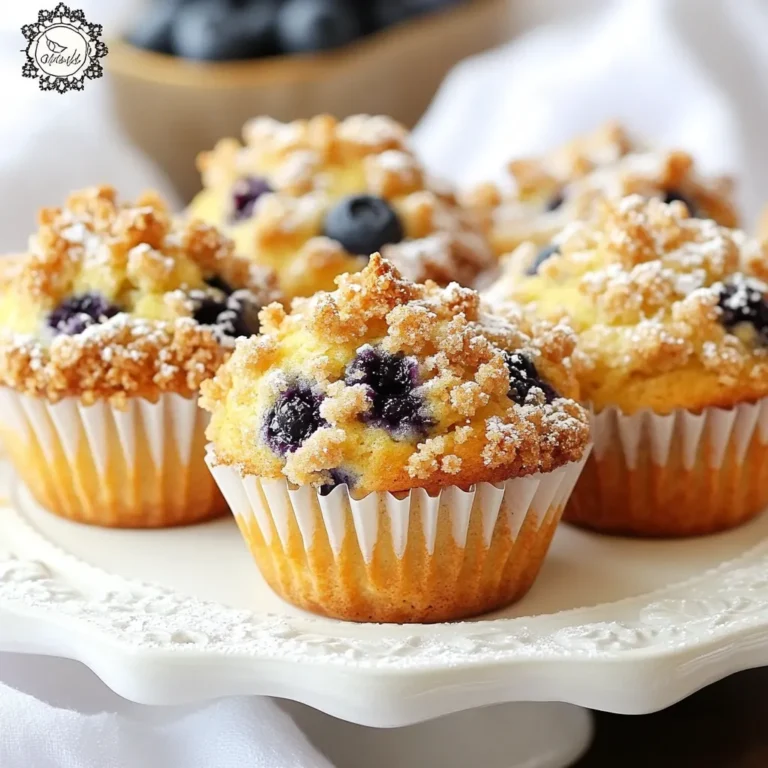To make these tasty blueberry streusel muffins, you will need: - 2 cups all-purpose flour - 1 cup fresh blueberries (or frozen, if necessary) - 1 cup granulated sugar - 1/2 cup unsalted butter, melted - 1 cup milk - 2 large eggs - 1 tablespoon baking powder - 1 teaspoon vanilla extract - 1/2 teaspoon salt For the streusel topping, gather: - 1/2 cup all-purpose flour - 1/3 cup brown sugar - 1/4 cup unsalted butter, cold and cubed - 1/2 teaspoon ground cinnamon - A pinch of salt You can add nuts like walnuts or pecans to the batter for crunch. A splash of lemon juice can brighten the flavor. If you want a sweeter muffin, try adding more sugar or a drizzle of honey on top. You can also swap in different fruits, like raspberries or strawberries, for a fun twist. Each muffin has about: - Calories: 200 - Total Fat: 10g - Saturated Fat: 5g - Carbohydrates: 28g - Sugars: 10g - Protein: 3g - Fiber: 1g These muffins are a delightful treat, perfect for breakfast or snacks. They pack a fruity punch while keeping things simple. Enjoying these muffins can also bring a smile to anyone who tries them! {{ingredient_image_1}} First, preheat your oven to 375°F (190°C). This step is key to making sure your muffins rise well. Line a muffin tin with paper liners or grease it with non-stick spray for easy removal. In a small bowl, mix together 1/2 cup flour, 1/3 cup brown sugar, 1/4 cup cold cubed butter, and 1/2 teaspoon cinnamon. Use a fork or pastry cutter to blend until the mix looks crumbly. Set this aside for later. Grab a large bowl and whisk together 1 cup granulated sugar and 1/2 cup melted butter. Keep whisking until it is smooth. Then add in 2 large eggs and 1 teaspoon vanilla extract. Whisk again until everything is well mixed. In another bowl, mix 2 cups flour, 1 tablespoon baking powder, and 1/2 teaspoon salt. Gradually add this dry mix to your wet ingredients. Alternate with 1 cup milk. Stir just until combined; don’t overmix or your muffins may be tough. Gently fold in 1 cup of fresh blueberries. Be careful not to crush them. This will keep your muffins full of juicy berries. Scoop your batter into the prepared muffin tin. Fill each cup about 2/3 full. This gives them room to rise without overflowing. Now, sprinkle the streusel mixture generously over the top of each muffin. This adds a sweet, crunchy layer that everyone loves. Place the muffin tin in the oven. Bake for 18 to 20 minutes. Check if they’re done by inserting a toothpick into the center. If it comes out clean, they are ready. Let the muffins cool in the pan for 5 minutes. Then, transfer them to a wire rack to cool completely. Enjoy the sweet aroma and the tasty muffins you just made! To make the best blueberry streusel muffins, start with fresh ingredients. Use fresh blueberries for the best flavor. If you use frozen berries, do not thaw them. This keeps muffins from becoming too wet. Mix the batter just until combined. Overmixing can make your muffins tough. One mistake is not measuring flour correctly. Too much flour can make muffins dry. Always spoon flour into your measuring cup and level it off. Another common error is skipping the streusel topping. This adds a sweet crunch that makes the muffins special. Enjoy these muffins warm with butter. They pair perfectly with coffee or tea. You can also serve them with a side of fresh fruit. For a fun twist, add a dollop of whipped cream on top. These muffins are great for breakfast or as a snack! Pro Tips Use Fresh Blueberries: Fresh blueberries will provide the best flavor and texture. If using frozen, make sure to fold them in gently to avoid mushiness. Room Temperature Ingredients: Ensure your eggs and milk are at room temperature before mixing. This helps create a smoother batter and contributes to a better rise. Don't Overmix: When combining the wet and dry ingredients, mix until just combined. Overmixing can lead to tough muffins. Customize Your Toppings: Feel free to add nuts or swap the streusel for a lemon glaze for a different flavor profile and added texture. {{image_2}} You can swap blueberries for many fruits. Raspberries, strawberries, or blackberries work well. Each fruit adds its own flavor. For a mix, try combining two or more types. Just remember to adjust the sugar based on the fruit's sweetness. This keeps your muffins balanced and tasty. If you want to try different sweeteners, use honey, maple syrup, or coconut sugar. Honey adds a nice flavor and moisture. Maple syrup gives a warm taste. Coconut sugar is less sweet but works great too. Just replace granulated sugar with the same amount of your choice. Be sure to check how it affects your batter's texture. For gluten-free muffins, choose gluten-free flour blends. These blends often have a mix of rice flour, almond flour, or tapioca starch. Use the same amount as regular flour. Adding a little xanthan gum helps with the texture. This makes your muffins light and fluffy. Enjoy the same delicious taste without gluten! After baking, let your blueberry streusel muffins cool completely. Once cool, place them in an airtight container. This keeps them fresh for up to four days at room temperature. If you live in a humid area, refrigeration may help them last longer. However, this can make them dry. Freezing is a great option if you want to save some muffins for later. Wrap each muffin in plastic wrap. Then, place them in a freezer bag. Make sure to press out as much air as possible. They can stay in the freezer for up to three months. When ready to eat, simply thaw them at room temperature. To reheat your muffins, you can use the microwave or the oven. For the microwave, heat each muffin for 15-20 seconds. This makes them warm and soft. If you prefer the oven, preheat it to 350°F (175°C) and warm the muffins for about 10 minutes. Enjoy them warm for the best taste! Blueberry streusel muffins stay fresh for about three days. Store them in an airtight container at room temperature. If you want them to last longer, refrigerate them for up to a week. For best taste, enjoy them fresh! Yes, you can use frozen blueberries. They work well in this recipe. Just add them straight from the freezer. Do not thaw them first, as they may become mushy. You can use several substitutes for eggs. Here are a few options: - 1/4 cup unsweetened applesauce per egg - 1/4 cup mashed banana per egg - 1 tablespoon ground flaxseed mixed with 2.5 tablespoons water per egg These options help bind your muffins while keeping them moist. Muffins can turn out dense for a few reasons. Common causes include: - Overmixing the batter, which adds too much air and makes them heavy. - Using too much flour, which can happen if you pack it into the cup. - Not using enough leavening agent, like baking powder. To achieve light and fluffy muffins, mix just until combined and measure flour correctly. We covered how to make delicious blueberry streusel muffins from start to finish. You learned about key ingredients and how to mix them right. We also shared tips for the best muffins and ways to customize them. Lastly, I provided storage tips so your treats stay fresh. Enjoy baking muffins that are not just tasty but also fun to share!