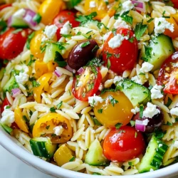 To make the Greek Lemon Orzo Salad, gather these fresh ingredients: - 1 cup orzo pasta - 1 cup cherry tomatoes, halved - 1 cucumber, diced - 1/2 red onion, finely chopped - 1 cup Kalamata olives, pitted and halved - 1 cup feta cheese, crumbled - 1/4 cup fresh parsley, chopped - 1/4 cup fresh mint, chopped - 1/4 cup olive oil - 3 tablespoons lemon juice - 1 teaspoon dried oregano - Salt and pepper to taste You can swap ingredients to fit your taste or what you have. - Use quinoa or couscous instead of orzo for a different base. - Swap Kalamata olives for green olives if you prefer a milder flavor. - Use goat cheese or vegan feta as a cheese alternative. - Replace fresh herbs with dried ones, but use less for a stronger flavor. - If you want a bit of crunch, add bell peppers or radishes. This salad is not just tasty; it’s healthy too. - Orzo pasta provides complex carbs, giving you energy. - Cherry tomatoes are rich in antioxidants, which help fight free radicals. - Cucumbers are low in calories and high in water, keeping you hydrated. - Red onion has antioxidants and can support heart health. - Kalamata olives are good sources of healthy fats and vitamin E. - Feta cheese adds protein and calcium, great for bones. - Fresh parsley and mint are packed with vitamins and can aid digestion. These ingredients make the Greek Lemon Orzo Salad a fresh, colorful dish that is both nutritious and full of flavor. {{ingredient_image_1}} First, fill a large pot with water and add salt. Bring it to a boil. Add 1 cup of orzo pasta to the pot. Cook it according to the package instructions, which usually takes about 8-10 minutes. You want the orzo to be al dente, so don’t overcook it. Once done, drain the orzo using a colander. Rinse it under cold water to stop the cooking process. This helps keep the orzo firm and fresh. While the orzo cooks, let’s chop the veggies. Start with 1 cup of cherry tomatoes. Slice them in half. Next, take a cucumber and dice it into small pieces. Chop 1/2 of a red onion finely. Then, pit and halve 1 cup of Kalamata olives. Finally, get 1 cup of feta cheese and crumble it. Don’t forget the herbs! Chop 1/4 cup of fresh parsley and 1/4 cup of fresh mint. All these fresh ingredients will add great color and flavor to your salad. In a large mixing bowl, combine all your prepared veggies and herbs. This includes the cherry tomatoes, diced cucumber, red onion, Kalamata olives, feta cheese, parsley, and mint. In a small bowl, mix 1/4 cup of olive oil, 3 tablespoons of lemon juice, and 1 teaspoon of dried oregano. Add salt and pepper to taste. Whisk it well until combined. Pour this dressing over your vegetable mix. Now, add the cooled orzo to the bowl. Toss everything gently. Make sure each ingredient is coated with the dressing. Taste the salad and adjust the seasoning if needed. Let it chill in the fridge for at least 30 minutes before serving. Enjoy your fresh and flavorful Greek Lemon Orzo Salad! You can prepare this Greek Lemon Orzo Salad a day in advance. Cook the orzo, cool it, and mix it with the veggies and herbs. Store it in the fridge. Just wait to add the dressing until you are ready to serve. This keeps the salad fresh and tasty. To boost the flavor, add some zest from the lemon. This gives it a bright kick. You can also use fresh herbs like dill or basil. They add a lovely aroma. If you want a little heat, add red pepper flakes. Just a pinch goes a long way. For a beautiful presentation, use a large, shallow bowl. Layer the salad and drizzle some extra olive oil on top. You can garnish it with lemon slices or whole olives. This makes it look festive and inviting. Serve it next to grilled meats or fish for a full meal. Pro Tips Perfectly Cooked Orzo: Make sure to cook the orzo just until al dente to prevent it from becoming mushy. Rinse it under cold water immediately after draining to stop the cooking process. Fresh Herbs Matter: Use fresh parsley and mint for the best flavor. Dried herbs can work in a pinch, but fresh herbs elevate the dish significantly. Chill for Flavor: Allow the salad to chill in the refrigerator for at least 30 minutes before serving. This helps the flavors meld together beautifully. Customize Your Ingredients: Feel free to add other vegetables like bell peppers or artichokes, or even proteins like grilled chicken for a more filling meal. {{image_2}} You can make this Greek Lemon Orzo Salad heartier by adding protein. Grilled chicken adds a nice flavor. For a different twist, try shrimp or feta-stuffed peppers. For a plant-based option, include chickpeas or lentils. They boost the protein while keeping the dish light. This salad is easy to adapt for everyone. For vegetarians, the feta cheese adds creaminess. If you want a vegan option, just leave out the feta. You can replace it with avocado or a nut-based cheese. Both options give a creamy texture without dairy. Using seasonal ingredients makes this salad even better. In summer, add fresh corn or bell peppers for crunch. In fall, roasted butternut squash or Brussels sprouts give warmth. You can also swap out herbs based on the season. Fresh basil in spring or dill in winter can change the flavor profile completely. To keep your Greek lemon orzo salad fresh, store it in an airtight container. This will help keep the flavors bright. If you have leftovers, try to consume them within three days. Keep the salad in the fridge to prevent spoilage. Remember, the fresh herbs and vegetables taste best when they are crisp. Freezing this salad is not ideal. The texture of the vegetables may change when frozen. If you want to save it, consider freezing only the orzo. Cook the orzo, then cool it before placing it in a freezer-safe bag. You can freeze it for up to three months. When ready to use, thaw it in the fridge overnight. In the fridge, your Greek lemon orzo salad lasts about three days. After that, the flavors may fade, and the vegetables can become soggy. Always check for freshness before eating. If the salad looks or smells off, it is best to discard it. Enjoy your salad at its best! Yes, you can! While orzo gives this salad a nice texture, you can swap it. Try small pasta shapes like ditalini or mini shells. They will still hold the flavors well. Just make sure to cook them al dente. This keeps the pasta firm and tasty. No, traditional orzo is made from wheat. This means it isn’t gluten-free. If you need a gluten-free option, look for rice or quinoa orzo. These options will work well, and you can still enjoy all the fresh flavors. Just cook them according to package directions. Serve this salad chilled or at room temperature. It makes a great side dish or a light meal. If you want to impress, add some extra feta on top before serving. You can also garnish with fresh herbs like parsley or mint. This adds color and a burst of flavor! This blog post outlined the key ingredients for Greek Lemon Orzo Salad, including substitutes and nutrition. It provided simple step-by-step cooking instructions and smart tips for prep and flavor. You learned how to adapt the salad with protein or seasonal options. We also covered how to store leftovers effectively. In conclusion, this salad is easy to make and loaded with flavor. Customize it to suit your taste, and enjoy it at any meal.