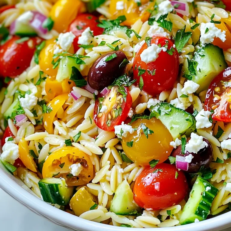 To make the Greek Lemon Orzo Salad, gather these fresh ingredients: - 1 cup orzo pasta - 1 cup cherry tomatoes, halved - 1 cucumber, diced - 1/2 red onion, finely chopped - 1 cup Kalamata olives, pitted and halved - 1 cup feta cheese, crumbled - 1/4 cup fresh parsley, chopped - 1/4 cup fresh mint, chopped - 1/4 cup olive oil - 3 tablespoons lemon juice - 1 teaspoon dried oregano - Salt and pepper to taste You can swap ingredients to fit your taste or what you have. - Use quinoa or couscous instead of orzo for a different base. - Swap Kalamata olives for green olives if you prefer a milder flavor. - Use goat cheese or vegan feta as a cheese alternative. - Replace fresh herbs with dried ones, but use less for a stronger flavor. - If you want a bit of crunch, add bell peppers or radishes. This salad is not just tasty; it’s healthy too. - Orzo pasta provides complex carbs, giving you energy. - Cherry tomatoes are rich in antioxidants, which help fight free radicals. - Cucumbers are low in calories and high in water, keeping you hydrated. - Red onion has antioxidants and can support heart health. - Kalamata olives are good sources of healthy fats and vitamin E. - Feta cheese adds protein and calcium, great for bones. - Fresh parsley and mint are packed with vitamins and can aid digestion. These ingredients make the Greek Lemon Orzo Salad a fresh, colorful dish that is both nutritious and full of flavor. {{ingredient_image_1}} First, fill a large pot with water and add salt. Bring it to a boil. Add 1 cup of orzo pasta to the pot. Cook it according to the package instructions, which usually takes about 8-10 minutes. You want the orzo to be al dente, so don’t overcook it. Once done, drain the orzo using a colander. Rinse it under cold water to stop the cooking process. This helps keep the orzo firm and fresh. While the orzo cooks, let’s chop the veggies. Start with 1 cup of cherry tomatoes. Slice them in half. Next, take a cucumber and dice it into small pieces. Chop 1/2 of a red onion finely. Then, pit and halve 1 cup of Kalamata olives. Finally, get 1 cup of feta cheese and crumble it. Don’t forget the herbs! Chop 1/4 cup of fresh parsley and 1/4 cup of fresh mint. All these fresh ingredients will add great color and flavor to your salad. In a large mixing bowl, combine all your prepared veggies and herbs. This includes the cherry tomatoes, diced cucumber, red onion, Kalamata olives, feta cheese, parsley, and mint. In a small bowl, mix 1/4 cup of olive oil, 3 tablespoons of lemon juice, and 1 teaspoon of dried oregano. Add salt and pepper to taste. Whisk it well until combined. Pour this dressing over your vegetable mix. Now, add the cooled orzo to the bowl. Toss everything gently. Make sure each ingredient is coated with the dressing. Taste the salad and adjust the seasoning if needed. Let it chill in the fridge for at least 30 minutes before serving. Enjoy your fresh and flavorful Greek Lemon Orzo Salad! You can prepare this Greek Lemon Orzo Salad a day in advance. Cook the orzo, cool it, and mix it with the veggies and herbs. Store it in the fridge. Just wait to add the dressing until you are ready to serve. This keeps the salad fresh and tasty. To boost the flavor, add some zest from the lemon. This gives it a bright kick. You can also use fresh herbs like dill or basil. They add a lovely aroma. If you want a little heat, add red pepper flakes. Just a pinch goes a long way. For a beautiful presentation, use a large, shallow bowl. Layer the salad and drizzle some extra olive oil on top. You can garnish it with lemon slices or whole olives. This makes it look festive and inviting. Serve it next to grilled meats or fish for a full meal. Pro Tips Perfectly Cooked Orzo: Make sure to cook the orzo just until al dente to prevent it from becoming mushy. Rinse it under cold water immediately after draining to stop the cooking process. Fresh Herbs Matter: Use fresh parsley and mint for the best flavor. Dried herbs can work in a pinch, but fresh herbs elevate the dish significantly. Chill for Flavor: Allow the salad to chill in the refrigerator for at least 30 minutes before serving. This helps the flavors meld together beautifully. Customize Your Ingredients: Feel free to add other vegetables like bell peppers or artichokes, or even proteins like grilled chicken for a more filling meal. {{image_2}} You can make this Greek Lemon Orzo Salad heartier by adding protein. Grilled chicken adds a nice flavor. For a different twist, try shrimp or feta-stuffed peppers. For a plant-based option, include chickpeas or lentils. They boost the protein while keeping the dish light. This salad is easy to adapt for everyone. For vegetarians, the feta cheese adds creaminess. If you want a vegan option, just leave out the feta. You can replace it with avocado or a nut-based cheese. Both options give a creamy texture without dairy. Using seasonal ingredients makes this salad even better. In summer, add fresh corn or bell peppers for crunch. In fall, roasted butternut squash or Brussels sprouts give warmth. You can also swap out herbs based on the season. Fresh basil in spring or dill in winter can change the flavor profile completely. To keep your Greek lemon orzo salad fresh, store it in an airtight container. This will help keep the flavors bright. If you have leftovers, try to consume them within three days. Keep the salad in the fridge to prevent spoilage. Remember, the fresh herbs and vegetables taste best when they are crisp. Freezing this salad is not ideal. The texture of the vegetables may change when frozen. If you want to save it, consider freezing only the orzo. Cook the orzo, then cool it before placing it in a freezer-safe bag. You can freeze it for up to three months. When ready to use, thaw it in the fridge overnight. In the fridge, your Greek lemon orzo salad lasts about three days. After that, the flavors may fade, and the vegetables can become soggy. Always check for freshness before eating. If the salad looks or smells off, it is best to discard it. Enjoy your salad at its best! Yes, you can! While orzo gives this salad a nice texture, you can swap it. Try small pasta shapes like ditalini or mini shells. They will still hold the flavors well. Just make sure to cook them al dente. This keeps the pasta firm and tasty. No, traditional orzo is made from wheat. This means it isn’t gluten-free. If you need a gluten-free option, look for rice or quinoa orzo. These options will work well, and you can still enjoy all the fresh flavors. Just cook them according to package directions. Serve this salad chilled or at room temperature. It makes a great side dish or a light meal. If you want to impress, add some extra feta on top before serving. You can also garnish with fresh herbs like parsley or mint. This adds color and a burst of flavor! This blog post outlined the key ingredients for Greek Lemon Orzo Salad, including substitutes and nutrition. It provided simple step-by-step cooking instructions and smart tips for prep and flavor. You learned how to adapt the salad with protein or seasonal options. We also covered how to store leftovers effectively. In conclusion, this salad is easy to make and loaded with flavor. Customize it to suit your taste, and enjoy it at any meal.