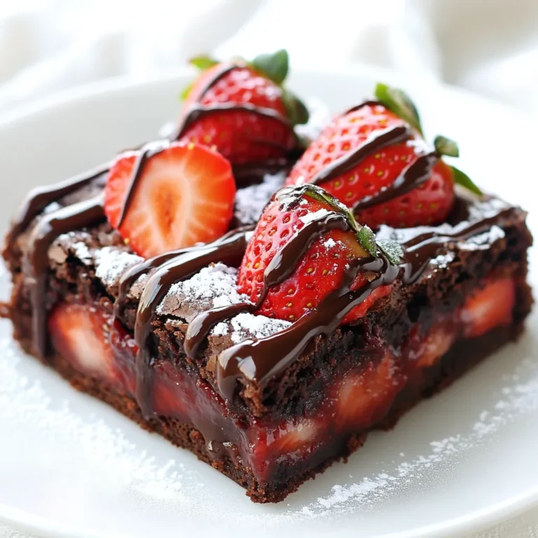 - 1 cup unsalted butter, melted - 1 cup granulated sugar - 1 cup brown sugar, packed - 4 large eggs - 1 teaspoon vanilla extract - 1 cup all-purpose flour - 1/2 cup unsweetened cocoa powder - 1/2 teaspoon salt - 1 1/2 cups fresh strawberries, hulled and halved - 1 cup semisweet chocolate chips - 1/2 cup heavy cream - 1 tablespoon powdered sugar (for dusting, optional) The key to making these brownies is the right mix of ingredients. Start with unsalted butter. It adds richness and helps create a fudgy texture. Granulated sugar and brown sugar together give sweetness and moisture. The brown sugar adds a bit of chewiness too. Next, we need eggs. They provide structure and help the brownies rise. Don't forget the vanilla extract. It brings a lovely flavor to the mix. For the dry ingredients, all-purpose flour and cocoa powder are essential. The flour gives structure, and cocoa powder adds that deep chocolate taste. Fresh strawberries are a must. They add a juicy burst that pairs well with chocolate. I love using 1 1/2 cups, hulled and halved, to maximize flavor. For the chocolate ganache, semisweet chocolate chips are perfect. They melt nicely into a smooth sauce. Heavy cream helps make the ganache rich and creamy. You can sprinkle powdered sugar on top if you want a sweet finish. Gather these ingredients before you start. It makes the process smoother and more fun. Enjoy making these delightful brownies! {{ingredient_image_1}} First, preheat your oven to 350°F (175°C). Grab a 9x13-inch baking pan. Grease the pan with butter or cooking spray. Next, line the bottom and sides with parchment paper. Leave some paper hanging over the edges. This helps you lift the brownies out later. In a large mixing bowl, combine 1 cup of melted unsalted butter, 1 cup of granulated sugar, and 1 cup of packed brown sugar. Whisk these until they look smooth. Add 4 large eggs, one at a time. Mix well after each egg. Finally, stir in 1 teaspoon of vanilla extract until it’s all blended. In another bowl, whisk together 1 cup of all-purpose flour, 1/2 cup of unsweetened cocoa powder, and 1/2 teaspoon of salt. Make sure there are no lumps in the mixture. This step is key for perfect brownies. Pour half of the brownie batter into the prepared pan. Spread it evenly. Next, take 1 1/2 cups of fresh strawberries, hulled and halved. Place them cut-side up over the brownie layer. Now, spoon the remaining brownie batter over the strawberries. Spread it gently to cover them. Bake in the preheated oven for 25 to 30 minutes. Check for doneness by inserting a toothpick into the center. It should come out with a few moist crumbs, not wet batter. While your brownies bake, prepare the chocolate ganache. In a small saucepan, heat 1/2 cup of heavy cream over medium heat. Wait until it simmers, then remove it from the heat. Add 1 cup of semisweet chocolate chips and stir until melted and smooth. After baking, let the brownies cool in the pan for about 10 minutes. Use the parchment paper to lift them out. Let them cool completely on a wire rack. Once cooled, pour the chocolate ganache over the brownies. Spread it evenly. Optional: Dust with 1 tablespoon of powdered sugar before cutting into squares or rectangles. For moist and fudgy brownies, use these tips: - Use melted unsalted butter for richness. - Combine granulated and brown sugars for depth of flavor. - Don’t overmix the batter—it should blend just enough. - Bake until a toothpick shows a few moist crumbs. These steps help keep your brownies soft and chewy. To select ripe and flavorful strawberries: - Look for bright red berries with no green spots. - Check for firmness and a sweet smell. - Avoid berries with soft spots or bruises. Fresh strawberries add a burst of flavor to your brownies. Best practices for storing and reheating: - Keep brownies in an airtight container at room temperature. - For longer storage, wrap them tightly and freeze. - Reheat in the microwave for about 10-15 seconds. These methods keep your brownies fresh and tasty for days. Pro Tips Use Fresh Strawberries: The quality of strawberries will significantly affect the flavor of your brownies. Choose ripe, sweet strawberries for the best results. Check for Doneness: To avoid overbaking, start checking your brownies a few minutes before the minimum baking time. They should be set but still slightly moist in the center. Let the Ganache Cool: Allow the ganache to cool slightly before pouring it over the brownies. This will help it set better and create a beautiful finish. Chill Before Cutting: For cleaner cuts, refrigerate the brownies for about an hour before slicing them. This helps the ganache firm up and makes cutting easier. {{image_2}} You can change the flavor of your brownies by using different types of chocolate. Dark chocolate gives a rich taste. Milk chocolate is sweeter and creamier. White chocolate adds a nice touch of sweetness and creaminess. Choose what you love best. Each type will make your brownies unique. You can also add nuts or other fruits to your brownies. Chopped walnuts or pecans add a lovely crunch. If you want a tart flavor, try adding raspberries. They pair well with chocolate and strawberries. Get creative! Mixing in different fruits or nuts makes each bite exciting. If you need a gluten-free option, it's easy to adapt this recipe. Simply replace all-purpose flour with a gluten-free flour blend. Almond flour is a great choice, too. Just be mindful of the ratios. This way, everyone can enjoy your delicious chocolate covered strawberry brownies! To keep your brownies fresh at room temperature, follow these steps: - Allow the brownies to cool completely before storing. This prevents moisture buildup. - Place the brownies in an airtight container. This keeps them soft and prevents drying out. - Store the container in a cool, dry place, away from sunlight. They will stay fresh for about 3 to 5 days. If you want to save some brownies for later, freezing is a great choice: - First, cut the brownies into squares or rectangles. This makes it easy to grab just what you need. - Wrap each piece tightly in plastic wrap. This helps to prevent freezer burn. - Place the wrapped brownies in a freezer-safe bag or container. Label it with the date for easy tracking. - Brownies can be frozen for up to 3 months. When you're ready to enjoy them, let them thaw in the fridge overnight. Yes, you can make these brownies a day ahead. Just store them in an airtight container. This keeps them moist and fresh. The flavors can even improve overnight. To cut the sweetness, reduce the sugar by a quarter cup. You can also use dark chocolate chips instead of semisweet. This adds a rich taste without too much sugar. If you need a substitute for heavy cream, use whole milk or half-and-half. You can also try coconut cream for a dairy-free option. Just adjust the amount to get the right consistency. You can use frozen strawberries, but they may make the brownies soggy. If using frozen, let them thaw and drain excess liquid. Fresh strawberries give a better texture and flavor. Check for doneness around 25 minutes. Insert a toothpick into the center. If it comes out with a few moist crumbs, they are ready. If it’s wet, bake a bit longer. You learned how to make chocolate-covered strawberry brownies step by step. We covered ingredients, preparation, baking, and storage tips. Baking can be fun and rewarding when you follow a few easy steps. With fresh ingredients and simple techniques, you can create delicious brownies. Feel free to explore variations like using different chocolates or fruits. Enjoy these brownies fresh or save some for later. Keep baking and savoring the joy of your sweet creations!