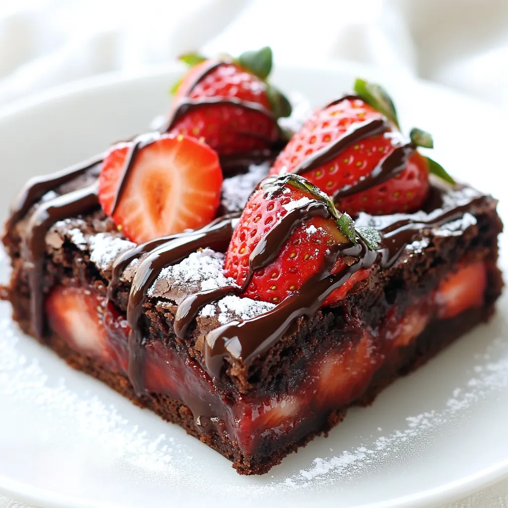 - 1 cup unsalted butter, melted - 1 cup granulated sugar - 1 cup brown sugar, packed - 4 large eggs - 1 teaspoon vanilla extract - 1 cup all-purpose flour - 1/2 cup unsweetened cocoa powder - 1/2 teaspoon salt - 1 1/2 cups fresh strawberries, hulled and halved - 1 cup semisweet chocolate chips - 1/2 cup heavy cream - 1 tablespoon powdered sugar (for dusting, optional) The key to making these brownies is the right mix of ingredients. Start with unsalted butter. It adds richness and helps create a fudgy texture. Granulated sugar and brown sugar together give sweetness and moisture. The brown sugar adds a bit of chewiness too. Next, we need eggs. They provide structure and help the brownies rise. Don't forget the vanilla extract. It brings a lovely flavor to the mix. For the dry ingredients, all-purpose flour and cocoa powder are essential. The flour gives structure, and cocoa powder adds that deep chocolate taste. Fresh strawberries are a must. They add a juicy burst that pairs well with chocolate. I love using 1 1/2 cups, hulled and halved, to maximize flavor. For the chocolate ganache, semisweet chocolate chips are perfect. They melt nicely into a smooth sauce. Heavy cream helps make the ganache rich and creamy. You can sprinkle powdered sugar on top if you want a sweet finish. Gather these ingredients before you start. It makes the process smoother and more fun. Enjoy making these delightful brownies! {{ingredient_image_1}} First, preheat your oven to 350°F (175°C). Grab a 9x13-inch baking pan. Grease the pan with butter or cooking spray. Next, line the bottom and sides with parchment paper. Leave some paper hanging over the edges. This helps you lift the brownies out later. In a large mixing bowl, combine 1 cup of melted unsalted butter, 1 cup of granulated sugar, and 1 cup of packed brown sugar. Whisk these until they look smooth. Add 4 large eggs, one at a time. Mix well after each egg. Finally, stir in 1 teaspoon of vanilla extract until it’s all blended. In another bowl, whisk together 1 cup of all-purpose flour, 1/2 cup of unsweetened cocoa powder, and 1/2 teaspoon of salt. Make sure there are no lumps in the mixture. This step is key for perfect brownies. Pour half of the brownie batter into the prepared pan. Spread it evenly. Next, take 1 1/2 cups of fresh strawberries, hulled and halved. Place them cut-side up over the brownie layer. Now, spoon the remaining brownie batter over the strawberries. Spread it gently to cover them. Bake in the preheated oven for 25 to 30 minutes. Check for doneness by inserting a toothpick into the center. It should come out with a few moist crumbs, not wet batter. While your brownies bake, prepare the chocolate ganache. In a small saucepan, heat 1/2 cup of heavy cream over medium heat. Wait until it simmers, then remove it from the heat. Add 1 cup of semisweet chocolate chips and stir until melted and smooth. After baking, let the brownies cool in the pan for about 10 minutes. Use the parchment paper to lift them out. Let them cool completely on a wire rack. Once cooled, pour the chocolate ganache over the brownies. Spread it evenly. Optional: Dust with 1 tablespoon of powdered sugar before cutting into squares or rectangles. For moist and fudgy brownies, use these tips: - Use melted unsalted butter for richness. - Combine granulated and brown sugars for depth of flavor. - Don’t overmix the batter—it should blend just enough. - Bake until a toothpick shows a few moist crumbs. These steps help keep your brownies soft and chewy. To select ripe and flavorful strawberries: - Look for bright red berries with no green spots. - Check for firmness and a sweet smell. - Avoid berries with soft spots or bruises. Fresh strawberries add a burst of flavor to your brownies. Best practices for storing and reheating: - Keep brownies in an airtight container at room temperature. - For longer storage, wrap them tightly and freeze. - Reheat in the microwave for about 10-15 seconds. These methods keep your brownies fresh and tasty for days. Pro Tips Use Fresh Strawberries: The quality of strawberries will significantly affect the flavor of your brownies. Choose ripe, sweet strawberries for the best results. Check for Doneness: To avoid overbaking, start checking your brownies a few minutes before the minimum baking time. They should be set but still slightly moist in the center. Let the Ganache Cool: Allow the ganache to cool slightly before pouring it over the brownies. This will help it set better and create a beautiful finish. Chill Before Cutting: For cleaner cuts, refrigerate the brownies for about an hour before slicing them. This helps the ganache firm up and makes cutting easier. {{image_2}} You can change the flavor of your brownies by using different types of chocolate. Dark chocolate gives a rich taste. Milk chocolate is sweeter and creamier. White chocolate adds a nice touch of sweetness and creaminess. Choose what you love best. Each type will make your brownies unique. You can also add nuts or other fruits to your brownies. Chopped walnuts or pecans add a lovely crunch. If you want a tart flavor, try adding raspberries. They pair well with chocolate and strawberries. Get creative! Mixing in different fruits or nuts makes each bite exciting. If you need a gluten-free option, it's easy to adapt this recipe. Simply replace all-purpose flour with a gluten-free flour blend. Almond flour is a great choice, too. Just be mindful of the ratios. This way, everyone can enjoy your delicious chocolate covered strawberry brownies! To keep your brownies fresh at room temperature, follow these steps: - Allow the brownies to cool completely before storing. This prevents moisture buildup. - Place the brownies in an airtight container. This keeps them soft and prevents drying out. - Store the container in a cool, dry place, away from sunlight. They will stay fresh for about 3 to 5 days. If you want to save some brownies for later, freezing is a great choice: - First, cut the brownies into squares or rectangles. This makes it easy to grab just what you need. - Wrap each piece tightly in plastic wrap. This helps to prevent freezer burn. - Place the wrapped brownies in a freezer-safe bag or container. Label it with the date for easy tracking. - Brownies can be frozen for up to 3 months. When you're ready to enjoy them, let them thaw in the fridge overnight. Yes, you can make these brownies a day ahead. Just store them in an airtight container. This keeps them moist and fresh. The flavors can even improve overnight. To cut the sweetness, reduce the sugar by a quarter cup. You can also use dark chocolate chips instead of semisweet. This adds a rich taste without too much sugar. If you need a substitute for heavy cream, use whole milk or half-and-half. You can also try coconut cream for a dairy-free option. Just adjust the amount to get the right consistency. You can use frozen strawberries, but they may make the brownies soggy. If using frozen, let them thaw and drain excess liquid. Fresh strawberries give a better texture and flavor. Check for doneness around 25 minutes. Insert a toothpick into the center. If it comes out with a few moist crumbs, they are ready. If it’s wet, bake a bit longer. You learned how to make chocolate-covered strawberry brownies step by step. We covered ingredients, preparation, baking, and storage tips. Baking can be fun and rewarding when you follow a few easy steps. With fresh ingredients and simple techniques, you can create delicious brownies. Feel free to explore variations like using different chocolates or fruits. Enjoy these brownies fresh or save some for later. Keep baking and savoring the joy of your sweet creations!