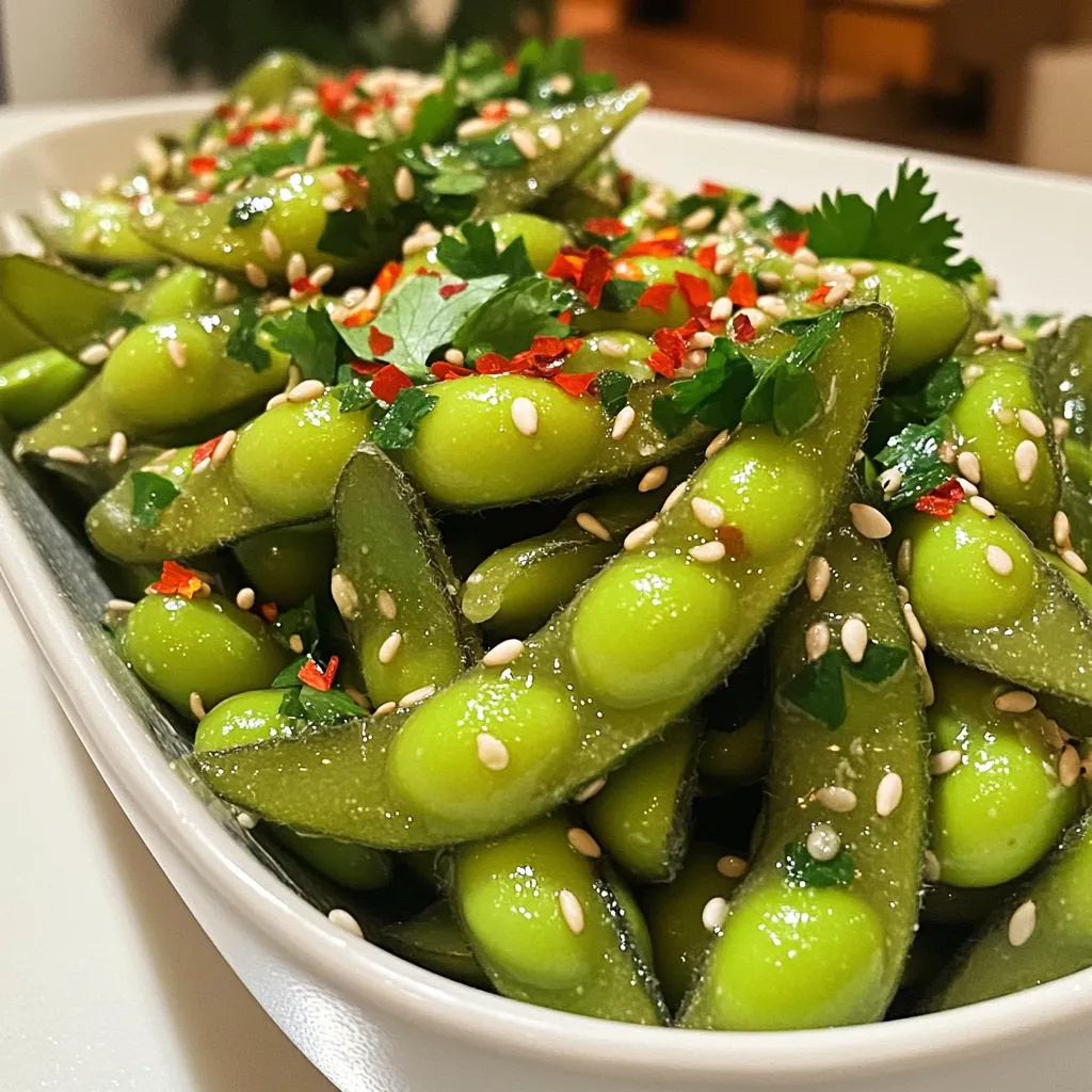 To make spicy garlic edamame, gather these simple items: - 2 cups edamame in pods (fresh or frozen) - 3 tablespoons olive oil - 5 cloves garlic, minced - 1 teaspoon red pepper flakes (adjust to taste) - 1 tablespoon soy sauce - 1 tablespoon sesame oil - 1 teaspoon lemon zest - Salt to taste - Sesame seeds for garnish - Fresh cilantro for garnish (optional) You can use either fresh or frozen edamame for this recipe. Fresh edamame tends to have a tender bite and bright flavor. You may find them at farmers' markets or some grocery stores. Frozen edamame is easy to find and saves time. It’s often pre-cooked, so you just need to boil it for a few minutes. Both options work well, so choose what you have on hand. Garnishes add color and flavor to your dish. For this recipe, sprinkle sesame seeds on top. They give a nutty taste and crunch. Fresh cilantro adds a pop of green and freshness. If you enjoy heat, try adding extra red pepper flakes. Feel free to get creative with your garnishes. First, you'll need to get the edamame ready. If you use frozen edamame, cook them by boiling for about 5 minutes. They should be tender. Drain the edamame and set them aside. Next, heat the olive oil in a large skillet over medium heat. Add the minced garlic and sauté for about 2 to 3 minutes. Watch it closely so it turns golden but does not burn. After the garlic is fragrant, stir in the red pepper flakes. Sauté for another 30 seconds to bring out their heat. Now, add the cooked edamame to the skillet. Toss them well to coat with the garlic oil mixture. Pour in the soy sauce and sesame oil, mixing everything together. Stir-fry the edamame for another 2 to 3 minutes until they are warm and well coated. Finally, remove the skillet from heat. Stir in the lemon zest and a pinch of salt to taste. Serve warm, garnished with sesame seeds and chopped cilantro if you like. To make your spicy garlic edamame just right, start with a small amount of red pepper flakes. Use one teaspoon of flakes for a mild kick. If you want more heat, add extra flakes one at a time. Taste as you go. This way, you can find the perfect spice level for you and your guests. Garlic is the star of this dish. To get the best flavor, always use fresh garlic. Chop it finely to release more oils. Cook it in olive oil over medium heat. Watch it closely! You want it golden, not burnt. If it burns, the taste turns bitter. This step gives your edamame that tasty garlic punch. Serve your spicy garlic edamame warm. It makes a great snack or side dish. You can add sesame seeds for crunch. Fresh cilantro brightens the flavor too. Try pairing it with rice or noodles for a full meal. This dish also goes well with drinks. Enjoy it at parties or cozy nights in! {{image_2}} You can easily add protein to your spicy garlic edamame. Tofu is a great choice. It absorbs flavors well and adds a nice texture. Use firm or extra-firm tofu for the best results. Cut it into small cubes. Sauté the tofu in olive oil until it is golden brown. Add it to the edamame in the skillet as you mix in the garlic and sauces. If you prefer chicken, use cooked chicken breast. Shred or dice the chicken into bite-sized pieces. Stir in the chicken during the last few minutes of mixing. This gives the chicken time to warm up with the garlicky flavors. You can switch up the flavors in this dish. Try using lime zest instead of lemon for a tangy kick. You can also add a splash of rice vinegar for a different taste. Experiment with different herbs. Fresh basil or mint can add a fresh twist. For a sweeter option, toss in some honey or maple syrup. This makes a nice balance with the spice. This recipe is already vegan if you skip the chicken. To keep it gluten-free, ensure your soy sauce is gluten-free. Look for tamari as a great alternative. You can also use coconut aminos. This swap gives a tasty, lower-sodium option. Feel free to play with this recipe. Each variation can offer a new and exciting dish. To store leftover spicy garlic edamame, let it cool first. Place the edamame in an airtight container. You can keep it in the fridge for up to three days. Make sure to seal the container well. This keeps the flavors fresh. When you're ready to eat leftovers, warm them up in a skillet. Heat on medium until hot. Stir often to avoid burning. You can also microwave them. Place edamame in a microwave-safe bowl. Cover with a damp paper towel. Heat for about one to two minutes. Check that they are hot before serving. You can freeze spicy garlic edamame for later. First, let it cool completely. Spread it on a baking sheet in a single layer. Freeze it for about one hour. Then transfer the edamame to a freezer bag. Remove as much air as possible. Label the bag with the date. You can keep it in the freezer for up to three months. When you're ready to eat, just thaw and reheat! The best way to cook edamame is by boiling. If you use frozen edamame, follow the package directions. Usually, it takes about five minutes to boil until tender. Fresh edamame can also be steamed for the same time. After cooking, always drain them well. This helps remove excess water. Make sure they are bright green and soft before using them in your recipe. Yes, you can use garlic powder instead of fresh garlic. However, the taste will be different. Fresh garlic has a strong and vibrant flavor. Garlic powder is milder and less pungent. If you decide to use garlic powder, about one teaspoon should work. Start with less and taste as you go. This way, you can adjust to your liking. The spice level of spicy garlic edamame depends on the red pepper flakes you use. One teaspoon gives a nice kick. If you like it hotter, add more flakes. For a milder taste, use less. Remember, you control the heat! The garlic and oil balance the spice well, creating a tasty snack. In this article, we explored the key ingredients for spicy garlic edamame, including fresh and frozen options. We covered step-by-step instructions, tips for perfecting flavor, and even ideas for variations. You can adjust spice levels and add protein for a twist. Don't forget about storage tips for leftovers. This dish is easy to make and versatile, making it a great addition to any meal. Enjoy your homemade edamame, knowing you can customize it to your taste!