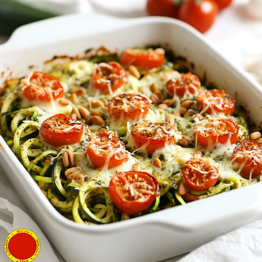 To make a tasty Pesto Chicken Zoodle Bake, gather these fresh ingredients: - Zucchini for zoodles: You need 2 large zucchinis. Spiralizing them gives a fun shape. - Shredded chicken: Use 2 cups of cooked chicken breast. Shredded chicken adds great flavor. - Basil pesto options: One cup of basil pesto is key. You can choose homemade or store-bought. - Cherry tomatoes: One cup of halved cherry tomatoes brings sweetness and color. - Cheese selection: Use a blend of one cup of shredded mozzarella and half a cup of grated Parmesan. - Seasoning ingredients: Add one teaspoon of garlic powder, plus salt and pepper to taste. - Optional garnishes: Fresh basil leaves can be used for a lovely touch. These ingredients make this dish flavorful and fun to eat. Each item adds its unique taste and texture. Enjoy the process of preparing your meal! {{ingredient_image_1}} 1. Preheating the oven Start by preheating your oven to 375°F (190°C). This step ensures the dish cooks evenly. 2. Mixing chicken and pesto In a large mixing bowl, add the shredded chicken. Pour in 1 cup of basil pesto. Sprinkle in 1 teaspoon of garlic powder, salt, and pepper. Mix well until the chicken is coated with pesto. 3. Adding zucchini to the mix Take the spiralized zucchini and add it to the chicken mixture. Toss gently to combine everything. This adds flavor and a healthy twist to the dish. 1. Initial layering in the baking dish Grease a 9x13 inch baking dish. Spread half of the zoodle and chicken mixture evenly across the bottom. This creates a solid base. 2. Topping with tomatoes and cheese Sprinkle half of the halved cherry tomatoes over the first layer. Then, add half of the shredded mozzarella cheese. This adds freshness and creaminess. 3. Final layering steps Add the rest of the zoodle mixture on top. Next, layer the remaining cherry tomatoes and mozzarella cheese. Finish with a sprinkle of grated Parmesan cheese and toasted pine nuts. These toppings will create a tasty, crunchy finish. 1. Covering and baking Cover the baking dish tightly with aluminum foil. Place it in the preheated oven and bake for 25 minutes. This keeps the moisture in and cooks everything through. 2. Final uncovered baking for perfect melt After 25 minutes, remove the foil. Bake for an additional 10-15 minutes. This step allows the cheese to melt and bubble nicely. You want the zoodles to be tender but not mushy. To keep zoodles crisp, cook them briefly. Overcooking makes them mushy. I recommend adding them right before baking. This helps them stay firm. For chicken, roast it until it reaches 165°F. This usually takes about 20-25 minutes. Make sure to shred the chicken before mixing with pesto. When it comes to cheese, choose a good melting cheese. Mozzarella works well. For a great melt, cover the dish for the first part of baking. Remove the cover to let the cheese brown. Use a 9x13 inch baking dish for this recipe. A glass dish or ceramic works best. They help distribute heat evenly. You will need a spiralizer to make zoodles. A sharp knife can work too, but zoodles are easier with a spiralizer. Have mixing bowls and measuring cups ready for prep. Pair this dish with a simple salad. A green salad with vinaigrette adds freshness. Garlic bread also makes a great side. For a heartier meal, serve with roasted vegetables. Broccoli or asparagus complement the flavors nicely. Enjoy your flavorful family dinner! Pro Tips Use Fresh Zucchini: Fresh zucchini will give you the best texture and flavor. Look for firm, unblemished zucchinis for the best results. Customize Your Pesto: Feel free to use different nuts or add some spinach or arugula to your pesto for a unique twist on the classic flavor. Don’t Overcook the Zoodles: Zucchini can become mushy if overcooked. Bake just until tender to maintain a nice texture. Make It a Meal Prep: This dish is great for meal prep! It reheats well and can be stored in the refrigerator for up to 4 days. {{image_2}} Alternative proteins You can swap chicken for turkey or shrimp. Both options taste great and add new flavor. If you want a vegetarian dish, try chickpeas or lentils instead. They pack protein and make a hearty meal. Dairy-free options For a dairy-free dish, use a vegan cheese or leave out the cheese entirely. You can also mix in some nutritional yeast for a cheesy taste. This keeps the dish creamy without using dairy. Adding spices or herbs Enhance the flavor by adding spices like red pepper flakes or smoked paprika. Fresh herbs like thyme or oregano also add depth. Feel free to experiment to find your favorite combo. Different pesto flavors If you want variety, try sun-dried tomato or spinach pesto. Each brings a unique taste to the dish. You can even make your own pesto with different nuts or greens for a fun twist. Meal prep adaptations This dish works well for meal prep. You can make it ahead of time and store it in portions. Just reheat it in the oven or microwave when you’re ready to eat. Kid-friendly versions To make this dish more kid-friendly, cut the zoodles into smaller pieces. You can also mix in some hidden veggies like spinach or bell peppers. Kids love the cheesy, gooey texture, and they'll hardly notice the extra greens! To keep your Pesto Chicken Zoodle Bake fresh, follow these tips: - Store leftovers in an airtight container. - Let the dish cool before sealing it. - Use glass or plastic containers for easy stacking. You can reheat your bake in two ways: the oven or the microwave. - Oven: Preheat to 350°F (175°C). Place the dish in for about 15 minutes. - Microwave: Heat on medium power for 2-3 minutes. To keep the zoodles crisp, cover the dish loosely with a paper towel. Yes, you can freeze Pesto Chicken Zoodle Bake! - First, let it cool completely. - Cut into portions and place them in freezer-safe bags. - To thaw, move it to the fridge overnight. Reheat in the oven or microwave as mentioned earlier for the best taste. What are zoodles? Zoodles are noodles made from zucchini. You spiralize the zucchini to create thin strands. They serve as a healthy, low-carb substitute for pasta. They add a fresh flavor to your dish. Can I use cooked zoodles instead? Using cooked zoodles is not the best choice. They can become too soft and mushy. Raw zoodles maintain a nice crunch and texture during baking. If you must use cooked zoodles, reduce the baking time. How do I know when it's done? Check the dish when the cheese is melted and bubbly. The zoodles should be tender but not mushy. A fork can help you test the texture. If it feels right, it's done! Is this dish low-carb? Yes, this dish is low-carb. Zoodles replace traditional pasta, lowering the carbs. It is a great option for those watching their carb intake. You still get a hearty meal without the extra carbs. Caloric content per serving? This dish has about 350 calories per serving. It includes protein from chicken and healthy fats from pesto. The exact number can vary, depending on cheese and portion size. How to avoid soggy zoodles? To avoid soggy zoodles, salt them first. Let them sit for a few minutes. This process draws out excess moisture. You can also pat them dry with a paper towel before mixing. Can I prepare this ahead of time? Yes, you can prepare this dish ahead of time! Mix the ingredients and layer them in the baking dish. Cover and refrigerate. When ready, just bake it as instructed. This makes dinner easy on busy nights! This blog covers how to make a tasty Pesto Chicken Zoodle Bake. We explored key ingredients like zucchini, chicken, and pesto. I shared clear steps to prepare, layer, and bake your dish for best results. You can also find tips for perfecting texture and maximizing flavor. Plus, there are variations and storage advice to meet your needs. With these insights, you can create a delightful dish. Enjoy experimenting and sharing this easy, healthy meal with others!