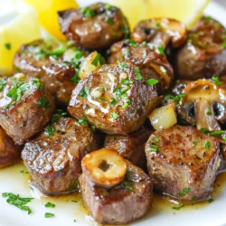 - 1 pound sirloin steak, cut into 1-inch cubes - 8 ounces cremini mushrooms, sliced - 4 tablespoons unsalted butter - 4 cloves garlic, minced - 1 teaspoon fresh thyme leaves (or ½ teaspoon dried thyme) - 1 teaspoon fresh parsley, chopped (plus more for garnish) - 1 tablespoon olive oil - Lemon wedges, for serving - Salt and pepper to taste When I cook Garlic Butter Mushroom Steak Bites, I love using fresh ingredients. The sirloin steak gives the dish a rich flavor. I cut it into 1-inch cubes for even cooking. Cremini mushrooms add an earthy taste, which pairs perfectly with the steak. Unsalted butter is key for this dish. It melts beautifully and enhances the flavors of garlic and herbs. Speaking of garlic, I use four cloves, minced finely. Garlic brings a wonderful aroma and depth to the dish. For seasoning, I like to add thyme and parsley. Fresh thyme adds a hint of sweetness. Parsley not only brightens the dish but also adds color. I always sprinkle extra parsley on top for garnish. Don't forget about the olive oil! It helps sear the steak and mushrooms. Lemon wedges add a zesty touch at the end. Finally, I season everything with salt and pepper to bring out the best flavors. Gather these ingredients, and you're ready to create a quick and tasty meal! {{ingredient_image_1}} To start, you need to season the steak. Take your sirloin steak cubes and sprinkle salt and pepper on all sides. This step is key in enhancing the flavor of the meat. Next, prepare your skillet. Grab a large skillet and heat up olive oil over medium-high heat. This oil will help to sear the steak bites perfectly. Now it's time to sear the steak bites. Add the seasoned steak cubes to the hot skillet in a single layer. Cook them for about 2-3 minutes on each side. This gives you a nice medium-rare steak. If you prefer it cooked more, just leave it a bit longer. Once done, take the steak out and set it aside. Then, sauté the mushrooms and garlic. In the same skillet, toss in the sliced cremini mushrooms. Cook them for about 4-5 minutes, stirring until they turn golden brown. They will also release moisture, which adds flavor. After that, push the mushrooms to one side of the skillet. Add the butter and minced garlic to the empty side. Let the garlic cook for about 30 seconds until it smells amazing. Then mix it with the mushrooms. Now, combine the steak with the mushrooms. Add the cooked steak bites back into the skillet. Stir everything together and cook for another 1-2 minutes. This will warm the steak through and blend the flavors. Lastly, adjust the seasoning. Taste your dish and add more salt or pepper if needed. This step ensures that each bite is full of flavor. Enjoy your meal! To get the steak just right, start with the right heat. Use medium-high heat when you sear the steak bites. Cook them for about 2-3 minutes on each side. This gives a nice brown crust. For medium-rare steak, aim for an internal temp of 130°F. Use a meat thermometer to check. For the garlic flavor, don't cook minced garlic too long. Just 30 seconds is enough to release its aroma. Add it to the skillet after the mushrooms have sautéed. This way, it won't burn and will stay sweet. Serve your garlic butter mushroom steak bites on a wooden board. It adds a rustic touch that looks inviting. You can also use a decorative platter for a more formal look. For garnishing, sprinkle extra chopped parsley on top. It adds color and freshness. Serve lemon wedges on the side. A squeeze of lemon adds a nice zing. Avoid overcooking the steak. It can turn tough and dry. Stick to the cooking times mentioned. Always check the internal temperature to ensure it’s just right. Another mistake is under-seasoning. Don’t skip the salt and pepper. Season the steak cubes well before cooking. Taste the mix at the end and adjust with more salt or pepper if needed. This step makes all the difference! Pro Tips Choose Quality Steak: Opt for a well-marbled sirloin steak for the juiciest and most flavorful bites. Perfect Searing: Ensure your skillet is hot before adding the steak. This helps achieve a beautiful crust. Don't Overcrowd the Pan: Cook the steak in batches if necessary to avoid steaming and to get that perfect sear. Enhance Flavor with Fresh Herbs: Use fresh thyme and parsley to elevate the dish's flavor profile and add a pop of color. {{image_2}} You can change the cut of steak for this recipe. While sirloin is great, you can use ribeye or flank steak. Both options add a nice flavor. Just make sure to cut them into similar-sized cubes. For mushrooms, cremini works well, but you can also try button or shiitake mushrooms. Each type brings its own taste and texture. Experiment to find your favorite! Adding spices makes the dish pop. You can try a pinch of paprika or a dash of cayenne for heat. Fresh herbs like rosemary or oregano can also work well. They add depth and a fresh taste. You might want to toss in some veggies too. Bell peppers or spinach can bring color and nutrition. Sauté them along with the mushrooms for a tasty twist. Pair these steak bites with sides for a complete meal. A simple salad or roasted vegetables complements the dish nicely. You could also serve it with garlic bread for a hearty touch. If you want something more filling, try serving over grains or pasta. Quinoa or rice absorb the garlic butter sauce beautifully. This adds a satisfying base to your meal. To keep your garlic butter mushroom steak bites fresh, store them in the fridge. First, let them cool down to room temperature. Then, place them in an airtight container. This will help prevent moisture loss and keep the flavors intact. Use glass or plastic containers that seal tightly. This will keep them safe for up to three days. When reheating, you have a few options. You can use the oven or a skillet. For the oven, preheat it to 350°F (175°C). Place the steak bites on a baking sheet and cover with foil. Heat for about 10-15 minutes. If you prefer a skillet, heat it over medium heat. Add a splash of olive oil and sauté the steak bites for about 5 minutes. This method helps keep them crispy and juicy. You can also microwave them if you’re in a hurry. Place the steak bites in a microwave-safe dish. Cover it with a lid or microwave-safe wrap. Heat on medium power for 1-2 minutes, stirring halfway through. This method is quick but can make the steak a bit chewy. If you want to freeze your steak bites, it’s easy! First, let them cool completely. Then, place them in a freezer-safe bag or container. Remove as much air as possible to prevent freezer burn. They can last up to three months in the freezer. When you're ready to eat, thaw them in the fridge overnight. If you're short on time, you can thaw them in cold water for a quicker option. Just remember not to refreeze them after thawing to keep them safe and tasty. The best steak for steak bites is sirloin. Sirloin is tender and flavorful. It cooks well in small pieces. You can also use ribeye or tenderloin. These cuts give a nice taste. Choose a cut that fits your budget and taste. Yes, you can use dried herbs instead of fresh. Just use less dried herbs. A good rule is to use one-third the amount. For example, if the recipe calls for one teaspoon of fresh thyme, use about one-third teaspoon of dried thyme. Dried herbs have a stronger flavor, so be careful. To check if your steak is medium-rare, use a meat thermometer. The internal temperature should be 130°F to 135°F. If you don’t have a thermometer, you can use the touch test. Press the steak with your finger. It should feel like the space between your thumb and index finger when relaxed. This helps you cook the steak just right. This blog post covered how to make delicious steak bites with mushrooms. We explored key ingredients, step-by-step cooking, tips for perfect results, and fun variations. Remember to avoid common mistakes like overcooking and not seasoning well. You can customize flavors and enhance your dish by adding different herbs or sides. Enjoy the process and feel free to experiment. With practice, you’ll master this tasty meal. Start cooking and impress yourself and others!