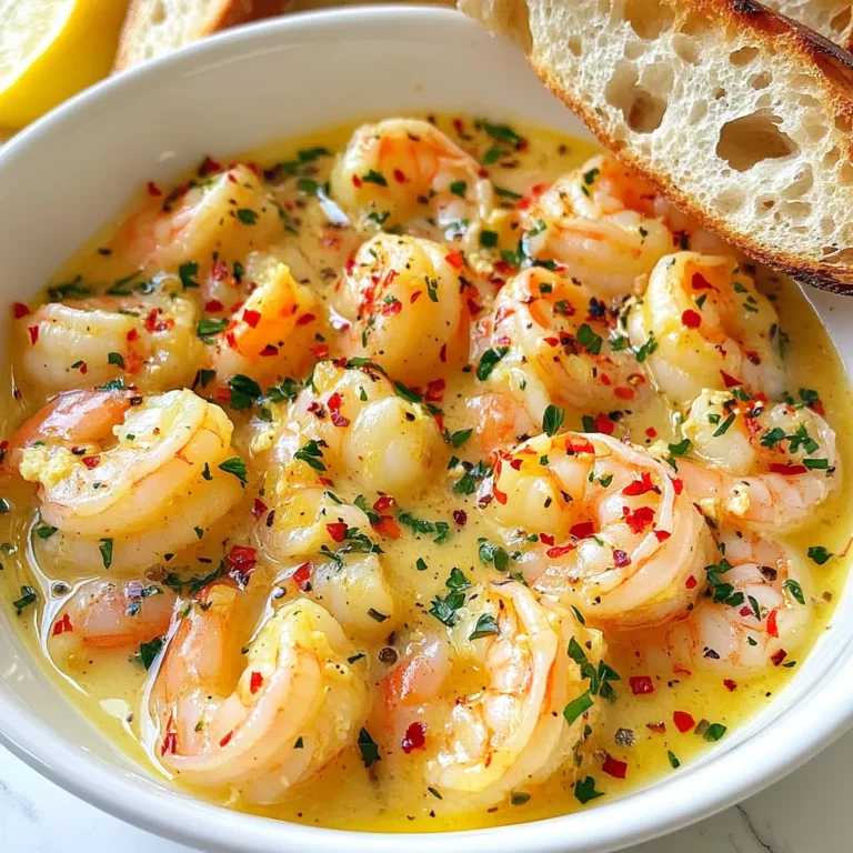 To make spicy garlic butter shrimp, you need these fresh ingredients: - 1 lb large shrimp, peeled and deveined - 4 tablespoons unsalted butter - 4 cloves garlic, minced - 1 teaspoon red pepper flakes (adjust to taste) - 1 tablespoon lemon juice - 1 tablespoon olive oil - Salt and pepper to taste - Fresh parsley, chopped (for garnish) Each ingredient plays a role in bringing out the flavor. Shrimp offers a sweet and tender bite. Butter gives a rich, creamy texture. Garlic adds depth and aroma. Red pepper flakes give heat, while lemon juice brightens the dish. You can easily swap some ingredients. If you don’t have large shrimp, use medium or even small shrimp. If you want a lighter option, replace butter with margarine or a vegan alternative. Instead of lemon juice, you can use lime juice for a different zing. For a milder dish, use less red pepper flakes or skip them altogether. Fresh parsley can be swapped with cilantro or even chives for a fresh herb touch. This dish is not only tasty but also offers good nutrition. Here’s a breakdown per serving: - Calories: 300 - Protein: 25g - Fat: 20g - Carbohydrates: 5g - Fiber: 0g - Sugar: 0g Shrimp is low in calories and high in protein. Butter adds healthy fats, while garlic provides antioxidants. Enjoy in moderation for a delightful, healthy meal! {{ingredient_image_1}} Start by gathering your ingredients. You will need: - 1 lb large shrimp, peeled and deveined - 4 tablespoons unsalted butter - 4 cloves garlic, minced - 1 teaspoon red pepper flakes (adjust to taste) - 1 tablespoon lemon juice - 1 tablespoon olive oil - Salt and pepper to taste - Fresh parsley, chopped (for garnish) Make sure your shrimp is thawed if frozen. Rinse them under cold water and pat them dry with a paper towel. Mince the garlic finely. This step helps release more flavor. Chop the parsley for garnish later. Heat a large skillet over medium heat. Pour in the olive oil and let it warm. Add the butter next. Swirl the pan to mix the butter and oil as it melts. This gives the shrimp a rich flavor. Once the butter is melted, add the minced garlic and red pepper flakes. Sauté this mix for about 1-2 minutes. You want the garlic to smell great and turn a light golden color. Now, raise the heat to medium-high. Add the shrimp to the skillet. Cook them for 2-3 minutes on one side. Watch for their color to change to pink and opaque. Flip the shrimp over. Now, add the lemon juice, salt, and pepper. Stir gently and cook for another 1-2 minutes until the shrimp are fully cooked. They should look firm and pink all over. Remove the skillet from heat. Sprinkle the fresh parsley on top for a lovely touch. Serve your spicy garlic butter shrimp right away while hot. This dish pairs well with crusty bread. The bread helps soak up the tasty sauce. You can also serve it over a bed of rice for a filling meal. Feel free to add a side salad for freshness. This helps balance the spicy flavors. Enjoy the burst of taste with every bite! To cook shrimp just right, start with fresh shrimp. Look for shrimp that feel firm and smell clean. Heat your skillet over medium heat. Add olive oil first, then butter. This method helps the butter not burn. When the butter melts, add garlic and red pepper flakes. Sauté for a minute. This is where the flavors begin. Next, add the shrimp in a single layer. Cook them for about 2-3 minutes on one side. When they turn pink and opaque, flip them over. Add lemon juice, salt, and pepper. Cook for another 1-2 minutes. Shrimp cook fast, so keep an eye on them. You want them tender, not rubbery. For extra flavor, you can experiment. Try adding a splash of white wine with the shrimp. This adds depth to the dish. Fresh herbs like basil or cilantro also work well. They brighten up the flavors. If you like heat, adjust the red pepper flakes. Add more for a stronger kick. You can also toss in some diced tomatoes or bell peppers. These add sweetness and color. Lastly, serve with crusty bread to soak up the sauce. One common mistake is overcooking the shrimp. Shrimp cook quickly, so watch the time. Cooking them too long makes them tough. Another mistake is not using enough seasoning. Salt and pepper enhance the dish's flavor. Do not crowd the skillet. If you add too many shrimp at once, they will steam instead of sear. This can change the texture and flavor. Lastly, don’t skip the lemon juice. It balances the richness of the butter and adds brightness. Pro Tips Freshness Matters: Always use the freshest shrimp you can find for the best flavor and texture. Control the Heat: Adjust the amount of red pepper flakes to suit your spice preference, adding more for extra heat. Don't Overcook: Shrimp cook quickly; remove them from heat as soon as they turn pink and opaque to prevent rubbery texture. Serve Immediately: This dish is best enjoyed right after cooking, so have your sides ready to go! {{image_2}} You can add vegetables to your spicy garlic butter shrimp. This makes the dish colorful and healthy. Try bell peppers, zucchini, or snap peas. Just chop them into bite-sized pieces. Sauté the veggies in olive oil first. Cook them until they are tender but still crisp. Then, add the shrimp and continue with the recipe. The vegetables soak up the garlic flavor and add a nice crunch. For a Mediterranean twist, swap the spices. Use fresh herbs like oregano and basil. Add olives and sun-dried tomatoes for more flavor. You can also sprinkle feta cheese on top before serving. This adds a creamy, salty taste that pairs well with the shrimp. The lemon juice will still brighten the dish, making it vibrant and fresh. Experiment with herbs and spices to create your own version. Add cilantro or dill for a unique taste. If you like more heat, toss in a pinch of cayenne pepper. For a smoky flavor, try smoked paprika. Each herb or spice gives a different touch. This way, you can make the dish match your mood or the season. Play around with flavors to find your favorite mix. After you enjoy your spicy garlic butter shrimp, store any leftovers in an airtight container. Make sure to let the shrimp cool completely before sealing. This helps keep them fresh. Place the container in the fridge. They will stay good for 2 to 3 days. If you want to keep them longer, freezing is a great option. When you're ready to eat leftovers, reheat them gently. You can use a skillet on low heat. Add a little butter or olive oil to keep them moist. Stir and heat for about 5 minutes, or until they are hot. You can also use the microwave. Place the shrimp in a microwave-safe dish, cover it, and heat for 1 minute. Check if they are warm, and heat for another 30 seconds if needed. Freezing is a great way to save spicy garlic butter shrimp for later. To freeze, first, let them cool completely. Then, place the shrimp in a freezer-safe bag. Remove as much air as possible before sealing. Label the bag with the date. They will keep well in the freezer for up to 2 months. To use, just thaw them in the fridge overnight before reheating. Enjoy the same great flavors later! Yes, you can use frozen shrimp. Just make sure to thaw them first. You can place them in cold water for about 15 minutes. After thawing, pat them dry with a paper towel. This helps the shrimp cook evenly and keeps them from getting soggy. The best way to reheat garlic butter shrimp is on the stove. Place the shrimp in a skillet over low heat. Add a splash of water or broth to keep them moist. Stir gently until they are warm. Avoid using the microwave, as it can make the shrimp tough. This recipe has a medium spice level. The red pepper flakes add a nice kick. You can adjust the heat by adding more or less. If you prefer mild, use just a pinch. For extra heat, double the red pepper flakes. Taste as you go to find your perfect heat. In this post, we covered key ingredients, cooking steps, and handy tips for shrimp dishes. I shared ways to tweak recipes and avoid common errors. Remember, perfectly cooked shrimp is just a few steps away. With these ideas, you can add your twist and enjoy tasty meals. Always store and reheat leftovers smartly for the best flavors. Enjoy cooking, and have fun experimenting with shrimp!