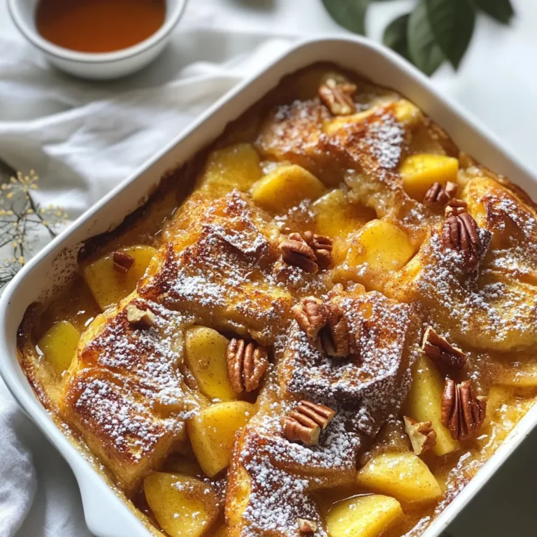 For this Cinnamon Apple French Toast Bake, I prefer using challah or brioche bread. Both have a soft texture that soaks up the custard well. - 1 loaf of challah or brioche bread, cubed Next, we need eggs and milk to create the rich custard. I often use whole milk, but almond milk works too. - 3 large eggs - 2 cups of milk (or almond milk) For sweetness and flavor, brown sugar adds a nice depth. The vanilla extract gives it a warm aroma. - 1/2 cup brown sugar - 1 tablespoon vanilla extract - 1 tablespoon ground cinnamon - 1/2 teaspoon nutmeg Lastly, we will add apples for freshness. I use three medium apples, peeled and diced, to bring a fruity element to the dish. - 3 medium apples, peeled and diced If you want a little crunch, consider adding pecans. They pair well with the soft bread and apples. - 1/2 cup chopped pecans (optional) For serving, I recommend dusting with powdered sugar. It adds a nice touch. Maple syrup is perfect for drizzling on top. - Powdered sugar for dusting (optional) - Maple syrup for serving {{ingredient_image_1}} First, set your oven to 350°F (175°C). This is the perfect temperature for baking. Next, grease a 9x13-inch baking dish. You can use butter or non-stick spray. This helps the bake not stick. Take your cubed challah or brioche bread. Spread it evenly across the greased dish. Make sure to fill all corners. This helps each piece soak in the custard. No bread should be left out. In a large bowl, whisk together the eggs, milk, and brown sugar. Add in the vanilla extract, cinnamon, and nutmeg. Whisk until everything is mixed well. This mixture is what makes the bake creamy and sweet. Now, gently fold in the diced apples. If you want some crunch, add the chopped pecans. Mix carefully so you don’t break the apples. This step ensures every bite has fruit. Cover the dish with aluminum foil. Bake for about 30 minutes. After that, remove the foil and bake for another 15-20 minutes. You want the top to turn golden brown. Check if the center is set; it should not jiggle. Once done, let the bake cool for a few minutes. This makes slicing easier. Cut it into squares and dust with powdered sugar if you like. Serve with maple syrup on the side for extra sweetness. To ensure your bread soaks up the custard well, choose day-old bread. Fresh bread may not absorb the liquid as effectively. After you mix the egg and milk, pour it over the cubed bread slowly. Press down gently so each piece gets soaked. Let it sit for a few minutes. This helps the bread soak up all the yummy flavors. You can add more spices for extra flavor. Try a pinch of ginger or allspice for warmth. If you like nuts, walnuts or almonds can also add a nice crunch. For fruit, swap apples with pears or berries. Each option gives a unique twist to your bake! For serving, slice the bake into squares. Dust with powdered sugar for a sweet touch. You can also drizzle maple syrup over each piece. Serve it warm on a nice plate for a beautiful brunch treat. Add fresh fruit or whipped cream on the side for a pop of color. Pro Tips Choosing the Bread: For a richer flavor, use challah or brioche. These breads absorb the custard beautifully and give a delightful texture. Soaking Time: Allow the bread to soak in the egg mixture for at least 15-30 minutes before baking. This ensures a custard-like consistency throughout. Apple Varieties: Experiment with different apple varieties like Granny Smith for tartness or Fuji for sweetness to customize the flavor profile. Make Ahead: Prepare the dish the night before and refrigerate it. Bake it in the morning for a warm, fresh breakfast! {{image_2}} You can switch up the bread in this recipe. While I love using challah or brioche, other breads work well too. You might try sourdough for a tangy flavor. Whole wheat bread adds more fiber. Even French bread can give a nice crust. Just cut it into cubes to soak up the custard. You don't have to stick with apples. Other fruits can shine in this dish. Pears add sweetness and a soft texture. Berries like blueberries or raspberries bring a fresh taste. You could also try nuts like walnuts or almonds for crunch. They add a nice nutty flavor that pairs well with the spices. If you need a dairy-free option, almond milk works great. You can also use coconut milk for a tropical twist. For gluten-free, choose a gluten-free bread. Many stores sell good options now. This way, everyone can enjoy this tasty dish without worry. To store leftover Cinnamon Apple French Toast Bake, let it cool completely. Place it in an airtight container. You can refrigerate it for up to 3 days. This keeps it fresh and tasty. Try to keep it covered to prevent it from drying out. When ready to enjoy, slice off what you need. For longer storage, you can freeze the bake. Cut it into squares and wrap each piece tightly in plastic wrap. Then, place the wrapped pieces in a freezer-safe bag. This way, you can enjoy it later! It can last up to 2 months in the freezer. When you want to eat it, just thaw it in the fridge overnight. To reheat your Cinnamon Apple French Toast Bake, use the oven for the best results. Preheat your oven to 350°F (175°C). Place the slices on a baking sheet. Cover them with foil to keep them moist. Heat for about 15-20 minutes. You can also use a microwave. Just heat each slice for 30-60 seconds. Enjoy it warm with maple syrup for added sweetness! Yes, you can use stale bread. Stale bread works well because it soaks up the custard better. Fresh bread may make the dish soggy. Stale bread absorbs flavors and holds its shape. This helps create a great texture in the bake. Look for a golden brown top. The center should be set and not jiggly. A toothpick inserted in the middle should come out clean. If it is wet, bake it a bit longer. Keep an eye on the edges; they should pull away from the dish. Absolutely! You can prepare it the night before. Just assemble it in the baking dish, cover it, and refrigerate. In the morning, take it out about 30 minutes before baking. This helps it bake evenly and rise nicely. You can serve it with maple syrup for sweetness. A side of bacon or sausage adds protein. Fresh fruit like berries or bananas is also great. You might consider whipped cream for a nice touch. Enjoying it with coffee or tea completes the meal. This blog post covered how to make a delicious Cinnamon Apple French Toast Bake. We explored essential ingredients like bread options, custard preparation, and baking tips. Plus, I shared ideas for keeping your bake perfect and tasty. Remember, you can customize this dish to fit your taste or diet. Whether you choose challah, brioche, or a different bread, enjoy the process. With these tips, you'll create a dish everyone loves!