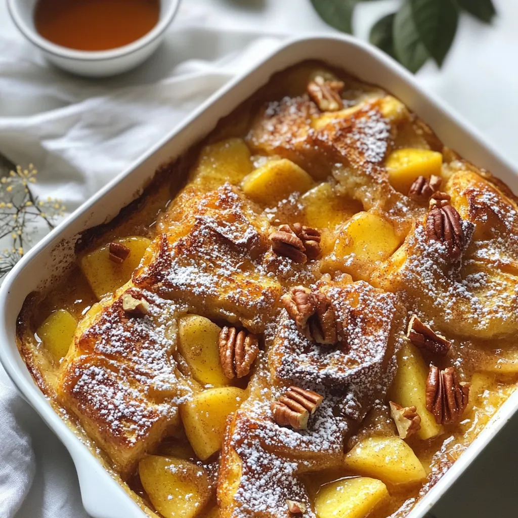 For this Cinnamon Apple French Toast Bake, I prefer using challah or brioche bread. Both have a soft texture that soaks up the custard well. - 1 loaf of challah or brioche bread, cubed Next, we need eggs and milk to create the rich custard. I often use whole milk, but almond milk works too. - 3 large eggs - 2 cups of milk (or almond milk) For sweetness and flavor, brown sugar adds a nice depth. The vanilla extract gives it a warm aroma. - 1/2 cup brown sugar - 1 tablespoon vanilla extract - 1 tablespoon ground cinnamon - 1/2 teaspoon nutmeg Lastly, we will add apples for freshness. I use three medium apples, peeled and diced, to bring a fruity element to the dish. - 3 medium apples, peeled and diced If you want a little crunch, consider adding pecans. They pair well with the soft bread and apples. - 1/2 cup chopped pecans (optional) For serving, I recommend dusting with powdered sugar. It adds a nice touch. Maple syrup is perfect for drizzling on top. - Powdered sugar for dusting (optional) - Maple syrup for serving {{ingredient_image_1}} First, set your oven to 350°F (175°C). This is the perfect temperature for baking. Next, grease a 9x13-inch baking dish. You can use butter or non-stick spray. This helps the bake not stick. Take your cubed challah or brioche bread. Spread it evenly across the greased dish. Make sure to fill all corners. This helps each piece soak in the custard. No bread should be left out. In a large bowl, whisk together the eggs, milk, and brown sugar. Add in the vanilla extract, cinnamon, and nutmeg. Whisk until everything is mixed well. This mixture is what makes the bake creamy and sweet. Now, gently fold in the diced apples. If you want some crunch, add the chopped pecans. Mix carefully so you don’t break the apples. This step ensures every bite has fruit. Cover the dish with aluminum foil. Bake for about 30 minutes. After that, remove the foil and bake for another 15-20 minutes. You want the top to turn golden brown. Check if the center is set; it should not jiggle. Once done, let the bake cool for a few minutes. This makes slicing easier. Cut it into squares and dust with powdered sugar if you like. Serve with maple syrup on the side for extra sweetness. To ensure your bread soaks up the custard well, choose day-old bread. Fresh bread may not absorb the liquid as effectively. After you mix the egg and milk, pour it over the cubed bread slowly. Press down gently so each piece gets soaked. Let it sit for a few minutes. This helps the bread soak up all the yummy flavors. You can add more spices for extra flavor. Try a pinch of ginger or allspice for warmth. If you like nuts, walnuts or almonds can also add a nice crunch. For fruit, swap apples with pears or berries. Each option gives a unique twist to your bake! For serving, slice the bake into squares. Dust with powdered sugar for a sweet touch. You can also drizzle maple syrup over each piece. Serve it warm on a nice plate for a beautiful brunch treat. Add fresh fruit or whipped cream on the side for a pop of color. Pro Tips Choosing the Bread: For a richer flavor, use challah or brioche. These breads absorb the custard beautifully and give a delightful texture. Soaking Time: Allow the bread to soak in the egg mixture for at least 15-30 minutes before baking. This ensures a custard-like consistency throughout. Apple Varieties: Experiment with different apple varieties like Granny Smith for tartness or Fuji for sweetness to customize the flavor profile. Make Ahead: Prepare the dish the night before and refrigerate it. Bake it in the morning for a warm, fresh breakfast! {{image_2}} You can switch up the bread in this recipe. While I love using challah or brioche, other breads work well too. You might try sourdough for a tangy flavor. Whole wheat bread adds more fiber. Even French bread can give a nice crust. Just cut it into cubes to soak up the custard. You don't have to stick with apples. Other fruits can shine in this dish. Pears add sweetness and a soft texture. Berries like blueberries or raspberries bring a fresh taste. You could also try nuts like walnuts or almonds for crunch. They add a nice nutty flavor that pairs well with the spices. If you need a dairy-free option, almond milk works great. You can also use coconut milk for a tropical twist. For gluten-free, choose a gluten-free bread. Many stores sell good options now. This way, everyone can enjoy this tasty dish without worry. To store leftover Cinnamon Apple French Toast Bake, let it cool completely. Place it in an airtight container. You can refrigerate it for up to 3 days. This keeps it fresh and tasty. Try to keep it covered to prevent it from drying out. When ready to enjoy, slice off what you need. For longer storage, you can freeze the bake. Cut it into squares and wrap each piece tightly in plastic wrap. Then, place the wrapped pieces in a freezer-safe bag. This way, you can enjoy it later! It can last up to 2 months in the freezer. When you want to eat it, just thaw it in the fridge overnight. To reheat your Cinnamon Apple French Toast Bake, use the oven for the best results. Preheat your oven to 350°F (175°C). Place the slices on a baking sheet. Cover them with foil to keep them moist. Heat for about 15-20 minutes. You can also use a microwave. Just heat each slice for 30-60 seconds. Enjoy it warm with maple syrup for added sweetness! Yes, you can use stale bread. Stale bread works well because it soaks up the custard better. Fresh bread may make the dish soggy. Stale bread absorbs flavors and holds its shape. This helps create a great texture in the bake. Look for a golden brown top. The center should be set and not jiggly. A toothpick inserted in the middle should come out clean. If it is wet, bake it a bit longer. Keep an eye on the edges; they should pull away from the dish. Absolutely! You can prepare it the night before. Just assemble it in the baking dish, cover it, and refrigerate. In the morning, take it out about 30 minutes before baking. This helps it bake evenly and rise nicely. You can serve it with maple syrup for sweetness. A side of bacon or sausage adds protein. Fresh fruit like berries or bananas is also great. You might consider whipped cream for a nice touch. Enjoying it with coffee or tea completes the meal. This blog post covered how to make a delicious Cinnamon Apple French Toast Bake. We explored essential ingredients like bread options, custard preparation, and baking tips. Plus, I shared ideas for keeping your bake perfect and tasty. Remember, you can customize this dish to fit your taste or diet. Whether you choose challah, brioche, or a different bread, enjoy the process. With these tips, you'll create a dish everyone loves!