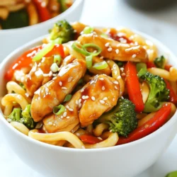 To make Teriyaki Chicken Udon Stir Fry, you need these key items: - 200g udon noodles - 300g chicken breast, thinly sliced - 1 tablespoon vegetable oil - 1 red bell pepper, sliced - 1 cup broccoli florets - 2 spring onions, chopped - 2 tablespoons teriyaki sauce - 1 tablespoon soy sauce - 1 teaspoon sesame oil - 1 teaspoon grated ginger - 2 cloves garlic, minced - Sesame seeds for garnish You can make your dish more vibrant with these garnishes: - Chopped cilantro - Thinly sliced red chili - Lime wedges If you need to change any ingredients, here are some ideas: - Use tofu instead of chicken for a vegetarian option. - Swap broccoli with snap peas or zucchini. - Replace teriyaki sauce with hoisin sauce for a different flavor. {{ingredient_image_1}} To start, take a pot and bring water to a boil. Add 200g of udon noodles and cook them according to the package instructions. This usually takes about 3 to 4 minutes. Once they are done, drain the noodles and set them aside. Make sure not to overcook them. You want them firm and ready to soak up all the flavors. Next, grab a large pan or wok. Heat 1 tablespoon of vegetable oil over medium-high heat. Add 300g of thinly sliced chicken breast. Cook for 5 to 7 minutes, stirring often. You want the chicken to turn golden brown and be cooked through. When done, take it out of the pan and set it aside. This step is key for juicy chicken in your stir fry. In the same pan, it's time for the veggies. Add 1 sliced red bell pepper and 1 cup of broccoli florets. Toss in 1 teaspoon of grated ginger and 2 minced garlic cloves. Stir-fry this mixture for 3 to 4 minutes. You want the vegetables to stay bright and slightly crisp. This adds a nice crunch to your dish. Now, return the cooked chicken to the pan. Add the udon noodles you set aside earlier. Pour in 2 tablespoons of teriyaki sauce, 1 tablespoon of soy sauce, and 1 teaspoon of sesame oil. Toss everything together for 2 to 3 minutes. This helps the noodles soak up the sauce and flavors. When everything is heated through, take the pan off the heat. Sprinkle chopped spring onions and sesame seeds on top. Mix gently before serving. For a nice touch, serve the stir fry in bowls. Add more sesame seeds and spring onions for a colorful finish. Enjoy your flavorful and easy meal! To cook udon noodles well, start with boiling water. Make sure it is bubbling. Add the noodles and stir them gently. This helps prevent sticking. Cook according to the package. Usually, it takes about 6-8 minutes. Once cooked, drain and rinse with cold water. This stops the cooking process and keeps them firm. For tender chicken, use thin slices of breast. This helps it cook faster and stay juicy. Heat your pan before adding the oil. A hot pan sears the chicken well. Cook the chicken for about 5-7 minutes. Don't move it too much while it cooks. Letting it brown creates a nice texture. When stir-frying vegetables, cut them evenly. This ensures they cook at the same rate. Start with harder veggies like broccoli. Add them first and let them cook for a minute or two. Then, add softer ones like bell peppers. Stir frequently to keep them crisp. You want tender but still crunchy veggies. To boost flavor, use a mix of teriyaki and soy sauce. This gives a rich taste. Adding sesame oil brings a nice nutty hint. For more depth, include grated ginger and minced garlic. Toss everything together in the pan at the end. This helps all the flavors blend well. Pro Tips Prep Your Ingredients: Before you start cooking, have all your ingredients prepped and ready to go. This ensures a smooth cooking process and prevents overcooking the vegetables. Use High Heat: For stir-frying, make sure your pan is hot enough. This helps to cook the chicken and vegetables quickly, preserving their texture and flavor. Customize Your Veggies: Feel free to add other vegetables like snap peas or carrots for added color and nutrition. Just make sure to adjust cooking times accordingly. Flavor Boost: For extra flavor, marinate the chicken in some teriyaki sauce for 15-30 minutes before cooking. This enhances the overall taste of your dish. {{image_2}} You can switch the chicken for tofu or shrimp. Tofu gives a nice, soft texture. It absorbs flavors well and is a great choice for vegetarians. Just cube it and fry until golden. Shrimp is quick to cook and adds a sweet taste. Use peeled and deveined shrimp. Cook them for about 2-3 minutes until pink. Both options keep the dish tasty and fun. Feel free to mix in other vegetables. Carrots, snap peas, or mushrooms work great. They add color and crunch. You can even add bok choy for a unique twist. Just make sure to cut them into small pieces. This way, they cook evenly and soak up the sauce well. The more veggies, the healthier and more vibrant your dish becomes! If you are gluten-free, use rice noodles instead of udon. They taste great and keep the meal light. For a low-carb choice, spiralized zucchini can be fun. It mimics noodle shapes and adds nutrients. Just sauté them lightly to keep them crunchy. These options ensure that everyone can enjoy teriyaki chicken udon stir fry! You can store leftover Teriyaki Chicken Udon Stir Fry in an airtight container. Make sure to let the dish cool down first. Place it in the fridge for up to three days. This keeps the flavors fresh and the chicken safe to eat. To reheat, use a microwave or a pan on the stove. If using a microwave, place the stir fry in a bowl with a splash of water. Cover it and heat for about one to two minutes. Stir halfway to warm it evenly. If using a pan, add a little oil over medium heat. Stir until hot, about three to five minutes. You can freeze this dish for longer storage. Place the cooled stir fry in a freezer-safe container. Make sure to leave some space for expansion. It can stay in the freezer for up to three months. To eat, thaw it overnight in the fridge and reheat as mentioned above. Teriyaki sauce is a sweet and savory sauce from Japan. It combines soy sauce, sugar, and mirin. You can find many versions with added ginger or garlic. This sauce gives your dish a rich flavor and a shiny glaze. When you pour it over your stir-fry, it makes everything taste amazing. Yes, you can easily make this dish vegetarian. Just swap the chicken for tofu or seitan. You can also add more veggies like mushrooms or zucchini. Use the same teriyaki sauce to keep the flavors. This way, you still get a tasty, filling meal without meat. To check if the chicken is cooked, look for a few signs. The chicken should be golden brown and firm to touch. The juices should run clear, not pink. If you have a meat thermometer, the inside should reach 165°F (75°C). Always cut into the thickest part to check. Yes, you can use different noodles if you like. Rice noodles or soba noodles work well too. Just make sure to cook them according to the package. Each noodle type will change the dish's texture a bit. Experiment to find your favorite! Teriyaki Chicken Udon Stir Fry is not very spicy. The main flavors come from the teriyaki sauce and garlic. If you want some heat, you can add chili flakes or sriracha. Adjust it to your taste for a kick! This blog post covered essential ingredients for Teriyaki Chicken Udon Stir Fry. I shared how to cook udon noodles, prepare chicken, and sauté vegetables. You also learned tips for the best taste and ways to make delicious variations. Storing and reheating leftovers was also explained. In the end, cooking is fun and simple! Try different flavors and ingredients. Enjoy your tasty dish!