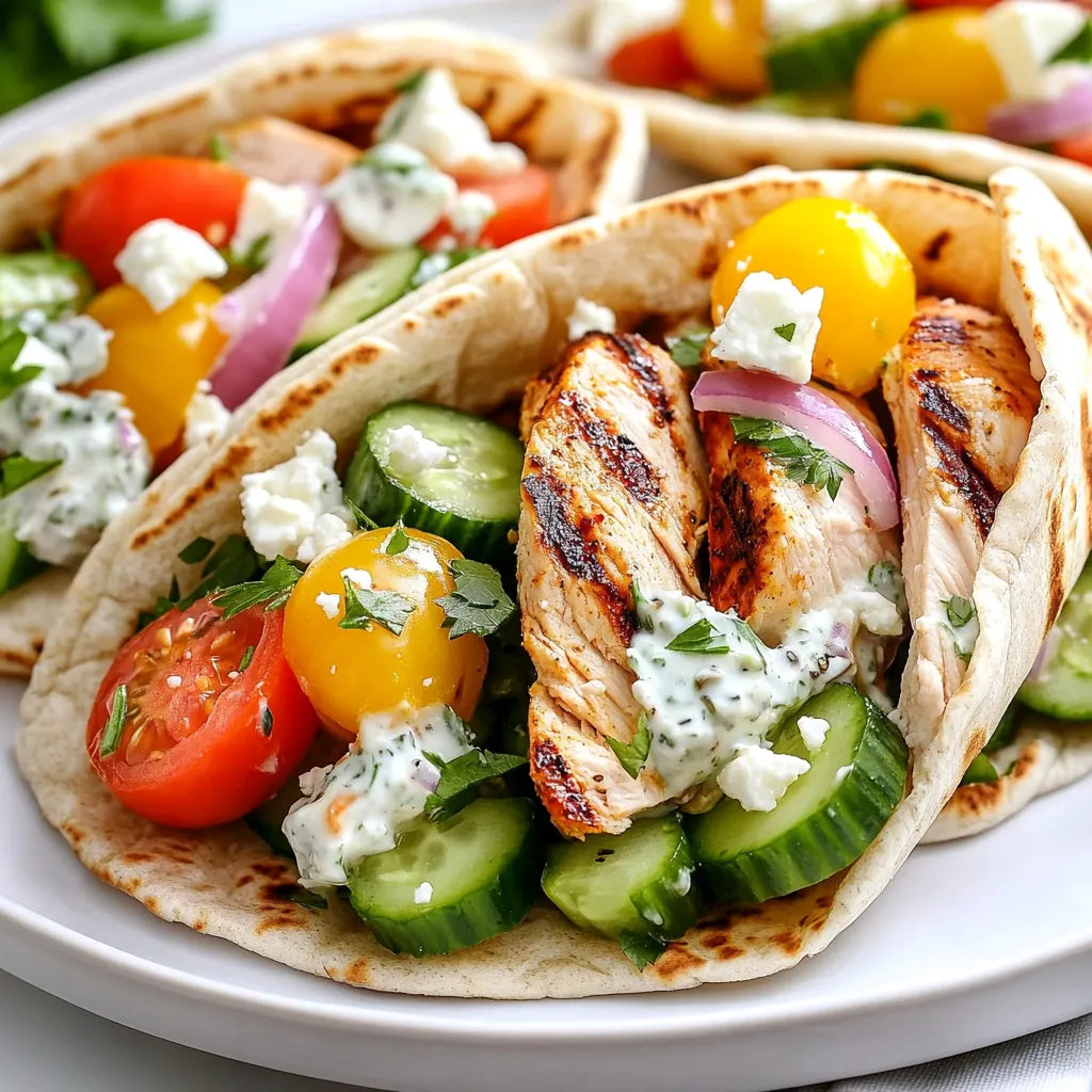 - 2 boneless, skinless chicken breasts - 4 whole wheat pitas - 1 cup Greek yogurt - 1 tablespoon lemon juice - 1/2 cup feta cheese The main ingredients in this recipe are simple yet full of flavor. Chicken breasts are lean and easy to cook. Whole wheat pitas add a healthy touch. Greek yogurt serves as a creamy base. The lemon juice adds brightness, while feta cheese gives a nice salty kick. - 1 tablespoon olive oil - 2 teaspoons dried oregano - 1 teaspoon garlic powder - Salt and pepper to taste - 1 cup cherry tomatoes, halved - 1 cucumber, diced - 1/2 red onion, thinly sliced Seasonings make the chicken shine. Olive oil helps the spices stick. Dried oregano and garlic powder add classic Greek flavors. Salt and pepper bring everything together. The veggies add color and crunch. Cherry tomatoes, cucumber, and red onion balance the dish well. - 1/4 cup fresh parsley, chopped Fresh parsley rounds out the dish. It adds a pop of green and freshness. You can sprinkle it on top just before serving. This makes the meal even more inviting. Enjoy the mix of flavors in each bite! {{ingredient_image_1}} 1. Preheating the grill or grill pan Start by preheating your grill or grill pan to medium-high heat. This helps cook the chicken evenly and gives it nice grill marks. 2. Marinating the chicken In a small bowl, mix together 1 tablespoon of olive oil, 2 teaspoons of dried oregano, 1 teaspoon of garlic powder, and salt and pepper to taste. Coat the chicken breasts with this marinade and let them sit for about 15 minutes. This adds flavor and keeps the chicken juicy. 1. Grilling the chicken Place the marinated chicken on the hot grill. Cook for about 6-8 minutes on each side. Check that the chicken reaches 165°F inside. Once done, remove it from the grill and let it rest for 5 minutes. 2. Preparing the tzatziki sauce While the chicken rests, make the tzatziki sauce. In a small bowl, mix 1 cup of Greek yogurt, 1 tablespoon of lemon juice, and a pinch of salt. Stir well and set it aside. This creamy sauce adds cool flavor to the pitas. 1. Slicing the chicken After resting, slice the grilled chicken into thin strips. This makes it easier to fill the pitas. 2. Filling the pitas with ingredients Warm the pitas on the grill for 1-2 minutes. Open each pita pocket and stuff it with sliced chicken, halved cherry tomatoes, diced cucumber, thinly sliced red onion, a drizzle of tzatziki sauce, crumbled feta cheese, and chopped parsley. Serve them right away for a fresh and tasty meal. To ensure the chicken is cooked properly, use a meat thermometer. The ideal internal temperature is 165°F (75°C). Insert the thermometer into the thickest part of the chicken. This helps avoid dry chicken and keeps it juicy. For the best grill marks, preheat your grill or grill pan. A hot grill creates nice sear lines. After placing the chicken on the grill, avoid moving it for at least three minutes. Then, flip it to get those perfect lines. To enhance your tzatziki sauce, add minced garlic or fresh dill. Garlic adds a nice kick, while dill gives a fresh flavor. Both options can elevate your dish. If you want a different taste, try Greek yogurt alternatives. You can use plain yogurt or even sour cream. Each option gives a unique flavor to the sauce. Pair your Greek Chicken Stuffed Pitas with a fresh salad. A simple cucumber and tomato salad works great. You can also serve it with roasted veggies for a hearty side. For drinks, I recommend a light white wine or sparkling water with lemon. These beverages complement the flavors and keep your meal refreshing. Pro Tips Marinate for Flavor: Allow the chicken to marinate for at least 30 minutes for a deeper flavor infusion. Perfectly Grilled Chicken: Use a meat thermometer to ensure your chicken is cooked to the perfect internal temperature of 165°F (75°C). Fresh Ingredients: Use ripe, in-season tomatoes and cucumbers for the best flavor and texture in your stuffed pitas. Customize Your Toppings: Feel free to add other toppings like olives, bell peppers, or avocado for a personalized twist on this recipe. {{image_2}} You can switch the chicken for turkey or tofu. Turkey has a mild taste and cooks well on the grill. Tofu is a great choice for those wanting a plant-based option. Just press and marinate it like chicken. You can grill or bake both options. Grilling adds nice char and flavor. Baking is easy and keeps the meat juicy. For a vegetarian twist, use grilled vegetables and halloumi. Zucchini, bell peppers, and eggplant work great. Halloumi adds a salty, creamy taste. You can also try different dressings or sauces. Tahini or spicy yogurt can make the dish exciting. These alternatives keep the meal fresh and tasty. Want a kick? Add jalapeños or use spicy yogurt. You can slice jalapeños and mix them in. Spicy yogurt can be made by mixing plain yogurt with spices. Don't forget to experiment with herbs, too. Fresh dill or mint can elevate the flavors. These adjustments make your stuffed pitas unique and fun. To store leftovers in the fridge, place the stuffed pitas in an airtight container. Make sure they cool down first. Store them for up to three days. For best results, eat them within two days. When reheating, take out the filling. Warm the pitas separately in a pan or microwave. This keeps them soft. Heat the filling in the microwave or on the stove until hot. This method helps keep the flavors fresh. Freezing stuffed pitas is easy. Wrap each pita tightly in plastic wrap. Then, place them in a freezer bag. They can last up to three months in the freezer. When you want to eat them, take the pitas out and let them thaw overnight in the fridge. Reheat them in the oven or skillet for the best texture. Avoid the microwave, as it can make them soggy. The chicken and pitas will last in the fridge for about three days. After that, they may spoil. Watch for signs like a bad smell or a change in color. If the chicken looks slimy or the pitas feel hard, it’s time to throw them out. Always use your best judgment to ensure food safety. To keep your chicken juicy, marinate it well. I use a mix of olive oil, oregano, garlic powder, salt, and pepper. Let the chicken sit in the marinade for 15 minutes. This helps the flavors soak in. When grilling, cook it at medium-high heat for 6-8 minutes on each side. Check that the internal temperature hits 165°F (75°C). After grilling, let the chicken rest for 5 minutes. This step allows the juices to settle, making each bite tender. Yes, you can prepare Greek Chicken Stuffed Pitas ahead of time. Cook the chicken and let it cool before storing it in the fridge. You can also make the tzatziki sauce the day before. Store it in an airtight container. For the pitas, keep them separate until you’re ready to serve. This way, they won’t get soggy. When it's time to eat, warm the pitas and assemble your meal. Greek Chicken Stuffed Pitas pair well with many side dishes. Consider a fresh Greek salad with cucumbers, tomatoes, and olives. You could also serve roasted vegetables, like zucchini and bell peppers, for added flavor. For a nice crunch, try serving with potato wedges or oven-baked fries. A light lemon or herb dressing can brighten up the meal, making it even more enjoyable. In this article, we explored the key ingredients for Greek chicken stuffed pitas, like chicken and whole wheat pitas. We also covered cooking steps, seasoning tips, and tasty variations. By trying these recipes and tips, you can create a delicious meal that suits your taste. Keep it simple, enjoy the process, and share the flavors with family and friends. Happy cooking!