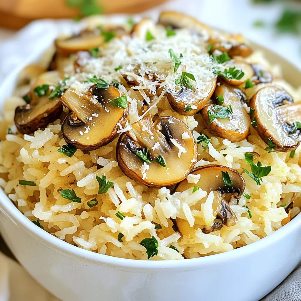 - 1 cup jasmine or basmati rice - 2 cups vegetable or chicken broth - 2 tablespoons unsalted butter - 3 cloves garlic, minced - 1 cup mushrooms, sliced - 1 small onion, finely chopped - 1/4 cup grated Parmesan cheese (optional) - 1 tablespoon fresh parsley, chopped - Salt and pepper to taste To make garlic butter mushroom rice, you need key ingredients. Start with rice as the base. Jasmine or basmati rice works well for this dish. Broth adds flavor, so choose vegetable or chicken broth. Butter brings richness, while garlic adds a nice kick. Fresh mushrooms give texture. I prefer cremini or button mushrooms for their taste. A small onion helps build the base flavor. If you like cheese, Parmesan adds creaminess. Finally, parsley gives a fresh touch. Gather all these items, and you're ready to create a dish full of flavor. This garlic butter mushroom rice is easy and quick to prepare. You will love how these simple ingredients come together. {{ingredient_image_1}} 1. Rinse the rice: Start by rinsing the rice in cold water. This removes excess starch. Continue rinsing until the water runs clear. Then, drain the rice well. 2. Cook the rice in broth: In a medium pot, bring 2 cups of vegetable or chicken broth to a boil. Once boiling, add the rinsed rice. Cover the pot, reduce the heat to low, and cook for 15-20 minutes. The rice will soak up the broth and become tender. When done, let it sit for 5 minutes without lifting the lid. 1. Sauté the onion: In a large skillet, melt 2 tablespoons of unsalted butter over medium heat. Add the finely chopped onion. Sauté the onion for about 2-3 minutes until it becomes soft and translucent. 2. Add garlic and mushrooms: Next, stir in 3 cloves of minced garlic and 1 cup of sliced mushrooms. Cook this mixture for about 5-7 minutes. Stir often until the mushrooms turn golden brown and tender. 1. Fluff the rice: After the rice has rested, use a fork to fluff it gently. This keeps the grains separate and light. 2. Mix all ingredients in the skillet: Carefully add the fluffed rice to the skillet with the mushroom mixture. Stir well to combine all the flavors. 3. Final seasoning and heating: If you like, mix in 1/4 cup of grated Parmesan cheese and 1 tablespoon of chopped fresh parsley. Season with salt and pepper to taste. Cook for an additional 2-3 minutes to heat everything through. Enjoy your garlic butter mushroom rice! Choosing the right rice For this dish, I love using jasmine or basmati rice. Both have a nice aroma and fluffy texture. Jasmine rice is soft and slightly sticky. Basmati rice is long and fluffy. Both work well with garlic and mushrooms. Proper sautéing technique Sautéing the onion first helps build flavor. Use medium heat and let the onion cook until soft and clear. Then add garlic and mushrooms. Stir often, letting the mushrooms get golden brown. This adds depth to the dish. Adding herbs and spices Fresh herbs elevate the taste. I recommend adding parsley for freshness. You can also try thyme or rosemary for a twist. A pinch of red pepper flakes can add heat if you like spice. Suggestions for extra toppings For a richer flavor, sprinkle more Parmesan cheese on top before serving. You can also add toasted nuts for crunch. Lemon wedges on the side add a bright, zesty touch. These small changes make each bite special. Pro Tips Use Broth for Extra Flavor: Cooking the rice in vegetable or chicken broth instead of water enhances the flavor significantly. Don't Skip Rinsing the Rice: Rinsing the rice removes excess starch and helps to prevent it from becoming gummy. Cook Mushrooms Until Golden: Ensure you cook the mushrooms until they are golden brown for a richer flavor and better texture. Add a Zesty Touch: Serving with lemon wedges can brighten the flavors and add a refreshing twist to the dish. {{image_2}} You can change up this dish by swapping ingredients. If you want more veggies, try adding spinach or bell peppers. For a protein boost, add cooked chicken or shrimp. These changes give you new flavors and textures. For cheese lovers, there are many options. You can use feta or goat cheese instead of Parmesan. Both add a different taste and creaminess. Try mixing in a bit of cheddar for a sharp kick. These swaps make it fun to experiment. You can make garlic butter mushroom rice in different ways. An Instant Pot is great for a quick meal. Just add all ingredients and set it on rice mode. It cooks fast and saves time. If you prefer a rice cooker, that works too. Just follow the same steps as on the stove. The rice cooker will do the magic for you. For a unique twist, try oven-baking this dish. Combine all ingredients in a baking dish, cover with foil, and bake at 350°F for about 30 minutes. This method makes the rice fluffy and adds a nice texture. To keep your garlic butter mushroom rice fresh, follow these best practices: - Cool it first: Let the rice cool to room temperature before storing. - Use an airtight container: This helps prevent moisture and keeps the flavors intact. - Label the container: Write the date on it to track freshness. A glass or plastic container with a tight lid works well. Make sure it is clean and dry before adding the rice. When it's time to enjoy your leftovers, you have two main options: - Microwave: Place the rice in a microwave-safe bowl. Add a splash of broth or water. Cover it loosely and heat in short bursts. Stir in between to ensure even heating. - Stovetop: Heat a pan over low heat. Add the rice and a little broth or water. Stir gently until warmed through. This method helps maintain the texture of the rice. Both methods work, but the stovetop can keep the rice from getting too dry. Always check the temperature to make sure it's hot all the way through. How long should I cook the rice? You should cook the rice for about 15 to 20 minutes. Start by bringing the broth to a boil. Then, add the rinsed rice, cover, and reduce the heat. This way, the rice absorbs the flavors and becomes tender. Let it sit for 5 minutes after cooking to finish. Can I make this dish vegan? Yes, you can easily make this dish vegan! Simply swap the unsalted butter for a plant-based butter. Use vegetable broth instead of chicken broth. You can also skip the Parmesan cheese or use a vegan cheese alternative. What side dishes pair well with garlic butter mushroom rice? This rice dish goes well with many sides. Try serving it with a fresh salad or steamed veggies. Grilled chicken or fish also complements the flavors nicely. You can even serve it with a hearty soup for a complete meal. This recipe for garlic butter mushroom rice combines simple ingredients and easy steps. You learned how to prepare the rice, cook the mushroom mixture, and combine them for great flavor. I shared tips for cooking and storage so you can enjoy it later. Feel free to experiment with variations and substitutions to suit your taste. Cooking should be fun and flexible. Try this dish, and make it your own!