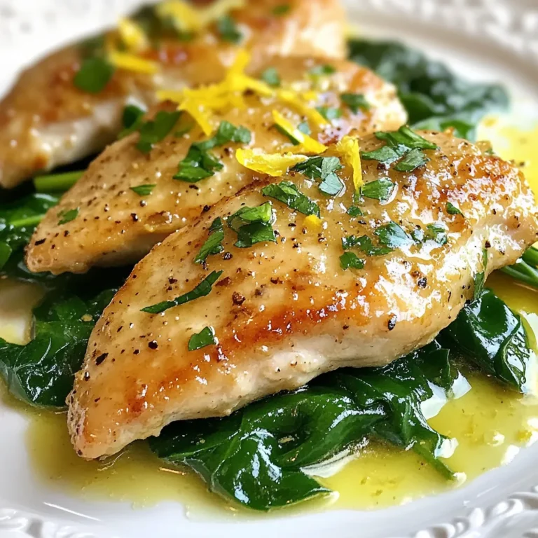 - 4 boneless, skinless chicken breasts - 2 tablespoons olive oil - 4 cloves garlic, minced - Zest of 1 lemon - Juice of 2 lemons - 1 teaspoon dried oregano - 1 teaspoon paprika - Salt and pepper to taste - 1 cup chicken broth - 2 cups baby spinach - Fresh parsley for garnish When making Lemon Garlic Chicken Skillet, gather these main ingredients first. Chicken is the star, and using boneless, skinless breasts makes it quick to cook. Olive oil adds flavor and helps with browning. Fresh garlic gives a punch to the dish. Lemon's zest and juice bring brightness and acidity. The spices, dried oregano and paprika, enhance the chicken's taste. You can adjust salt and pepper to fit your liking. Chicken broth adds moisture and depth to the sauce. Baby spinach not only adds color but also nutrients. Finally, fresh parsley serves as a lovely garnish. - Alternatives for Chicken You can use chicken thighs if you prefer dark meat. Tofu or tempeh works well for a plant-based option. - Olive Oil Variants Avocado oil is a great high-heat substitute. Grapeseed oil offers a mild flavor. - Garlic Substitutes Garlic powder can replace fresh garlic in a pinch. Shallots give a nice onion flavor if you need an option. - Skillet A large skillet is best for this dish. It helps cook the chicken evenly. - Measuring Tools Use measuring spoons and cups for accuracy. This ensures your dish remains balanced in flavor. - Cooking Utensils A spatula or tongs will help you flip the chicken. A good knife and cutting board are needed for chopping garlic and herbs. {{ingredient_image_1}} Preparing the Chicken Start with four boneless, skinless chicken breasts. Rinse them under cold water. Pat them dry with a paper towel. This helps the seasoning stick better. Seasoning the Chicken Next, sprinkle salt, pepper, paprika, and dried oregano on both sides of the chicken. Use your hands to rub the spices in well. This adds great flavor to the chicken. Heating the Skillet Grab a large skillet and pour in two tablespoons of olive oil. Turn the heat to medium-high. Let the oil heat up until it shimmers. This step is key for browning the chicken nicely. Browning the Chicken Carefully add the seasoned chicken to the hot skillet. Cook each side for 6-7 minutes. Look for a golden brown color. This shows the chicken is cooking well. Once done, remove the chicken and set it aside. Making the Sauce In the same skillet, add four minced garlic cloves. Sauté them for about 30 seconds. You want to smell that garlic! Next, pour in the lemon zest, juice from two lemons, and one cup of chicken broth. Scrape the brown bits from the bottom. This adds rich flavor. Bring this mix to a simmer. Adding Spinach Return the chicken to the skillet. Lower the heat. Then, toss in two cups of baby spinach. Cover the skillet and cook for about five minutes. The spinach will wilt and soak up the sauce. Adjusting Seasoning Finally, taste the sauce. If it needs more flavor, adjust the seasoning with salt and pepper. This step makes sure your dish tastes just right. - Ensuring Juiciness To keep your chicken juicy, do not overcook it. Cook each side for about 6-7 minutes. Use a meat thermometer to check for doneness; it should read 165°F. Let the cooked chicken rest for a few minutes before cutting. This helps keep the juices inside. - Avoiding Overcooking Overcooking can make the chicken dry. Keep an eye on the cooking time. If you notice the chicken browning too fast, lower the heat. Always remove the chicken from heat as soon as it is cooked through. - Adding Herbs Fresh herbs can boost flavor. Try adding thyme or rosemary for extra depth. You can toss them in during the last few minutes of cooking. This will let their flavor shine without overpowering the dish. - Citrus Variations Want a twist? Use lime or orange juice instead of lemon. Each citrus brings a new taste. You can mix and match to find your favorite flavor profile. - Complementary Side Dishes Serve your chicken with roasted vegetables or fluffy quinoa. These sides balance the dish well. You could also try a green salad for freshness and crunch. - Garnishing Ideas Top your chicken with fresh parsley for a pop of color. Lemon slices can add visual appeal too. A sprinkle of zest over the dish can brighten the flavors further. Pro Tips Don't Overcook the Chicken: Keep an eye on the chicken while cooking to ensure it remains juicy. Use a meat thermometer; the internal temperature should reach 165°F (75°C). Fresh Lemon Juice: For the best flavor, use fresh lemon juice instead of bottled. The freshness will enhance the dish's overall taste. Customize the Greens: Feel free to substitute baby spinach with other greens like kale or Swiss chard for a different texture and flavor. Enhance the Flavor: Add a splash of white wine to the skillet after sautéing the garlic for an extra depth of flavor in the sauce. {{image_2}} You can easily switch things up in the Lemon Garlic Chicken Skillet. Here are a couple of tasty ideas: - Lemon Garlic Chicken Thighs: Use chicken thighs instead of breasts. Thighs stay juicy and add a richer flavor. Season and cook just like the breasts for a delightful twist. - Grilled Lemon Garlic Chicken: Marinate the chicken in lemon juice, garlic, and herbs. Grill it for a smoky flavor. This method adds a fun char that pairs well with the bright sauce. If you have specific dietary needs, you can adapt this dish easily. - Gluten-Free Options: Make sure to use gluten-free chicken broth. The rest of the ingredients are naturally gluten-free. This dish can fit into a gluten-free diet without any hassle. - Low-Carb Variations: To cut carbs, skip the chicken broth. Instead, use a bit of water. You can also add more spinach or other low-carb veggies for volume and nutrition. Want to travel the world with your taste buds? Try these fun twists! - Mediterranean Inspired: Add olives, feta cheese, and artichokes to the skillet. These ingredients will give a unique Mediterranean flair that enhances the chicken's flavor. - Asian Fusion: Swap the lemon for lime and add soy sauce. Include some ginger and sesame oil to the mix. This Asian twist will create a whole new flavor profile that is delicious and exciting. Store your lemon garlic chicken in an airtight container. This keeps it fresh. It stays good for about 3-4 days in the fridge. Always let it cool before sealing. This helps prevent moisture buildup. To freeze, place the cooled chicken in a freezer bag. Squeeze out the air before sealing. It can last up to 3 months in the freezer. Label the bag with the date for easy tracking. Thaw the chicken in the fridge overnight. This keeps it safe and tasty. You can also use the microwave for a quick thaw. Just use a low power setting to avoid cooking it. Reheat chicken in a skillet over low heat. Add a splash of chicken broth to keep it moist. You can also use the microwave for quick reheating. Cover it to hold in the steam. This helps maintain the flavor and texture. What can I substitute for chicken broth? You can use vegetable broth or water. Both options work well in this dish. If you want more flavor, try adding some herbs or spices to the water. Can I make this recipe ahead of time? Yes, you can prepare the chicken and sauce ahead of time. Store them in the fridge for up to two days. When ready, just reheat and add spinach. How do I know the chicken is cooked through? Use a meat thermometer. Chicken should reach 165°F (75°C) inside. If you don't have one, cut into the thickest part to check for pinkness. Can I use a grill instead of a skillet? Absolutely! Grilling adds a nice smoky flavor. Cook the chicken on medium heat for about 6-7 minutes per side. How can I adjust this recipe for a slow cooker? Season and sear the chicken first. Then, add it to the slow cooker with garlic, broth, and lemon. Cook on low for 4-5 hours. Can I use other vegetables? Yes! Broccoli or bell peppers work great. Feel free to add any veggies you like. Just make sure they cook well with the chicken. Is it necessary to use fresh garlic? Fresh garlic gives a better taste. But if you have garlic powder, you can use that too. About 1 teaspoon of powder equals 1 clove of fresh garlic. This blog post walks you through making a tasty chicken dish. We covered key ingredients, useful substitutes, and essential cooking tools. I shared step-by-step instructions to ensure perfect results every time. You learned tips for juiciness and flavor, along with exciting recipe variations. Lastly, I provided storage and reheating info to keep meals fresh. Cooking doesn’t have to be hard. With the right knowledge and practice, you can create delicious meals easily. Enjoy your cooking journey!