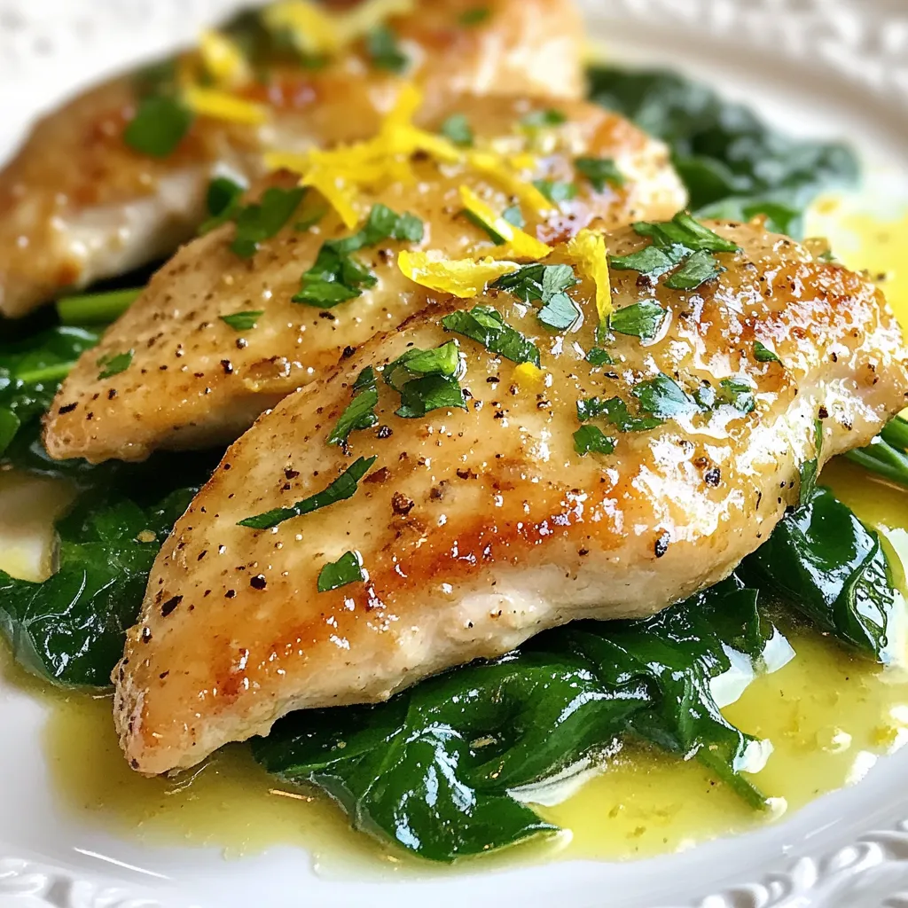 - 4 boneless, skinless chicken breasts - 2 tablespoons olive oil - 4 cloves garlic, minced - Zest of 1 lemon - Juice of 2 lemons - 1 teaspoon dried oregano - 1 teaspoon paprika - Salt and pepper to taste - 1 cup chicken broth - 2 cups baby spinach - Fresh parsley for garnish When making Lemon Garlic Chicken Skillet, gather these main ingredients first. Chicken is the star, and using boneless, skinless breasts makes it quick to cook. Olive oil adds flavor and helps with browning. Fresh garlic gives a punch to the dish. Lemon's zest and juice bring brightness and acidity. The spices, dried oregano and paprika, enhance the chicken's taste. You can adjust salt and pepper to fit your liking. Chicken broth adds moisture and depth to the sauce. Baby spinach not only adds color but also nutrients. Finally, fresh parsley serves as a lovely garnish. - Alternatives for Chicken You can use chicken thighs if you prefer dark meat. Tofu or tempeh works well for a plant-based option. - Olive Oil Variants Avocado oil is a great high-heat substitute. Grapeseed oil offers a mild flavor. - Garlic Substitutes Garlic powder can replace fresh garlic in a pinch. Shallots give a nice onion flavor if you need an option. - Skillet A large skillet is best for this dish. It helps cook the chicken evenly. - Measuring Tools Use measuring spoons and cups for accuracy. This ensures your dish remains balanced in flavor. - Cooking Utensils A spatula or tongs will help you flip the chicken. A good knife and cutting board are needed for chopping garlic and herbs. {{ingredient_image_1}} Preparing the Chicken Start with four boneless, skinless chicken breasts. Rinse them under cold water. Pat them dry with a paper towel. This helps the seasoning stick better. Seasoning the Chicken Next, sprinkle salt, pepper, paprika, and dried oregano on both sides of the chicken. Use your hands to rub the spices in well. This adds great flavor to the chicken. Heating the Skillet Grab a large skillet and pour in two tablespoons of olive oil. Turn the heat to medium-high. Let the oil heat up until it shimmers. This step is key for browning the chicken nicely. Browning the Chicken Carefully add the seasoned chicken to the hot skillet. Cook each side for 6-7 minutes. Look for a golden brown color. This shows the chicken is cooking well. Once done, remove the chicken and set it aside. Making the Sauce In the same skillet, add four minced garlic cloves. Sauté them for about 30 seconds. You want to smell that garlic! Next, pour in the lemon zest, juice from two lemons, and one cup of chicken broth. Scrape the brown bits from the bottom. This adds rich flavor. Bring this mix to a simmer. Adding Spinach Return the chicken to the skillet. Lower the heat. Then, toss in two cups of baby spinach. Cover the skillet and cook for about five minutes. The spinach will wilt and soak up the sauce. Adjusting Seasoning Finally, taste the sauce. If it needs more flavor, adjust the seasoning with salt and pepper. This step makes sure your dish tastes just right. - Ensuring Juiciness To keep your chicken juicy, do not overcook it. Cook each side for about 6-7 minutes. Use a meat thermometer to check for doneness; it should read 165°F. Let the cooked chicken rest for a few minutes before cutting. This helps keep the juices inside. - Avoiding Overcooking Overcooking can make the chicken dry. Keep an eye on the cooking time. If you notice the chicken browning too fast, lower the heat. Always remove the chicken from heat as soon as it is cooked through. - Adding Herbs Fresh herbs can boost flavor. Try adding thyme or rosemary for extra depth. You can toss them in during the last few minutes of cooking. This will let their flavor shine without overpowering the dish. - Citrus Variations Want a twist? Use lime or orange juice instead of lemon. Each citrus brings a new taste. You can mix and match to find your favorite flavor profile. - Complementary Side Dishes Serve your chicken with roasted vegetables or fluffy quinoa. These sides balance the dish well. You could also try a green salad for freshness and crunch. - Garnishing Ideas Top your chicken with fresh parsley for a pop of color. Lemon slices can add visual appeal too. A sprinkle of zest over the dish can brighten the flavors further. Pro Tips Don't Overcook the Chicken: Keep an eye on the chicken while cooking to ensure it remains juicy. Use a meat thermometer; the internal temperature should reach 165°F (75°C). Fresh Lemon Juice: For the best flavor, use fresh lemon juice instead of bottled. The freshness will enhance the dish's overall taste. Customize the Greens: Feel free to substitute baby spinach with other greens like kale or Swiss chard for a different texture and flavor. Enhance the Flavor: Add a splash of white wine to the skillet after sautéing the garlic for an extra depth of flavor in the sauce. {{image_2}} You can easily switch things up in the Lemon Garlic Chicken Skillet. Here are a couple of tasty ideas: - Lemon Garlic Chicken Thighs: Use chicken thighs instead of breasts. Thighs stay juicy and add a richer flavor. Season and cook just like the breasts for a delightful twist. - Grilled Lemon Garlic Chicken: Marinate the chicken in lemon juice, garlic, and herbs. Grill it for a smoky flavor. This method adds a fun char that pairs well with the bright sauce. If you have specific dietary needs, you can adapt this dish easily. - Gluten-Free Options: Make sure to use gluten-free chicken broth. The rest of the ingredients are naturally gluten-free. This dish can fit into a gluten-free diet without any hassle. - Low-Carb Variations: To cut carbs, skip the chicken broth. Instead, use a bit of water. You can also add more spinach or other low-carb veggies for volume and nutrition. Want to travel the world with your taste buds? Try these fun twists! - Mediterranean Inspired: Add olives, feta cheese, and artichokes to the skillet. These ingredients will give a unique Mediterranean flair that enhances the chicken's flavor. - Asian Fusion: Swap the lemon for lime and add soy sauce. Include some ginger and sesame oil to the mix. This Asian twist will create a whole new flavor profile that is delicious and exciting. Store your lemon garlic chicken in an airtight container. This keeps it fresh. It stays good for about 3-4 days in the fridge. Always let it cool before sealing. This helps prevent moisture buildup. To freeze, place the cooled chicken in a freezer bag. Squeeze out the air before sealing. It can last up to 3 months in the freezer. Label the bag with the date for easy tracking. Thaw the chicken in the fridge overnight. This keeps it safe and tasty. You can also use the microwave for a quick thaw. Just use a low power setting to avoid cooking it. Reheat chicken in a skillet over low heat. Add a splash of chicken broth to keep it moist. You can also use the microwave for quick reheating. Cover it to hold in the steam. This helps maintain the flavor and texture. What can I substitute for chicken broth? You can use vegetable broth or water. Both options work well in this dish. If you want more flavor, try adding some herbs or spices to the water. Can I make this recipe ahead of time? Yes, you can prepare the chicken and sauce ahead of time. Store them in the fridge for up to two days. When ready, just reheat and add spinach. How do I know the chicken is cooked through? Use a meat thermometer. Chicken should reach 165°F (75°C) inside. If you don't have one, cut into the thickest part to check for pinkness. Can I use a grill instead of a skillet? Absolutely! Grilling adds a nice smoky flavor. Cook the chicken on medium heat for about 6-7 minutes per side. How can I adjust this recipe for a slow cooker? Season and sear the chicken first. Then, add it to the slow cooker with garlic, broth, and lemon. Cook on low for 4-5 hours. Can I use other vegetables? Yes! Broccoli or bell peppers work great. Feel free to add any veggies you like. Just make sure they cook well with the chicken. Is it necessary to use fresh garlic? Fresh garlic gives a better taste. But if you have garlic powder, you can use that too. About 1 teaspoon of powder equals 1 clove of fresh garlic. This blog post walks you through making a tasty chicken dish. We covered key ingredients, useful substitutes, and essential cooking tools. I shared step-by-step instructions to ensure perfect results every time. You learned tips for juiciness and flavor, along with exciting recipe variations. Lastly, I provided storage and reheating info to keep meals fresh. Cooking doesn’t have to be hard. With the right knowledge and practice, you can create delicious meals easily. Enjoy your cooking journey!