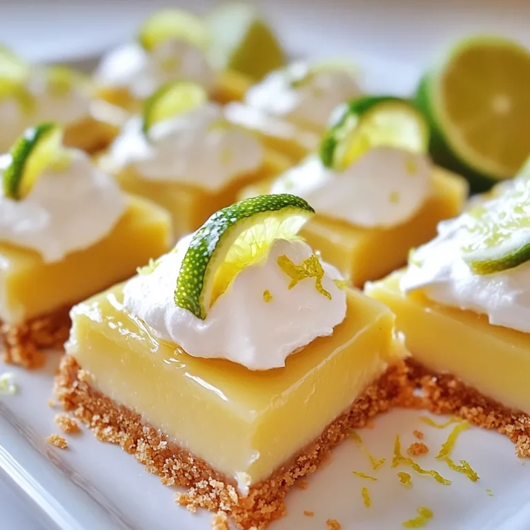 - 1 ½ cups graham cracker crumbs - ½ cup unsweetened shredded coconut - ½ cup unsalted butter, melted - ¼ cup sugar - 2 large eggs - 1 can (14 oz) sweetened condensed milk - ⅓ cup fresh key lime juice (or regular lime juice) - Zest of 2 key limes - Whipped cream for topping (optional) - Lime slices and extra zest for garnish - Prep Time: 20 minutes - Total Time: 2 hours 30 minutes This recipe makes 16 delicious bars. Each bar is a perfect bite of zesty flavor. You can share them with friends or enjoy them all yourself. They are great for parties or a cozy dessert at home. {{ingredient_image_1}} First, you need to preheat your oven to 350°F (175°C). This step is key for baking. In a large mixing bowl, add these ingredients: - 1 ½ cups graham cracker crumbs - ½ cup unsweetened shredded coconut - ½ cup unsalted butter, melted - ¼ cup sugar Mix them together until you have a crumbly texture. This will become your crust. In another bowl, whisk together 2 large eggs until they are frothy. Then, add: - 1 can (14 oz) sweetened condensed milk - ⅓ cup fresh key lime juice (you can use regular lime juice) - Zest of 2 key limes Stir well until everything is smooth. This filling adds the zesty flavor. Now, pour your filling over the cooled crust. Spread it evenly with a spatula. Bake for 15-20 minutes. Look for a filling that is set but still slightly wobbly in the center. Once baked, take the dish out of the oven. Let it cool at room temperature for a bit. Then, transfer it to the fridge and chill for at least 2 hours. This makes the bars firm and easy to cut. When you're ready to enjoy, cut the bars into squares. If you like, top them with whipped cream. Garnish with lime slices and extra zest for a fun look. Enjoy your tasty treat! To make a great crust, use fresh graham cracker crumbs. I like to crush them myself. Mix the crumbs with shredded coconut, melted butter, and sugar. Press this mixture tightly into the baking dish. This helps form a strong base. Bake it until golden brown. This step adds flavor and texture. Let it cool before adding the filling. Lime zest gives your bars a bright, fresh taste. Use a microplane to grate the zest off two key limes. Mix the zest into your filling for added flavor. It gives a nice balance to the sweetness. You can also sprinkle some zest on top before serving. This adds color and a zesty kick. When serving, cut the bars into even squares. Top each square with whipped cream if you like. Garnish with lime slices and extra zest for flair. Serve them chilled for a refreshing treat. These bars make a great dessert for parties. They look and taste amazing! Pro Tips Use Fresh Limes: For the best flavor, always use fresh key limes or limes instead of bottled juice. Fresh juice enhances the tart and zesty profile of your bars. Chill Thoroughly: Make sure to chill the bars for at least 2 hours after baking. This helps them set properly and makes them easier to slice. Customize the Topping: Feel free to get creative with your toppings! Besides whipped cream, consider adding toasted coconut or even a sprinkle of graham cracker crumbs for added texture. Prevent Cracking: To avoid cracks in your filling, do not overbake the bars. They should be set but still slightly wobbly in the center when you take them out. {{image_2}} For a tropical twist, try adding coconut. Use ½ cup of shredded coconut in the crust. This gives your bars a rich flavor. The coconut adds a chewy texture that pairs well with the creamy filling. The sweet coconut taste balances the tart lime. Serve these bars with extra coconut on top for style. You can make gluten-free versions using gluten-free graham crackers. Replace regular graham crackers with gluten-free ones. This keeps the crust tasty without the gluten. They still have that crunchy base we love. Plus, the filling remains the same, keeping the zesty flavor. If you want a quick dessert, try no-bake bars. Skip the oven and chill the crust instead. Mix graham cracker crumbs, melted butter, and sugar, then press into a pan. For the filling, blend sweetened condensed milk, lime juice, and zest. Pour this mixture onto the crust. Let it chill in the fridge for about three hours. This version is cool and refreshing for hot days. To keep your Key Lime Pie Bars fresh, store them in the fridge. Place them in an airtight container. This will help keep them moist and tasty. They can last up to five days. Be sure not to let them sit out too long. The heat can change their texture and flavor. You can freeze these bars for later enjoyment. First, cut them into squares. Wrap each piece in plastic wrap. Then, place them in a freezer-safe bag. They will stay fresh for up to three months. When you want to eat them, thaw in the fridge overnight. This keeps the texture nice. Key Lime Pie Bars are best when fresh. They taste great for about five days in the fridge. To keep them tasting good, avoid leaving them uncovered. This can cause them to dry out. If you see any changes in color or smell, it's best to toss them. Always check for freshness before serving. Key limes are smaller and rounder than regular limes. They have a bright yellow color when ripe. The taste is more tart and aromatic. Regular limes are often larger and green. They have a milder flavor. Key limes are the star of the classic Key lime pie. Their unique taste makes these bars special. Yes, you can use bottled lime juice. However, fresh key lime juice offers the best flavor. Bottled juice may have added sugars or preservatives. If you use it, check the label for purity. Fresh juice gives your bars a bright and zesty taste. For the best results, squeeze your own limes. You can often find pre-made bars at local bakeries or specialty shops. Some grocery stores may also carry them. Check the dessert section for options. Online shops may sell them and deliver to your door. If you want a fresh taste, making your own is always a great choice. Making these bars ahead is easy! Prepare the bars as directed and chill them. They last in the fridge for about 3 days. For longer storage, wrap them tightly and freeze. To enjoy later, simply thaw in the fridge overnight. This keeps them fresh and delicious. In this post, we explored how to make delicious Key Lime Pie Bars. You learned about the ingredients, prep time, and serving size. I shared step-by-step instructions to help you bake perfectly. Tips for a great crust and flavor hints made the process easier. We also discussed variations and storage methods. These bars are not just tasty; they're easy to personalize. Enjoy making them for friends or family. You’ll impress everyone with your baking skills!