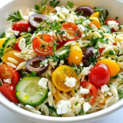 - 1 cup orzo pasta - 1 cup cherry tomatoes, halved - 1 cucumber, diced - 1/2 red onion, finely chopped - 1/2 cup feta cheese, crumbled - 1/4 cup Kalamata olives, pitted and sliced - 1/4 cup fresh parsley, chopped - Zest and juice of 1 lemon - 3 tablespoons olive oil - 1 teaspoon honey - Salt and pepper to taste Gather these ingredients before you start. Each one adds a unique flavor to the salad. The orzo gives it a nice base, while the feta adds creaminess. Cherry tomatoes and cucumbers bring freshness. The olives and red onion add a nice bite. You can swap orzo with quinoa for a gluten-free option. Try using goat cheese instead of feta for a different taste. If you don’t have Kalamata olives, green olives work well. Fresh herbs like basil can replace parsley. Use lime juice if you’re out of lemons. Each serving has about 250 calories. You get 8 grams of protein and 12 grams of fat. The salad also offers good vitamins from the veggies. It’s a balanced meal that is both light and filling. Pair it with grilled chicken for extra protein. {{ingredient_image_1}} Start by boiling water in a large pot. Add a pinch of salt to the water. Once it boils, add 1 cup of orzo pasta. Cook the pasta according to the package instructions, usually about 8-10 minutes. Stir the pasta occasionally to prevent it from sticking. When it's done, drain the orzo in a colander. Rinse it under cold water to cool it down. This step helps keep the pasta firm and fresh. In a big mixing bowl, combine the cooled orzo with other fresh ingredients. Add 1 cup of halved cherry tomatoes, 1 diced cucumber, and 1/2 finely chopped red onion. Crumble in 1/2 cup of feta cheese for that rich flavor. Toss in 1/4 cup of sliced Kalamata olives and 1/4 cup of chopped fresh parsley. Mix everything gently to combine all the flavors well. This salad is colorful and packed with nutrients. Take a small bowl and whisk together the dressing. Start with the zest and juice of 1 lemon. Add 3 tablespoons of olive oil for richness. Mix in 1 teaspoon of honey to balance the tartness. Finally, season with salt and pepper to taste. Whisk until the dressing is smooth and well blended. Pour the dressing over the salad mixture. Toss everything together gently until all the ingredients are coated. Let the salad sit for about 10-15 minutes before serving. This wait allows the flavors to blend nicely. To boost the taste of your Lemon Feta Orzo Salad, use fresh ingredients. Fresh herbs, like parsley, add a lot of flavor. You can also add more lemon juice or zest for a bright kick. Try mixing in some garlic for depth. If you like heat, add a pinch of red pepper flakes. This salad is all about balance, so taste as you go. Chilling your salad is key for great flavor. After mixing, cover the bowl and put it in the fridge. Let it chill for about 30 minutes. This helps all the flavors blend well. If you need to chill it faster, use a shallow dish. This will cool it down quickly. Just remember to toss it again before serving. Lemon Feta Orzo Salad is great on its own, but it pairs well with many dishes. Serve it with grilled chicken or fish for a full meal. You can also serve it alongside roasted veggies for a tasty side. If you want to impress guests, add it to a buffet. It looks colorful and fresh on any table. Pro Tips Use Fresh Ingredients: Fresh vegetables and herbs will elevate the flavor of your salad, making it taste vibrant and delicious. Chill Before Serving: Allowing the salad to sit for 10-15 minutes not only melds the flavors but also makes it refreshing when served cold. Customize Your Olives: Feel free to swap out Kalamata olives for green olives or any other variety you prefer for a different flavor profile. Make It Ahead: This salad can be made a few hours in advance, allowing the flavors to develop even further and making it perfect for meal prep. {{image_2}} You can make this salad heartier by adding protein. Grilled chicken is a great choice. It pairs nicely with the lemon and feta. Simply slice cooked chicken and mix it in. Shrimp also works well. Just sauté shrimp until pink and toss them in. For a quick option, use rotisserie chicken. This adds flavor without much work. To make this salad vegan, simply replace the feta cheese. Use a plant-based feta instead. You can also add chickpeas for protein. They give a nice texture and flavor. Swap honey for maple syrup to keep it sweet. This way, the salad remains fresh and tasty while being vegan-friendly. Changing ingredients with the seasons can keep this salad exciting. In summer, add sweet corn or diced bell peppers. In fall, try roasted butternut squash for a warm touch. You can also use fresh herbs like basil or mint in spring. These swaps add variety and keep your taste buds happy. To keep your Lemon Feta Orzo Salad fresh, store it in an airtight container. This helps prevent the salad from drying out or absorbing other smells in the fridge. If you have leftovers, make sure to separate the dressing from the salad. This keeps the salad crisp. You can add the dressing just before serving. When stored properly, this salad lasts about 3 to 5 days in the fridge. However, the texture may change as time goes on. The vegetables can become soft, and the feta may lose some flavor. If you see any signs of spoilage, it’s best to throw it out. Always trust your senses! Freezing is not the best option for this salad. The orzo and veggies may become mushy when thawed. However, if you want to freeze it, do so without the dressing. Store it in a freezer-safe bag or container for up to 2 months. When ready to eat, thaw it in the fridge overnight. Add fresh dressing before serving to revive its taste. Orzo is a small, rice-shaped pasta. It cooks quickly and has a nice texture. You can use orzo in salads, soups, and casseroles. In this salad, it adds a hearty base. The orzo absorbs the flavors of the lemon and feta well, making every bite tasty. Yes, you can make this salad ahead of time. It tastes great after sitting in the fridge for a few hours. If you plan to serve it later, mix the salad ingredients but keep the dressing separate. This way, the salad stays fresh and crisp. Just add the dressing before you serve it. To make this salad gluten-free, swap the orzo with gluten-free pasta. Many brands offer gluten-free orzo made from rice or corn. Cook it just like regular orzo. The rest of the ingredients stay the same. You will still enjoy all the flavors without gluten. This blog post covers everything about Lemon Feta Orzo Salad. We looked at the ingredients, substitutions, and nutritional value. I shared step-by-step cooking instructions and tips to enhance flavors. We explored variations to fit your taste and needs. Finally, I provided storage info and answered common questions. Making this salad is simple and flexible. With your new skills, you can impress friends and family. Enjoy creating delicious meals that everyone will love!
